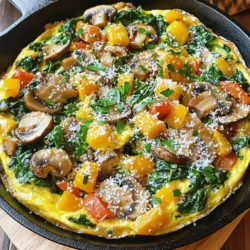 - 6 large eggs - 1 cup fresh spinach, finely chopped - 1 cup mushrooms, sliced (preferably cremini or button) - 1/2 cup onion, diced - 1/2 cup bell pepper, diced (any color) - 1/4 cup grated Parmesan cheese - 1/4 cup milk - 2 tablespoons olive oil - Salt and pepper to taste - Fresh herbs (like parsley or basil) for garnish You need a few key items to make a tasty mushroom spinach frittata. Start with eggs. They form the base of this dish. Fresh spinach adds color and nutrients. Mushrooms bring a rich, earthy flavor. You can use cremini or button mushrooms. Both work great. Onions and bell peppers add a sweet crunch. Use any bell pepper color that you like. Parmesan cheese gives a salty kick. Milk keeps the frittata soft and creamy. Olive oil helps cook the veggies and adds flavor. Don't forget salt and pepper to season your dish. Fresh herbs, like parsley or basil, make a lovely garnish. - Garlic (minced) - Different cheese options (feta, cheddar, etc.) - Additional vegetables (zucchini, asparagus) If you want more flavor, try adding garlic. Minced garlic gives a nice aroma. You can also swap the cheese for feta or cheddar. Each cheese has a unique taste. Want to mix it up? Add other veggies like zucchini or asparagus. They add freshness and crunch. These extra ingredients help you create a frittata that matches your taste. For the full recipe, check out the complete guide. To make your mushroom spinach frittata, start by chopping the spinach and veggies. Use a sharp knife for easy cutting. - For spinach, stack leaves, roll them tightly, and slice thinly. - Dice onions and bell peppers into tiny pieces for even cooking. When it comes to mushrooms, choose fresh ones. Look for firm, smooth skins. Avoid dark spots or wrinkled surfaces. Cremini and button mushrooms work best for flavor. Now, let’s sauté the vegetables. Heat olive oil in a large skillet over medium heat. Add diced onion and bell pepper first. Cook until they turn soft. This should take about five minutes. Next, add the sliced mushrooms. Stir them often until they brown. It takes about five minutes. Finally, toss in the chopped spinach. Cook until it wilts, which takes just two minutes. Don’t forget to season with salt and pepper! In a bowl, whisk together the eggs, milk, and grated Parmesan cheese. Mix until smooth for the best texture. Pour this egg mixture over your sautéed veggies in the skillet. Spread everything evenly. Before baking, cook on the stovetop for about two to three minutes. You want the edges to start setting. This step helps the frittata puff up nicely. Now, transfer the skillet to your preheated oven at 375°F (190°C). Bake for 12 to 15 minutes. The frittata is done when it puffs and sets in the middle. Check by inserting a toothpick; it should come out clean. Let it cool for a few minutes before slicing. Garnish with fresh herbs like parsley or basil. Enjoy your delicious mushroom spinach frittata! For the full recipe, refer to the detailed instructions above. To make a fluffy frittata, follow these tips: - Use fresh eggs. They make your frittata light and airy. - Whisk the eggs well. This adds air and helps them puff up. - Cook on low heat at first. This gives the edges time to set. Avoid overcooking to keep it moist. Check the frittata often. It should be slightly jiggly in the center when you take it out. Let it rest for a few minutes before slicing. This helps it firm up. Pair your frittata with fresh fruit or a light salad. These sides add color and freshness. A dollop of sour cream or a splash of hot sauce can also enhance flavor. For presentation, slice the frittata into wedges. Garnish with fresh herbs for a pop of color. Serve on a nice plate to impress your guests. You can store leftover frittata in the fridge for up to three days. Place it in an airtight container to keep it fresh. When reheating, use a microwave or oven. Heat it gently to avoid drying it out. A few minutes in a 350°F oven works well, keeping the texture nice. For the full recipe, check the details provided earlier. {{image_2}} You can easily change your frittata to fit your tastes. Try adding other vegetables, like kale or tomatoes. They add color and nutrition. Fresh herbs also help boost flavor. Consider using basil, thyme, or dill for a fresh twist. If you enjoy meat, add cooked bacon or sausage. These give a hearty taste. You can also use chicken or ham for a protein-rich option. Don't be shy to mix different meats to create your perfect frittata. For those who love heat, add jalapeños or a dash of hot sauce. Spice can elevate your dish in a fun way. You can also try different seasonings, like cayenne or smoked paprika, to bring out bold flavors. For the full recipe, check the details above and enjoy your cooking! To keep your Mushroom Spinach Frittata fresh, use airtight containers. Glass or plastic containers work well. Make sure the frittata cools before sealing. This helps avoid moisture buildup. Store it in the fridge for up to three days. If you want to keep it longer, freezing is a great option. Freezing frittata is simple. Follow these steps: 1. Let the frittata cool completely. 2. Cut it into individual slices. 3. Wrap each slice in plastic wrap. 4. Place wrapped slices in a freezer bag. 5. Label the bag with the date for easy tracking. To defrost, move a slice to the fridge for a few hours or overnight. For quick defrosting, use the microwave. Reheat slices in the microwave or oven until warm. Aim for a safe internal temperature of 165°F (74°C). Enjoy your delicious, ready-to-eat frittata anytime! For the full recipe, refer to the earlier section. To boost flavor, add fresh herbs like basil and parsley. You can also try spices like paprika or chili powder. Garlic adds a nice kick too. If you enjoy cheese, consider mixing in feta or goat cheese. These additions make your frittata more exciting. Don't shy away from experimenting with different flavors! Yes, you can! If you want to avoid eggs, try using silken tofu. Blend it until smooth and use about 1/4 cup per egg. You can also use chickpea flour mixed with water. This option gives a nice texture. Just remember to adjust seasoning as needed for taste. Parmesan is a great choice for its salty flavor. Feta adds a tangy note, while cheddar provides a rich taste. Goat cheese gives a creamy texture and pairs well with veggies. For a milder option, use mozzarella. Mix and match to find your favorite cheese combo! You can find the full recipe for our Mushroom Spinach Frittata [here](#). In this blog post, we explored how to make a delicious mushroom spinach frittata. We covered essential and optional ingredients that add flavor and texture. I shared step-by-step instructions and helpful tips for cooking and serving. Variations allow you to customize the dish, and I included storage details for leftovers. With this knowledge, you can create a tasty frittata any time. Experiment with flavors and enjoy the process! Happy cooking!