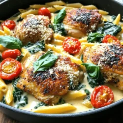 - 4 boneless, skinless chicken thighs - 2 tablespoons olive oil - 1 teaspoon garlic powder - 1 teaspoon Italian seasoning - Salt and pepper to taste - 1 cup cherry tomatoes, halved - 1 cup fresh spinach - 1 cup heavy cream - 1 cup chicken broth - ½ cup grated Parmesan cheese - 1 teaspoon red pepper flakes (optional) - 12 oz penne pasta To make One-Pot Creamy Tuscan Chicken, gather these ingredients first. The chicken thighs are the star of the dish. They stay juicy and tender when cooked. Olive oil adds flavor and helps in browning the chicken. Garlic powder and Italian seasoning give it a great taste. Next, the cherry tomatoes and fresh spinach add color and nutrition. Heavy cream makes the sauce rich and creamy. Chicken broth adds depth. Parmesan cheese brings a nutty flavor. Red pepper flakes give a hint of heat, but you can skip them if you want. Finally, the penne pasta rounds out the meal. - Additional grated Parmesan - Fresh basil leaves Garnishing is key for presentation. Extra Parmesan gives a creamy finish. Fresh basil adds a pop of green and freshness. These toppings make your dish not just tasty, but beautiful too. For the full experience, check out the Full Recipe. - Seasoning the chicken thighs First, take your chicken thighs and season them well. Use garlic powder, Italian seasoning, salt, and pepper. This step adds a lot of flavor. Make sure to coat each piece evenly. - Searing the chicken Next, heat the olive oil in a large pot. Once hot, add the chicken thighs. Sear them until they turn golden brown. This should take about 5-6 minutes on each side. Once done, remove the chicken and set it aside. - Sautéing cherry tomatoes In the same pot, add the halved cherry tomatoes. Sauté them for 2-3 minutes. They'll soften and release their juices. This adds a sweet flavor to your sauce. - Adding spinach and simmering broth Now, stir in the fresh spinach. Cook it until it wilts, which takes about 1-2 minutes. After that, pour in the chicken broth and bring it to a simmer. This step will build the base of your sauce. - Incorporating cream and cheese Once simmering, add the heavy cream and grated Parmesan cheese. If you like some heat, toss in red pepper flakes. Stir everything together well. The sauce should start to thicken. - Cooking pasta with chicken Finally, add the penne pasta into the pot. Make sure it's submerged in the sauce. Place the seared chicken thighs back on top. Cover the pot and cook on low heat for 15-20 minutes. The pasta should be tender, and the chicken will be fully cooked. This One-Pot Creamy Tuscan Chicken recipe is simple, yet it delivers fantastic flavors with minimal cleanup. For the complete recipe, check the [Full Recipe]. To make your dish extra creamy, choose heavy cream. It blends well with flavors and adds richness. If you want a lighter option, you can use half-and-half. This will still give you a nice creaminess. Adjusting cheese is key for perfect flavor. Use fresh grated Parmesan. It melts better than pre-grated cheese. You can mix in other cheeses like mozzarella for a different taste. Just add it in the last few minutes of cooking. To ensure your chicken is cooked just right, check the internal temperature. It should reach 165°F. Use a meat thermometer for best results. This ensures your chicken stays juicy and safe to eat. If you prefer other cooking methods, you can grill or bake the chicken. Grilling will add a smoky flavor. Baking keeps it tender. Just remember to adjust cooking time if you change methods. For the full recipe, check the earlier section. Enjoy your cooking! {{image_2}} You can make this dish even better by adding vegetables. Try bell peppers, zucchini, or broccoli. They add color and crunch. You can toss them in right after the chicken. Sauté them until tender before you add the cream. You can also think about using seasonal veggies. Fresh asparagus in spring or butternut squash in fall can change the dish. Just remember to adjust the cooking time so they stay crisp. If you want to switch up the protein, shrimp or sausage works well. For shrimp, add them after the tomatoes but before the cream. Cook them until they turn pink. For sausage, slice it and brown it along with the chicken. If you prefer a vegetarian option, mushrooms are a great choice. Use cremini or portobello for a meaty texture. Sauté them with the tomatoes for a rich flavor. This way, you keep the dish exciting and tasty. Check out the Full Recipe for more ideas! To store leftovers, let the dish cool first. Place it in an airtight container. This keeps it fresh for up to three days. I recommend using glass containers. They do not absorb smells and are easy to clean. For reheating, the best methods are the stovetop or microwave. On the stovetop, use low heat. Stir often to keep it creamy. If using the microwave, heat in short bursts. Stir in between to avoid hot spots. Adding a splash of cream can help maintain creaminess. This keeps the dish rich and smooth. Enjoy your leftovers just as much as the first meal! How to make One-Pot Creamy Tuscan Chicken gluten-free? You can make this dish gluten-free by using gluten-free pasta. Many brands offer great options that taste just as good. Just be sure to check the package for cooking times, as they may differ from regular pasta. Can I use frozen chicken thighs for this recipe? Yes, you can use frozen chicken thighs. However, it’s best to thaw them first. This helps them cook evenly and makes the dish more flavorful. What can I serve with One-Pot Creamy Tuscan Chicken? This dish pairs well with a simple green salad or steamed vegetables. You might also enjoy garlic bread or a light pasta side. How long does it take to make One-Pot Creamy Tuscan Chicken? This dish takes about 35 minutes total. You’ll spend 10 minutes prepping and 25 minutes cooking. It’s quick and perfect for busy nights. Can I make this dish ahead of time? Yes, you can make it ahead. Cook the dish, let it cool, and store it in the fridge. Reheat it when you’re ready to enjoy. Is it possible to freeze One-Pot Creamy Tuscan Chicken? Yes, this dish freezes well. Just let it cool completely before transferring it to a freezer-safe container. When you’re ready to eat, thaw it in the fridge and reheat on the stove. For the complete recipe, check out the Full Recipe. This blog post covered how to make One-Pot Creamy Tuscan Chicken with various ingredients. You learned about key steps, storage tips, and answers to common questions. The dish is simple and can be adjusted to fit your taste. Incorporate your favorite veggies or use shrimp for a twist. Enjoy this easy, flavorful meal any time!
