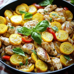 - 2 boneless, skinless chicken breasts, diced - 2 medium summer squashes, sliced into half-moons - 1 medium red bell pepper, diced - 1 small onion, thinly sliced - 3 cloves garlic, minced - 1 teaspoon Italian seasoning - ½ teaspoon smoked paprika - 2 tablespoons olive oil - Salt and pepper to taste - Fresh basil leaves for garnish How to properly measure ingredients Measuring ingredients correctly helps your dish taste great. Always use dry measuring cups for solids and liquid measuring cups for liquids. When measuring dry items, like flour, spoon it into the cup and level it off with a knife. This method keeps your dish from being too dry or too wet. Importance of fresh herbs Fresh herbs add bright flavor. Use fresh basil for this skillet dish. Dried herbs can work, but they often lack the vibrant taste of fresh. If you can grow herbs at home, it’s easy to have them on hand. Just a little fresh basil can change your meal from good to great. First, heat the skillet over medium heat. Add two tablespoons of olive oil. Let the oil get hot. Next, add the diced chicken. Season the chicken with salt, pepper, Italian seasoning, and smoked paprika. Cook the chicken for about 5 to 7 minutes. Stir it occasionally until the chicken is browned. Ensure the chicken is cooked through and no longer pink inside. After cooking the chicken, take it out of the skillet. Place it on a plate and set it aside. In the same skillet, add the thinly sliced onion and diced red bell pepper. Sauté these for about 3 to 4 minutes. You want them to start softening. Next, add the minced garlic and sliced summer squash. Cook these together for another 5 to 7 minutes. Stir often until the squash is tender but still bright in color. Now, return the cooked chicken to the skillet. Mix all the ingredients well. Allow everything to cook for an additional 2 to 3 minutes. This will heat everything through. Taste and adjust the seasoning with more salt or pepper as needed. Once done, remove from heat and garnish with fresh basil leaves. Enjoy your flavorful chicken and summer squash skillet! You can find the Full Recipe for detailed steps. To cook juicy chicken, start with fresh chicken breasts. Cut them into small, even pieces. This helps them cook evenly. Season them well with salt, pepper, Italian seasoning, and smoked paprika. Use medium heat to avoid burning. Cook until they are golden brown and no longer pink inside. For tender summer squash, cut them into half-moons. This shape helps them cook quickly. Add them to the skillet after the onion and bell pepper. Cook just until they are bright and soft, about five to seven minutes. Don't rush this step, as overcooking will make them mushy. One common mistake is overcooking the vegetables. This can lead to a loss of flavor and texture. Always keep an eye on them. They should be soft but still vibrant. Another mistake is not seasoning at each step. Season your chicken before cooking, then the veggies as they sauté. This builds layers of flavor, making your dish shine. For herbs, fresh basil is a great choice. It adds a pop of color and flavor. You can also try parsley or rosemary for a different taste. When serving, arrange the chicken and squash on a large plate. Drizzle with a little extra olive oil for shine. This makes your dish look as good as it tastes. For a fun touch, add a sprinkle of crushed red pepper for a bit of heat. This enhances the overall flavor and visual appeal. {{image_2}} You can change the vegetables in this dish. Try using zucchini or bell peppers. Both add great flavors and colors. You can also replace the chicken with shrimp or tofu. Shrimp cooks fast and adds a nice taste. Tofu absorbs flavors well and is a great option for vegans. Want to boost the taste? Consider adding cheese or nuts. Feta cheese brings a salty kick, while pine nuts add crunch. You can also add more spices if you like heat. Red pepper flakes or cayenne pepper work well to spice things up. This dish pairs well with rice, pasta, or salads. Rice soaks up all the juice and makes each bite tasty. Pasta adds a different texture and makes it filling. For drinks, try iced tea or a light white wine. Both refresh your palate and enhance the meal. After cooking, let the Chicken and Summer Squash Skillet cool. Place it in an airtight container. This keeps your food fresh and safe. Store it in the fridge for up to three days. If you want to keep it longer, freezing is a good option. To freeze, use a freezer-safe container. Make sure to leave some space for expansion. You can freeze it for about three months without losing flavor. When you are ready to eat your leftovers, use a few methods to reheat. The best way is to use a skillet. Heat it over medium heat, add a splash of water or broth, and cover. This keeps the chicken moist. Stir occasionally until it’s heated through. You can also use the microwave. Place the dish in a microwave-safe bowl and cover it. Heat in short bursts, stirring between each, until warm. To avoid dry chicken, don't overheat it. Always check the temperature. You want it warm but not hot enough to dry out. Enjoy your meal just like it was fresh! Yes, you can meal prep this dish. Cook the chicken and squash first, then cool them down. Store them in airtight containers in the fridge. You can reheat them in a skillet or microwave. This dish tastes great even after a day or two. Just make sure to add fresh herbs before serving to keep it bright. Yes, this recipe is gluten-free. Just check your spices to ensure they are gluten-free. For a quick swap, you can use tamari instead of soy sauce if you want a savory touch. This way, everyone can enjoy it, even those with gluten sensitivities. You can serve this dish with many sides. Here are a few ideas: - Quinoa or rice for a hearty option - A fresh green salad to add crunch - Crusty bread to soak up the juices - Steamed broccoli for a colorful plate You can find the complete details in the Full Recipe. This will guide you through each step for perfect results. This blog post walks you through making a tasty Chicken and Summer Squash Skillet. We covered all the ingredients, measuring tips, and cooking steps. You now have an easy recipe with practical advice to avoid common mistakes. Try swapping ingredients or adding spices to cater to your taste. Remember, proper storage and reheating keep your dish fresh. Enjoy cooking and sharing this meal with friends and family for a delightful experience!