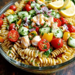 - 8 oz rotini pasta - 1 cup cooked crab meat (lump crab preferred) - 1/2 cup cherry tomatoes, halved - 1/2 cup cucumber, diced - 1/4 cup red onion, finely chopped - 1/4 cup bell pepper, diced (preferably red or yellow) - 1/4 cup fresh parsley, chopped For a great crab pasta salad, the main ingredients are key. I love using rotini pasta because its twists hold the dressing well. You can choose lump crab meat for the best flavor and texture. Fresh veggies like cherry tomatoes and cucumbers add crunch and color. Red onion gives a nice bite, while bell peppers add sweetness. Fresh parsley brings a burst of flavor and brightens the dish. - 1/4 cup mayonnaise - 2 tablespoons Greek yogurt - 1 tablespoon Dijon mustard - 1 tablespoon lemon juice - Salt and pepper to taste - Optional: 1/2 teaspoon Old Bay seasoning The dressing is where the magic happens. I mix mayonnaise and Greek yogurt for creaminess. Dijon mustard adds a bit of tang, while lemon juice brightens it all up. Salt and pepper round out the flavor. If you want a classic touch, add Old Bay seasoning. This will give your salad a hint of coastal charm. For the full recipe, you can check out the details above. Start by boiling a large pot of salted water. The salt adds flavor to the pasta. Once the water boils, add 8 oz of rotini pasta. Cook it for about 8-10 minutes. You want the pasta to be al dente, which means it should be firm when bitten. Drain the pasta and let it cool. This is key so it doesn’t wilt the other ingredients later. While the pasta cools, prepare the dressing. In a small bowl, whisk together the mayonnaise, Greek yogurt, Dijon mustard, and lemon juice. If you like, add 1/2 teaspoon of Old Bay seasoning for a kick. Whisk until the mix is smooth and creamy. Then, add salt and pepper to taste. This dressing gives the salad a rich and zesty flavor. In a big mixing bowl, combine the cooled pasta and 1 cup of cooked crab meat. Next, toss in 1/2 cup of halved cherry tomatoes, 1/2 cup of diced cucumber, 1/4 cup of finely chopped red onion, 1/4 cup of diced bell pepper, and 1/4 cup of chopped fresh parsley. Pour the dressing over the mix. Gently toss everything together until the pasta and crab are well coated. For the best taste, cover the bowl with plastic wrap and chill it in the fridge for at least 30 minutes. This helps all the flavors blend perfectly. For the full recipe and more details, check out the [Full Recipe]. To ensure your pasta is perfectly cooked, start with plenty of salted water. Boil the water before adding the rotini pasta. Cook it for 8-10 minutes until it is al dente. This means the pasta should be firm but not hard. Drain the pasta in a colander and rinse it under cold water. This stops the cooking process and helps cool it down. When handling crab meat, you want to be gentle. Use your fingers or a fork to flake the crab. Avoid breaking it into tiny pieces. Lump crab meat has the best texture and flavor, so try to find that if you can. Make sure there are no shells left in the meat before adding it to your salad. Presentation is key. Serve your crab pasta salad in a large glass bowl. This shows off the bright colors of the ingredients. Garnish it with extra parsley leaves and lemon wedges. This not only looks nice but adds a fresh touch. You can serve the salad chilled or at room temperature. Chilling it for at least 30 minutes helps the flavors mix well. If you prefer a warm dish, let it sit out for a bit before serving. To add more flavor, think about using spices or herbs. Fresh dill or basil works well in this dish. You can also sprinkle a bit of Old Bay seasoning for a nice kick. Just remember, less is more. You want the crab's taste to shine. Using different types of pasta can also change the dish. Try bowtie or fusilli for fun shapes. Each type can give your salad a unique look and texture. Don't be afraid to experiment! {{image_2}} You can swap the crab for other seafood. Shrimp or lobster work well. You can also use canned tuna in a pinch. For a plant-based option, try marinated artichoke hearts or tofu. Vegetables are easy to change too. Instead of cucumbers, use bell peppers or radishes. You can add peas or corn for extra color and crunch. You can choose between creamy or vinaigrette dressings. A creamy dressing works well with mayonnaise and yogurt. For a lighter taste, use olive oil and vinegar. Add fresh herbs for a flavor boost. Basil, dill, or cilantro can make your dish pop. You can also mix in spices like paprika or garlic powder for variety. To make the salad gluten-free, use gluten-free pasta. Many brands offer great options that taste just as good. If you're vegan, substitute dairy ingredients with plant-based options. Use vegan mayo and yogurt to keep it creamy. You can also add avocado for a rich texture. For storing crab pasta salad, choose airtight containers. Glass or plastic containers work well. They keep moisture in and air out. Make sure to let the salad cool before sealing it. This step prevents condensation, which can make your salad soggy. If you have leftovers, use smaller containers to keep portions fresh. You can store crab pasta salad in the fridge for up to three days. After this time, the flavors may fade, and the texture can change. Look for signs that your salad has spoiled. If it smells off or has a slimy texture, it’s time to toss it out. Always trust your senses when it comes to food safety. When serving leftovers, serve them cold for the best taste. If you prefer warm pasta salad, reheat it gently. To avoid sogginess, heat it in a pan over low heat. Stir slowly and add a splash of olive oil if it seems dry. This method keeps the pasta from clumping. Enjoy a delicious crab pasta salad with every bite! For the full recipe, check out the [Full Recipe]. You can make crab pasta salad up to a day ahead. Just follow these steps: - Cook the pasta and let it cool. - Prepare the dressing separately. - Mix everything except the dressing. - Store the salad in the fridge. - Add the dressing right before serving. This helps keep it fresh and tasty. Freezing crab pasta salad is not the best idea. Crab and veggies lose texture when frozen. If you must freeze it, follow these steps: - Use an airtight container. - Freeze it for no more than a month. - Thaw in the fridge overnight before eating. Be aware that the texture may change. Crab pasta salad pairs well with many sides. Here are some ideas: - Garlic bread for a crunchy bite. - A light green salad for freshness. - Fruit salad for a sweet touch. - Grilled shrimp for extra protein. These sides enhance your meal and create a balanced plate. To avoid sogginess, follow these tips: - Use al dente pasta, as it holds up better. - Make sure to cool the pasta before mixing. - Add dressing just before serving. - Store in an airtight container to keep moisture out. By following these steps, you'll have a fresh and crunchy salad every time. In this blog post, we explored how to make a tasty crab pasta salad. We covered the ingredients, step-by-step instructions, tips and tricks, and variations. You learned how to cook the pasta just right and whip up a delicious dressing. The salad can be customized with different flavors and swapped ingredients. Proper storage tips ensure it stays fresh, and we answered common questions. Enjoy making this dish that can impress anyone at your table! Keep it fun and fresh, and share it with friends!