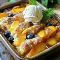 - 4 ripe peaches, peeled and sliced - 1 cup fresh blueberries - 1/2 cup sugar (adjust based on sweet peachiness) - 1 tablespoon lemon juice - 1 teaspoon vanilla extract - 1 teaspoon cinnamon - 1 cup all-purpose flour - 1 tablespoon baking powder - 1/2 teaspoon salt - 1/3 cup unsalted butter, melted - 3/4 cup milk - 1/2 cup brown sugar for topping - 1 teaspoon nutmeg - You can use frozen or canned peaches if fresh ones are not available. - Try raspberries or cherries to mix up the flavors. Using ripe peaches is key. They add a sweet and juicy taste. The bourbon gives the dish depth and warmth. It enhances the sweet flavors and adds a hint of spice. Just a splash will do. This drink adds a rich note that makes the cobbler stand out. For the best results, choose high-quality bourbon. You’ll love how it pairs with the fruit! For the full recipe, check out Peach Paradise Cobbler. - Preheat your oven to 350°F (175°C). - Grease an 8x8 inch baking dish with butter or cooking spray. In a large bowl, combine: - 4 ripe peaches, peeled and sliced - 1 cup fresh blueberries - 1/2 cup sugar (adjust based on sweet peachiness) - 1 tablespoon lemon juice - 1 teaspoon vanilla extract - 1 teaspoon cinnamon Gently toss the fruit. This helps the flavors blend. Let the mixture sit for about 10 minutes. This step allows the juices to come out and the fruits to sweeten. In a separate bowl, whisk together: - 1 cup all-purpose flour - 1 tablespoon baking powder - 1/2 teaspoon salt After mixing the dry ingredients, add: - 1/3 cup unsalted butter, melted - 3/4 cup milk Stir these until just combined. It's okay if some lumps remain. Overmixing can make the cobbler tough. Pour the batter evenly into your prepared baking dish. Next, spoon the peach and blueberry mixture on top. Allow some fruit to sink into the batter while leaving some on top. This makes for a nice presentation. In a small bowl, mix: - 1/2 cup brown sugar - 1 teaspoon nutmeg Sprinkle this over the fruit layer for added sweetness and spice. Bake in the preheated oven for about 45-50 minutes. Check for doneness by inserting a toothpick in the center. It should come out clean. Once baked, let it cool for about 10 minutes before serving. This helps the cobbler set up and makes it easier to cut. Enjoy your delicious Bourbon Peach Cobbler! For the complete recipe, check the Full Recipe. Add about 1 to 2 tablespoons of bourbon to your peach mix. This small amount brings a deep, warm flavor. Bourbon pairs well with spices like cinnamon and nutmeg. You can also try adding vanilla or almond extract for more depth. Serve your cobbler warm with a scoop of vanilla ice cream. Drizzle caramel sauce over the top for extra sweetness. Garnish with fresh mint leaves for a pop of color and freshness. This makes your dessert look beautiful and inviting. One common mistake is overmixing the batter. This can make your cobbler tough. Mix just until combined; it’s okay if there are lumps. Another mistake is using unripe or underripe peaches. Make sure your peaches are juicy and sweet for the best flavor. {{image_2}} You can switch up the fruits in this cobbler. Try using apples with warm cinnamon. This apple-cinnamon combo gives a cozy feel. You can also use seasonal berries. Blueberries, raspberries, or strawberries add a burst of color and flavor. Mixing different fruits makes it fun and fresh! If you need a gluten-free version, use gluten-free flour. It works well in this recipe. Look for a blend that includes xanthan gum for the best texture. You may need to bake it a bit longer. Keep an eye on it to ensure it stays moist and delicious. For a vegan treat, swap the butter and milk for plant-based options. Coconut oil or vegan butter works great. Use almond milk or oat milk for a creamy base. For sweeteners, maple syrup or agave nectar makes a nice touch. These changes keep the taste rich and the dessert kind to all diets. Feel free to explore the [Full Recipe] for more ideas! To keep your Bourbon Peach Cobbler fresh, let it cool first. Then, cover it tightly with plastic wrap. You can also use aluminum foil. Store it in the refrigerator. It stays good for up to three days. When you're ready to enjoy your cobbler again, try reheating it in the oven. Preheat your oven to 350°F (175°C). Place the cobbler in a baking dish. Cover it with foil to keep it moist. Heat for about 15-20 minutes. You can also use a microwave. Just heat it in short bursts to avoid drying it out. Serve it warm with a scoop of ice cream for a treat! You can freeze the cobbler if you want to save some for later. If you freeze it before baking, wrap it well in plastic wrap and then foil. Freeze for up to three months. When you’re ready to bake, no need to thaw! Just bake straight from the freezer, adding a few extra minutes to the time. If you freeze it after baking, let it cool completely first. Thaw it in the fridge overnight before reheating. Enjoy your cobbler anytime with these easy steps! If you want to swap out peaches, many fruits work well. You can use ripe nectarines for a similar taste. Plums add a nice touch with their tartness. Cherries can give a sweet and juicy flavor. Apples are also a great choice, especially if you like a firmer texture. Experimenting with berries like blueberries or raspberries can add a fun twist too. Just remember to adjust the sugar based on the sweetness of the fruit you choose. Yes, you can make this cobbler ahead of time. I recommend preparing the filling and batter separately. Store the filling in the fridge for up to two days. You can also mix the batter and keep it in the fridge for a short time. When you’re ready to bake, just combine and pour into your dish. This way, the flavors will meld and taste even better! You’ll know your cobbler is done when the top turns golden brown. A toothpick inserted into the center should come out clean. If you see wet batter, it needs more time. Keep an eye on it during the last few minutes of baking. If the edges look brown, but the center isn’t done, you can cover it loosely with foil. This helps the center cook without burning the edges. Adding nuts can boost flavor and texture! Walnuts or pecans work great in this cobbler. Chop them coarsely and mix them in with the fruit. You can also sprinkle some on top before baking. The nuts will toast and add a nice crunch. Just be careful if you are serving guests with nut allergies. Making a Bourbon Peach Cobbler is simple and rewarding. We covered key ingredients, preparation steps, and tips for the best flavor. You can mix and match fruits to fit your taste. Remember, ripe peaches and a hint of bourbon can elevate this dish. Store leftovers properly for fresh taste later. With some care, your cobbler will impress friends and family. Enjoy exploring variations and making this recipe your own!