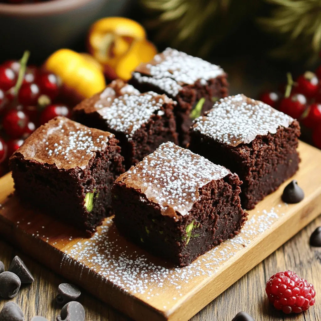 To make these brownies, you need: - 1 large zucchini (about 1 cup, grated) - ¾ cup almond flour - ¼ cup cocoa powder - ½ teaspoon baking soda - ¼ teaspoon salt These main ingredients create a rich base. The zucchini adds moisture without making it soggy. Almond flour gives a nutty flavor and a soft texture. Cocoa powder provides that deep chocolate taste we love. For sweetness and binding, gather: - ½ cup honey or maple syrup - ¼ cup unsweetened applesauce - 2 large eggs - 1 teaspoon vanilla extract Honey or maple syrup adds natural sweetness. Unsweetened applesauce keeps the brownies moist and rich. The eggs bind everything together while adding fluffiness. Vanilla extract enhances all the flavors, making them pop. If you want to elevate your brownies, consider adding: - ½ cup dark chocolate chips (for added richness) Dark chocolate chips make these brownies extra special. They melt into the batter, creating pockets of gooey chocolate. You can skip them, but I highly recommend including them for that decadent touch. For the full recipe, check out the guidelines provided above. - Preheat your oven to 350°F (175°C). Line an 8x8 inch baking pan with parchment paper. - Grate one large zucchini until you have about one cup. Use a clean towel to squeeze out the extra moisture. Set this aside. - In a mixing bowl, combine ¾ cup almond flour, ¼ cup cocoa powder, ½ teaspoon baking soda, and ¼ teaspoon salt. Whisk until they blend well. - In another bowl, beat ½ cup honey or maple syrup, ¼ cup unsweetened applesauce, 2 large eggs, and 1 teaspoon vanilla extract until smooth. - Fold the grated zucchini into the wet mixture gently until fully mixed. - Gradually mix the dry ingredients into the wet mixture. Stir carefully until just combined; don't overmix. - Pour the batter into the prepared pan. Smooth it out evenly with a spatula. - Bake in the preheated oven for 25-30 minutes. Check if a toothpick inserted in the center comes out clean. For the full recipe, including presentation tips and serving suggestions, refer to the complete guide. To get the best texture, you must drain the zucchini well. Start by grating the zucchini. Then, take a clean kitchen towel and squeeze the grated zucchini. This removes excess water and helps keep your brownies rich and moist. Do not skip this step, as too much moisture can make your brownies soggy. Using unsweetened applesauce is another key tip. It adds moisture while keeping the sugar content low. Applesauce also helps bind the ingredients and enhances the brownie’s softness. This is a great way to cut calories without losing flavor. When baking, knowing how to check for doneness is crucial. I recommend using a toothpick. Insert it into the center of the brownies. If it comes out clean, they are done. If there is wet batter, give them a few more minutes. Avoid overbaking to keep your brownies soft and chewy. Set a timer for 25 minutes and check them. If you bake too long, the brownies will dry out. Remember, they continue to cook a bit after you remove them from the oven. Cutting and serving your brownies can be fun. Try cutting them into small squares or rectangles for easy sharing. You can also use a sharp knife to create clean edges. For extra flair, garnish the brownies. Dust them with cocoa powder or powdered sugar. You can also add fresh berries on the side for color. These small touches make your brownies look professional and appetizing. For the full recipe, check out the complete guide on making Healthy Zucchini Brownies. {{image_2}} You can easily substitute almond flour in this recipe. If you need a gluten-free option, try using coconut flour. Use only half the amount of coconut flour, as it absorbs more moisture. You can also use oat flour, which gives a nice texture. Just make sure it's certified gluten-free. These options still keep your brownies rich and moist. If you want to lower the calories, consider using Stevia or monk fruit. These sweeteners are much sweeter than sugar, so use less. For example, if you normally use half a cup of honey, start with just a couple of tablespoons of Stevia. This change keeps the brownies sweet while reducing calories. To make your brownies even tastier, add spices. Cinnamon or nutmeg can bring out great flavors. You could also mix in nuts like walnuts or pecans for crunch. Dried fruits, like raisins or cranberries, work well too. They add a chewy texture that makes each bite exciting. To keep your brownies fresh, always store them in an airtight container. This prevents air from drying them out. If you want to stack them, place parchment paper between layers. This helps avoid sticking. You can store them at room temperature for up to 3 days. For longer freshness, keep them in the fridge for up to a week. If you want to save some brownies for later, freezing is a great option. First, let the brownies cool completely. Then, cut them into squares. Wrap each piece tightly in plastic wrap. Place the wrapped brownies in a freezer-safe bag or container. This keeps them from getting freezer burn. You can freeze them for up to 3 months. When you want to eat one, take it out and leave it at room temperature for about 30 minutes. To reheat your brownies, use the oven for best results. Preheat your oven to 350°F (175°C). Place the brownies on a baking sheet and cover them with foil. Heat for about 10 minutes. This keeps them moist. If you’re in a hurry, you can use the microwave. Heat a brownie for about 15-20 seconds. Be careful not to overheat, or it will dry out. Enjoy your rich and moist zucchini brownies! Yes, you can make these zucchini brownies vegan. Replace the eggs with flax eggs. To make a flax egg, mix 1 tablespoon of ground flaxseed with 2.5 tablespoons of water. Let it sit for 5 minutes until it thickens. For sweeteners, you can use maple syrup or agave nectar instead of honey. Both options will work well in this recipe. Each brownie has about 120 calories. This number can change based on the sweetener used and whether you add chocolate chips. The main ingredients, like zucchini and almond flour, help keep the calories low while adding nutrients. If you don't have almond flour, you can use oat flour or whole wheat flour. Oat flour will keep the brownies moist. Whole wheat flour adds fiber but may change the texture slightly. You can also use a gluten-free all-purpose flour if you prefer. To check if the brownies are done, insert a toothpick into the center. If it comes out clean or with a few moist crumbs, they are ready. If the toothpick has wet batter on it, bake for a few more minutes. Keep an eye on them to avoid overbaking. These zucchini brownies offer a tasty way to enjoy a healthier treat. We covered the essential ingredients, step-by-step prep, and creative variations to try. Don't forget the tips for moisture balance and proper storage. Each tweak can make these brownies just right for you. Get creative with your flavors and enjoy them fresh or stored for later. With these straightforward steps, you can bake a delicious batch that everyone will love. Enjoy this sweet treat while staying healthy!