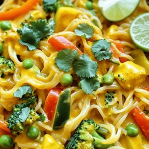 To make quick curry noodles, you need a few key items. Here’s the list: - 200g rice noodles - 1 tablespoon coconut oil - 1 onion, finely chopped - 2 garlic cloves, minced - 1 tablespoon curry powder - 1 teaspoon turmeric - 400ml coconut milk - 1 cup mixed vegetables (bell peppers, broccoli, peas) - 2 tablespoons soy sauce (or tamari for gluten-free) - Fresh cilantro for garnish - Lime wedges for serving - Salt and pepper to taste These ingredients create a rich flavor and creamy texture. Rice noodles cook quickly and soak up the curry well. Coconut oil adds a nice depth. Use fresh veggies for crunch. You can make these noodles even better with fun extras. Try adding: - Chopped green onions - Sliced chili peppers - Crushed peanuts - Sesame seeds These garnishes add color and flavor. They also give a nice crunch and freshness. Add them based on your taste. If you don’t have some ingredients, don’t worry! Here are swaps you can use: - Use vegetable oil instead of coconut oil. - Swap rice noodles for egg noodles or whole wheat. - Almond milk or soy milk can replace coconut milk. - Any vegetables you have on hand will work. These substitutions keep the dish tasty. You can create your own version of quick curry noodles. For the full recipe, check out the cooking instructions! Start by cooking the rice noodles. Follow the package directions carefully. This usually takes about 5-7 minutes. After they are soft, drain and rinse them under cold water. This stops the cooking process. Set them aside while you make the curry base. In a large pan, heat 1 tablespoon of coconut oil. Use medium heat to avoid burning. Add the finely chopped onion and sauté for about 3-4 minutes. You want the onions to turn clear. Next, add 2 minced garlic cloves, 1 tablespoon of curry powder, and 1 teaspoon of turmeric. Stir these in and cook for 1-2 minutes. This will release all the amazing smells. Now pour in 400ml of coconut milk and let it simmer gently. This creates a creamy base for your noodles. After the coconut milk simmers, add in 1 cup of mixed vegetables. I like to use bell peppers, broccoli, and peas. Cook these for about 5-7 minutes. You want them to be tender but still bright. Now, add the cooked rice noodles to the pan. Toss them gently to coat with the curry sauce. Stir in 2 tablespoons of soy sauce. Season with salt and pepper to your liking. Heat everything through for about 1-2 minutes. Serve hot, garnished with fresh cilantro and lime wedges. Enjoy this quick and tasty meal! For the full recipe, check out the details provided. To cook rice noodles just right, follow the package guide. Start by boiling water. Add the noodles and stir them gently. After about 3-5 minutes, check for doneness. They should be soft but still firm. Drain the noodles and rinse them under cold water. This step stops the cooking process and keeps them from sticking. For added flavor, toss them with a bit of oil. To make your Quick Curry Noodles special, focus on the spices. Use fresh garlic and onion for a strong base flavor. Adding ginger can bring warmth and zest. A squeeze of lime juice brightens the dish and balances the richness of coconut milk. You can also try a dash of chili flakes for heat. Serve with fresh cilantro to add a pop of color and freshness. To save time while cooking, prep all ingredients before starting. Chop veggies and measure spices ahead of time. This way, you won’t waste time searching for items. Use a large pan to cook everything at once. Stir things quickly to cook evenly. Cooking on medium heat helps keep everything moving without burning. You can have your meal ready in just 20 minutes with these tricks. For the full recipe, refer to the earlier section. {{image_2}} You can easily make Quick Curry Noodles vegan. Just swap the coconut milk for almond or cashew milk. Use gluten-free rice noodles to keep it gluten-free. Make sure your soy sauce is gluten-free too. This way, everyone can enjoy this dish without worry. Adding protein can make your meal even better. For a vegan option, try cubed tofu. Pan-fry it until golden and add it when you mix the noodles. If you prefer meat, chicken or shrimp works great too. Cook the chicken until it's no longer pink or the shrimp until they turn pink and curl. This will add flavor and make the dish more filling. You can use many types of vegetables in this dish. Try carrots, snap peas, or zucchini. Just cut them into bite-sized pieces. Cook them with the onions and garlic for full flavor. The more colorful your veggies, the prettier your dish will look. This also adds more nutrients, making your meal healthy and tasty. For the full recipe, check the section above! To store leftover curry noodles, first let them cool down. Place them in an airtight container. Make sure the container seals well to keep the noodles fresh. You can store them in the fridge for up to three days. This keeps them safe and tasty for your next meal. When you are ready to eat, take the noodles out. You can reheat them in a pan or microwave. If using a pan, add a splash of water or coconut milk. This helps keep them moist. Heat over low to medium heat until warm. If using a microwave, cover the bowl and heat for one to two minutes. Stir halfway through for even heating. If you want to save the curry noodles for later, freezing is a great option. Place the cooled noodles in freezer-safe bags. Remove as much air as possible before sealing. You can freeze them for up to two months. When you are ready to eat, thaw them in the fridge overnight. Then reheat as described above. This method keeps your meal prep easy and quick! For the complete recipe, check out the Full Recipe section. Quick Curry Noodles can last in the fridge for about 3 days. Store them in an airtight container. Before eating, check for any signs of spoilage. If they smell off or look strange, it’s best to throw them away. To keep them fresh, try to eat them sooner rather than later. Yes, you can use other types of noodles. While rice noodles are great, you might try egg noodles, udon, or even whole wheat pasta. Just remember to adjust the cooking time based on the type you choose. Each noodle brings its own taste and texture, making your dish unique. To spice up your curry noodles, add fresh chili peppers or chili flakes. You can also use a spicier curry powder. If you like heat, try adding a dash of hot sauce at the end. Taste as you go, so you get the flavor just right. Quick Curry Noodles offer a simple and tasty meal. We covered key ingredients, step-by-step instructions, and helpful tips. Variations make it easy to fit your diet, too. Remember to store leftovers well to enjoy later. With just a few swaps and tricks, you can create a dish that suits your taste. Whether you need a quick lunch or dinner, Quick Curry Noodles can save the day. Give it a try and enjoy the flavors!