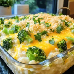 To make a tasty Cheesy Broccoli Rice Casserole, you need some key ingredients. Each one plays a big role in flavor and texture. Here’s what you will need: - 2 cups of cooked white or brown rice - 3 cups of fresh broccoli florets - 1 cup of shredded sharp cheddar cheese - 1 cup of cream of mushroom soup - 1/2 cup of milk - 1/2 teaspoon garlic powder - 1/2 teaspoon onion powder - 1/4 teaspoon black pepper - 1/2 teaspoon salt - 1/2 cup of breadcrumbs - 2 tablespoons melted butter - Optional: 1/4 cup grated Parmesan cheese for an extra cheesy topping Using the right amounts is key to a great casserole. Here are the suggested measurements for each ingredient: - Rice: Use 2 cups of cooked rice to form the base. - Broccoli: Three cups of broccoli adds color and nutrients. - Cheddar cheese: One cup gives that creamy, cheesy goodness. - Cream of mushroom soup: One cup adds moisture and flavor. - Milk: Half a cup helps blend everything together. - Spices: Use half a teaspoon of garlic powder and onion powder for depth. - Black pepper and salt: Add 1/4 teaspoon and 1/2 teaspoon, respectively, for seasoning. - Breadcrumbs and butter: Half a cup of breadcrumbs mixed with two tablespoons of butter creates a crispy topping. - Parmesan cheese: Add a quarter cup for extra flavor if you like. Sometimes, you might need to swap out ingredients. Here are some ideas: - Rice: Try quinoa or cauliflower rice for a low-carb option. - Cheese: Use dairy-free cheese for a vegan version. - Cream of mushroom soup: Swap with a homemade or store-bought vegan cream soup. - Milk: Almond or oat milk works well for dairy-free needs. - Breadcrumbs: Gluten-free breadcrumbs are great for those avoiding gluten. These substitutions can help you enjoy this dish no matter your dietary needs. For the full recipe, check the detailed instructions that follow. Start by gathering all your ingredients. You need cooked rice, broccoli, cheese, soup, and spices. In a large bowl, mix the cooked rice with the broccoli florets. Add the cheddar cheese, cream of mushroom soup, and milk next. Sprinkle in garlic powder, onion powder, black pepper, and salt. Stir everything well until it looks smooth. This step makes sure every bite is tasty. Now, pour the mixture into a greased baking dish. Spread it out evenly to avoid uneven cooking. This dish should be about 9x13 inches for the best results. Preheat your oven to 375°F (190°C). This ensures your casserole cooks evenly. Once the oven is ready, cover your baking dish with aluminum foil. Bake for 25 minutes to let all the flavors blend. After that, remove the foil to let the top brown. Bake for another 10-15 minutes until the top is golden and bubbly. This step gives the casserole a nice crunch on top. Once baked, take the casserole out and let it cool for a few minutes. This helps the dish set and makes it easier to serve. For a fun touch, you can add extra cheese or fresh parsley on top before serving. Serve it straight from the baking dish for a cozy feel. This cheesy broccoli rice casserole is sure to be a hit at your table. For the complete recipe, refer to the Full Recipe section. To boost the taste of your Cheesy Broccoli Rice Casserole, try adding spices. A pinch of cayenne can add warmth. A splash of lemon juice brings brightness. Fresh herbs like thyme or parsley can make it fresh. You can also use a mix of cheeses for more depth. If you have some garlic cloves, sauté them before adding to the mix. This can bring a rich, savory flavor to every bite. One common mistake is not cooking the rice fully. If it’s undercooked, the casserole can turn out hard. Overbaking is another issue; keep an eye on it after you remove the foil. You want the top golden, not burnt. Not seasoning enough can leave the dish bland. Always taste your mixture before baking. Lastly, don't skip the breadcrumbs. They add a nice crunch that balances the creamy texture. Serve this casserole hot from the oven. It pairs well with grilled chicken or fish. A fresh green salad can add a nice crunch. You can even serve it as a side dish for a holiday meal. For something simple, a slice of crusty bread works great too. If you want to make it special, drizzle some balsamic glaze on top. This will give the dish a sweet and tangy twist. For the full recipe, check out the [Full Recipe]. {{image_2}} You can make this dish gluten-free with a few simple swaps. Replace regular breadcrumbs with gluten-free breadcrumbs. You can find these in most grocery stores. Ensure your cream of mushroom soup is also gluten-free. Many brands offer this option. If you want to make your own soup, you can use cornstarch instead of flour as a thickener. This keeps your casserole creamy and delicious. Adding protein to your Cheesy Broccoli Rice Casserole boosts flavor and nutrition. You can use cooked chicken, tofu, or ham. If using chicken, shred or chop it into small pieces. For tofu, press it to remove water, then cube it. If you choose ham, diced pieces work best. Mix your protein choice into the casserole before baking. This makes it heartier and more filling. If you love spicy food, add some heat to your casserole. You can mix in diced jalapeños or red pepper flakes. Both add a nice kick. If you want a smoky flavor, try adding chipotle peppers in adobo sauce. Chop them finely and mix them in. This adds depth to the taste. Adjust the amount based on your heat preference. Enjoy exploring these spicy options! To keep your cheesy broccoli rice casserole fresh, let it cool first. Once cool, place it in an airtight container. This step helps stop moisture loss and keeps flavors locked in. Make sure to cover it well before storing it in the fridge. Leftovers can stay fresh for up to four days. If you want to save some for later, freezing is a great option. Divide the casserole into smaller portions. Use freezer-safe containers or bags for easy storage. You can freeze it for up to three months. When ready to eat, thaw it in the fridge overnight. Reheat in the oven at 350°F (175°C) until heated through, about 20-25 minutes. You can also microwave individual servings for quick meals. The shelf life of cheesy broccoli rice casserole depends on how you store it. In the fridge, it lasts about four days. If you freeze it, it can last up to three months. Always check for any off smells or changes in texture before eating. This way, you ensure your meal is both safe and delicious. You can prepare this casserole ahead of time. First, follow the recipe steps until you get to the baking part. Instead of baking, cover the dish and refrigerate it. You can store it for up to 24 hours. When ready to bake, heat your oven to 375°F (190°C). Bake the casserole for about 30-35 minutes, or until hot and bubbly. This makes it easy for busy nights. Yes, you can use frozen broccoli! It is a great option when fresh broccoli is not available. Just make sure to thaw and drain the frozen broccoli before mixing it into the casserole. You want to avoid excess water in the dish. This small step helps keep your casserole creamy and tasty. This casserole works well with many side dishes. Here are some ideas: - Grilled chicken or fish - A fresh garden salad - Roasted vegetables - Garlic bread These sides add variety and make your meal more complete. Yes, this casserole is vegetarian-friendly. It uses broccoli, rice, cheese, and soup, all of which are plant-based. If you want to keep it vegetarian, ensure your cream of mushroom soup does not contain meat products. This dish is a great choice for family dinners or potlucks. You can make a few simple swaps to make it healthier. Consider these options: - Use brown rice instead of white for more fiber. - Swap out regular cheese for low-fat cheese. - Use a low-sodium soup to cut down on salt. - Add more veggies like carrots or bell peppers for extra nutrients. These changes can help you enjoy this comfort food while keeping it nutritious. For the detailed recipe, check out the Full Recipe. This blog post shared all you need for a tasty Cheesy Broccoli Rice Casserole. We covered the must-have ingredients, helpful cooking steps, and fun tips to boost flavor. You learned about tasty variations like gluten-free or spicy options. Proper storage keeps your leftovers fresh and tasty. Remember, this dish is great for any meal. With these tips, you can enjoy a warm and comforting casserole any time. Keep experimenting and share your favorite twists!