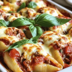 To make these tasty stuffed shells, gather the following ingredients: - 12 jumbo pasta shells - 1 pound ground beef - 1 cup ricotta cheese - 1 cup shredded mozzarella cheese - 1/2 cup grated Parmesan cheese - 1 egg - 2 cups marinara sauce - 2 cloves garlic, minced - 1 teaspoon Italian seasoning - Salt and pepper to taste - Fresh basil leaves for garnish Choosing the right ingredients makes a big difference. Here are my top tips: - Pasta: Look for sturdy jumbo shells. They should not be cracked or broken. - Ground Beef: Choose lean beef for less grease. Aim for 80/20 meat-to-fat ratio. - Cheese: Fresh ricotta is creamier than packaged. Pick mozzarella that is low-moisture for better melting. - Marinara Sauce: A good sauce should have a rich tomato flavor. Check for no added sugars. - Herbs: Fresh is best. If you must use dried herbs, ensure they are fragrant. If you’re missing some items, don’t worry. Here are some easy swaps: - Ground Beef: Try ground turkey or chicken for a lighter option. - Ricotta Cheese: Cottage cheese can work. Just blend it for a smoother texture. - Italian Seasoning: Use a mix of dried oregano and basil if you don’t have it. - Marinara Sauce: You can use Alfredo sauce for a creamy twist. - Cheese: Swap mozzarella for provolone or cheddar for a different taste. Feel free to experiment with these ingredients to suit your taste. For the full recipe, check the details above. To start, you need to cook the jumbo pasta shells. Bring a large pot of salted water to a boil. Add the shells and cook them until they are al dente. This usually takes about 10 to 12 minutes. Make sure to stir them gently so they don't stick. Once cooked, drain the shells and set them aside to cool slightly. This is key, as it helps prevent burns when you stuff them later. Next, you will cook the ground beef. Heat a large skillet over medium heat. Add the pound of ground beef to the skillet. Use a wooden spoon to break it apart as it cooks. Stir it until it turns brown. This should take about 5 to 7 minutes. Once browned, drain any excess fat. This keeps your dish from being too greasy. Let the beef cool for a few minutes before mixing it with the cheese. Now, it's time to make the cheese filling. In a mixing bowl, combine the cooked ground beef with ricotta cheese, half of the mozzarella cheese, and grated Parmesan cheese. Crack in one egg and add minced garlic, Italian seasoning, salt, and pepper. Use a fork to mix everything until it is well combined. This mixture is creamy and full of flavor. You are now ready to stuff the shells. For the full recipe, refer back to the instructions above. When making stuffed shells, avoid overcooking the pasta. You want them al dente. Overcooked shells can break easily. Also, don’t skip draining the beef. Excess fat makes the filling greasy. Lastly, be careful not to overstuff the shells. They need room to expand and cook. Seasoning is key for tasty stuffed shells. Use fresh garlic for a strong flavor. Italian seasoning adds warmth and depth. Always taste your filling before stuffing. If it lacks flavor, add more salt and pepper. Fresh basil can also brighten the dish. You can mix in crushed red pepper for heat, if you like. Stuffing shells can be fun. Use a spoon or a piping bag for easy filling. Be gentle to avoid tearing the shells. Place the stuffed shells open side up in the baking dish. This helps them stay filled while baking. Pour sauce gently over the top to avoid spills. For a golden finish, sprinkle extra cheese before baking. For more details and instructions, check out the Full Recipe. {{image_2}} You can easily swap ground beef with a plant-based meat alternative. Options like lentils or mushrooms work well. They provide rich flavor and texture in the filling. You can also use crumbled tofu. This adds protein without meat. Many people enjoy the taste of these substitutes. Adding vegetables boosts nutrition and flavor in your stuffed shells. Spinach, zucchini, and bell peppers are great choices. Chop them finely and mix them with the cheese filling. They add color and moisture, making each bite delightful. Roasting the veggies first can enhance their taste. Cheese is vital in stuffed shells. While ricotta and mozzarella are classics, feel free to mix things up. You can add goat cheese for a tangy kick. Feta cheese can add a salty touch. Mixing different cheeses creates a unique flavor profile. Experiment with what you love! For the full recipe, check out the full recipe. To store leftover stuffed shells, let them cool first. Place them in an airtight container. Make sure to layer the shells with marinara sauce to keep them moist. This helps prevent drying out. You can keep them in the fridge for up to three days. If you want to enjoy them later, freezing is a great option. When you’re ready to eat your leftovers, preheat your oven to 350°F (175°C). Place the stuffed shells in a baking dish. Add a little marinara sauce on top to keep them moist. Cover the dish with foil to trap heat and steam. Bake for about 20 minutes, or until heated through. You can also use a microwave. Just place a few shells on a plate and heat them for 2-3 minutes. To freeze stuffed shells, prepare your dish as usual but do not bake it. After stuffing the shells, place them in a single layer in a baking dish. Cover with plastic wrap and then foil to keep air out. This helps keep the shells fresh. You can freeze them for up to three months. When ready to serve, bake from frozen at 375°F (190°C) for about 45 minutes, covered. Then remove the cover and bake until the cheese is bubbly. Enjoy a delicious meal anytime! Yes, you can make stuffed shells in advance. Prepare the shells and the filling. Stuff the shells and place them in a baking dish. Cover them with sauce and wrap them well. Store them in the fridge for up to two days. When ready to eat, bake them straight from the fridge. Just add a few extra minutes to the cooking time. This makes dinner easy on busy nights. Stuffed shells go well with many sides. Here are some great options: - Garlic bread for a crunchy bite - A fresh garden salad for a pop of color - Steamed vegetables like broccoli or green beans - A light Caesar salad for a tasty twist These sides balance the meal and add more flavors and textures. To make stuffed shells gluten-free, choose gluten-free pasta shells. There are many brands available now. Check the labels to ensure they are certified gluten-free. You can also make your own shells with gluten-free flour. The filling can stay the same. Just ensure all your ingredients are gluten-free. This way, everyone can enjoy your delicious stuffed shells. You learned how to make delicious stuffed shells with ground beef. Starting with quality ingredients is key. Choosing the right pasta and cheese makes a big difference. I shared tips for preparing, stuffing, and cooking these shells just right. Mistakes can happen, but now you know how to avoid them. You can even switch up the recipe with veggies or different cheeses. Whether storing leftovers or freezing for later, you'll be set. Enjoy your meal!