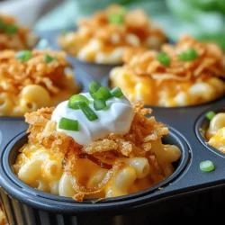 To make Loaded Mac and Cheese Football Cups, you need these main items: - 2 cups elbow macaroni - 2 tablespoons butter - 2 tablespoons all-purpose flour - 2 cups milk - 2 cups sharp cheddar cheese, shredded - 1 cup mozzarella cheese, shredded - 1 teaspoon garlic powder - 1 teaspoon onion powder - 1/2 teaspoon smoked paprika - Salt and pepper to taste The elbow macaroni forms the base of our dish. It holds the rich cheese sauce well. The butter and flour create a roux, which helps thicken the sauce. Milk adds creaminess, while cheddar and mozzarella give that gooey texture we love. You can add extra toppings to enhance flavor and texture: - 1/2 cup cooked and crumbled turkey sausage (optional) - 1/4 cup green onions, sliced - 1/4 cup sour cream - 1/4 cup crispy fried onions (for topping) Turkey sausage adds protein and a savory bite. Green onions offer a fresh touch, and sour cream provides a creamy contrast. Crispy fried onions add crunch and flavor. Here’s what you need to cook these tasty cups: - Mini muffin tin - Cooking spray or butter for greasing The mini muffin tin shapes the cups perfectly. Greasing it ensures easy removal after baking. For the complete recipe, check the [Full Recipe]. Start by boiling a large pot of salted water. Add 2 cups of elbow macaroni to the pot. Cook the pasta according to the package directions, usually around 7-8 minutes. You want it al dente, so it holds up when baked. Drain the pasta in a colander and set it aside. This step is key. Properly cooked pasta ensures your Loaded Mac and Cheese Football Cups will be delicious. In the same pot, melt 2 tablespoons of butter over medium heat. Once melted, whisk in 2 tablespoons of all-purpose flour to create a roux. Cook this for about 1-2 minutes until it turns light golden. Next, gradually whisk in 2 cups of milk. Stir constantly until the sauce thickens and is smooth, which should take about 3-5 minutes. Lower the heat and add 2 cups of sharp cheddar cheese and 1 cup of mozzarella cheese. Also mix in 1 teaspoon of garlic powder, 1 teaspoon of onion powder, and 1/2 teaspoon of smoked paprika. Season with salt and pepper to taste. Stir until the cheese melts and the sauce is creamy. This sauce is what makes your mac and cheese rich and tasty. Now it’s time to mix! Fold the cooked elbow macaroni into the cheese sauce. Make sure every piece of pasta is well coated. If you want to add some protein, mix in 1/2 cup of cooked and crumbled turkey sausage. This step adds flavor and makes your cups even heartier. Preheat your oven to 350°F (175°C). Grease a mini muffin tin with cooking spray or butter. Using a spoon or small cookie scoop, fill each muffin cup with the mac and cheese mixture. Press down slightly to pack it into each cup. Bake in the oven for 15-20 minutes until the tops are golden brown and slightly crisp. The baking time is crucial; it helps achieve that perfect texture. Once baked, let them cool for a few minutes, then garnish each cup with a dollop of sour cream, a sprinkle of crispy fried onions, and sliced green onions. These tasty bites will impress everyone at your Super Bowl party! Check out the Full Recipe for more details! To make the creamiest cheese sauce, start with a roux. Melt the butter in a pot. Then, whisk in the flour. Cook for one to two minutes until it turns light brown. Gradually add milk while stirring. Keep mixing until the sauce thickens, which takes about three to five minutes. For the best flavor, choose sharp cheddar and mozzarella. Stir in the cheese until it melts completely. This gives you a rich, creamy sauce that coats the pasta perfectly. When filling the muffin tin, it helps to use a small scoop or spoon. This keeps your cups even. Fill each muffin cup with the mac and cheese mixture. Press it down gently as you fill. This ensures they hold together when baked. Don’t overfill; leave a little space for the topping. This makes sure they bake evenly without spilling over. To monitor the baking process, set a timer for 15 minutes. Check the cups after this time. You want the tops to be golden brown and slightly crisp. If they need more time, check every couple of minutes. This helps avoid overbaking. Once they are ready, let them cool for a few minutes before serving. This helps them set and makes them easier to remove from the tin. Remember, for the full recipe, refer to the previous sections. {{image_2}} You can mix up the cheese for your Loaded Mac and Cheese Football Cups. While sharp cheddar and mozzarella are great, try these options: - Monterey Jack: This cheese melts well and adds a mild flavor. - Pepper Jack: Adds a spicy kick for those who enjoy heat. - Gouda: Offers a smooth and creamy taste that enhances richness. - Parmesan: A sprinkle on top adds a nice, salty finish. To make a meat-free version, skip the turkey sausage. You can add more veggies instead. Here are some ideas: - Spinach: Fresh or frozen, it adds color and nutrients. - Mushrooms: Sautéed mushrooms bring umami and texture. - Bell Peppers: Diced bell peppers add sweetness and crunch. - Zucchini: Grated zucchini mixes in well and adds moisture. Want to boost the flavor? Add some spices and extra ingredients: - Mustard Powder: Just a pinch can add depth to the cheese sauce. - Hot Sauce: A few drops can spice things up. - Bacon Bits: These can add a savory crunch if you want meat. - Fresh Herbs: Chopped parsley or chives brighten the dish. These variations keep the recipe fresh and fun. You can explore new tastes while enjoying the classic comfort of mac and cheese! Check out the Full Recipe for more details on how to make these delicious cups. To keep your Loaded Mac and Cheese Football Cups fresh, follow these steps: - Cool Down: Let the cups cool completely at room temperature. - Use Airtight Containers: Place them in a clean, airtight container. - Refrigerate: Store in the fridge for up to 3 days. This keeps them tasty and safe to eat. When you want to enjoy your leftovers, follow these tips: - Oven Method: Preheat your oven to 350°F (175°C). Place the cups on a baking sheet. Bake for about 10-15 minutes. This warms them through and keeps them crispy. - Microwave Method: If you're in a hurry, use a microwave. Heat each cup on a microwave-safe plate for about 30 seconds to 1 minute. Check to make sure they are hot all the way through. If you want to save some for later, freezing is a great option: - Cool Completely: Make sure the cups are fully cooled before freezing. - Use Freezer Bags or Containers: Place them in freezer-safe bags or containers. Remove as much air as possible to avoid freezer burn. - Label and Date: Write the date on the bag or container. They can stay in the freezer for up to 2 months. - Thawing: When ready to eat, thaw in the fridge overnight, then reheat using the methods above. Following these storage tips ensures your Loaded Mac and Cheese Football Cups stay delicious for game day or anytime you crave comfort food! For the complete recipe, refer to the Full Recipe section. Yes, you can! You can prepare the cups a day in advance. Just follow the steps up to baking. Then, store them in the fridge, covered, for up to 24 hours. When it's game day, just pop them in the oven to bake. They will take about 20 minutes to heat through. This makes it easy to enjoy them during the Super Bowl without extra stress! These cups go great with many sides! Try serving them with: - Fresh vegetable sticks, like carrots or celery - A light salad with a simple dressing - Buffalo wings for a spicy kick - Homemade potato chips for crunch - Cold drinks like soda or lemonade These pairings will keep your guests happy and satisfied during the game! Absolutely! Kids love Loaded Mac and Cheese Football Cups. They are creamy, cheesy, and easy to eat. The small size is perfect for little hands. You can also adjust the flavors if needed. For less spice, skip the smoked paprika. Kids can help make these cups too! They will love adding toppings like green onions and crispy fried onions. Enjoy making them together! You learned how to make Loaded Mac and Cheese Football Cups. With elbow macaroni, a creamy cheese sauce, and fun toppings, these cups delight all ages. You now know how to cook, combine, bake, and store them. Plus, you have tips for variations and serving ideas. Get ready to impress family and friends with this tasty recipe. Enjoy the process and share your tasty creations. You’ll love serving these cups at your next gathering!