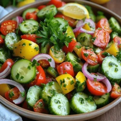 - 2 medium cucumbers, diced - 3 ripe tomatoes, diced - 1 small red onion, thinly sliced - 1 bell pepper (any color), diced - 1/4 cup fresh parsley, chopped - 2 tablespoons lemon juice - 1 tablespoon olive oil - 1 teaspoon honey (optional) - Salt and pepper to taste When you make this salad, the freshness of the ingredients really shines. The cucumbers give a nice crunch, while the tomatoes add sweetness and juiciness. The red onion offers a sharp flavor that balances well. Adding bell pepper gives it an extra layer of taste and color. The parsley adds a herbal note that brightens the dish. The dressing is simple yet zesty, made with lemon juice and olive oil, and honey is optional for a hint of sweetness. Don’t forget to season with salt and pepper to enhance all the flavors. - Avocado slices - Feta cheese crumbles - Olive slices Feel free to customize your salad! Adding avocado makes it creamy and rich. Feta cheese adds a salty kick, while olives bring a briny taste. Each add-in will give your salad a unique twist! - Calories per serving: 120 - Carbohydrates: 12g - Protein: 3g - Fats: 7g This salad is low in calories and packed with nutrients. It offers a good balance of carbs and healthy fats. Perfect as a light lunch or a side dish! You can find the full recipe [here](#). First, take a large mixing bowl. Combine the diced cucumbers, tomatoes, sliced red onion, and diced bell pepper in the bowl. This mix gives a great crunch and color. Next, add fresh parsley to the bowl. It adds a nice touch of green and fresh flavor to your salad. In a small bowl, whisk together the lemon juice, olive oil, and optional honey. This dressing will brighten up your salad. Make sure it is well combined, so every bite is tasty. Now, pour the dressing over the salad mixture. Gently toss everything together. You want to coat all the veggies without mashing them. Season with salt and pepper to taste. Toss again to spread the seasoning evenly. Let the salad sit for about 10 minutes. This allows the flavors to blend nicely. For the full recipe, check out the complete instructions. To make the best Easy Cucumber Tomato Onion Salad, start with fresh produce. - Tomatoes: Look for tomatoes that are firm but slightly soft. They should have a bright color and a sweet scent. - Cucumbers: Choose cucumbers that are dark green and firm. Avoid ones with wrinkles or soft spots. - Fresh Herbs: Use fresh parsley or any herb you love. Fresh herbs add bright flavors and color. Enhancing the flavor of your salad is simple and fun. - Spices and Herbs: You can add dill or basil for a twist. These herbs pair well with the salad's fresh taste. - Dressing Consistency: If your dressing is too thick, add a bit of water or extra lemon juice. This will help it coat the salad better. Serving your salad can make a big difference in enjoyment. - Temperature: This salad is best served chilled or at room temperature. It keeps the flavors fresh and vibrant. - Pairing Options: Serve it alongside grilled chicken or fish for a complete meal. It also works well with sandwiches or wraps. For more ideas, check out the Full Recipe. {{image_2}} You can easily change this salad to suit your taste. For a Mediterranean twist, add olives and feta cheese. This combination brings saltiness and creaminess. You can also try a Southwest flair. Adding black beans and corn will give it a hearty feel. Both options will make your salad exciting. Using seasonal veggies makes this dish even better. In summer, add zucchini or bell peppers for extra crunch. In winter, use diced celery or radish for a refreshing bite. Think about your meal setting too. For summer BBQs, serve it cold. In winter, you can enjoy it at room temperature. The dressing can change the entire salad. Try a vinegar-based dressing for a tangy kick. Balsamic or red wine vinegar works well. If you prefer something creamy, use a yogurt-based dressing. This will add a rich flavor while keeping it light. For the full recipe, check out the detailed instructions above. To keep your cucumber tomato onion salad fresh, store it in the fridge. Use an airtight container to prevent air from spoiling it. Glass or plastic containers work well. Avoid using metal containers, as they can react with the salad's ingredients. This salad stays fresh for about 2 to 3 days in the fridge. To prevent sogginess, keep the dressing separate until you're ready to eat. Add the dressing just before serving for the best taste and texture. You should not freeze this salad. The cucumbers and tomatoes lose their crispness when frozen. If you want to save it, consider freezing the dressing separately. When ready to use, thaw it in the fridge and mix it fresh with the salad ingredients. This will help maintain the salad's taste and texture. Yes, you can prep this salad ahead of time. To keep it fresh, store the ingredients separately. Cut the cucumbers, tomatoes, and bell pepper, but don’t mix them yet. Keep the dressing in a small jar. This way, you avoid soggy veggies. When ready to eat, combine everything and add the dressing. If you want a different sweetener, try maple syrup or agave nectar. Both add a nice touch. Maple syrup has a rich flavor, while agave is milder. You can also use stevia for a low-calorie option. Adjust the amount to taste, as some sweeteners are stronger than honey. To make this salad vegan, simply omit the honey. You can replace it with a touch of maple syrup or leave it out entirely. The salad will still taste great. All other ingredients are naturally vegan-friendly, so you're good to go! This salad pairs well with grilled chicken or fish. You could also serve it with pita bread and hummus for a light meal. For a heartier option, try it alongside quinoa or brown rice. The fresh flavors complement many main dishes. Yes, this salad is gluten-free! All the ingredients are safe for those avoiding gluten. You can enjoy it without worry. Just make sure any dressings or add-ins are also gluten-free. This salad is simple and packed with fresh flavors. We covered key ingredients, easy steps, and clever tips. You can personalize it with add-ins for different styles. Remember to use fresh produce for the best taste. Store leftovers properly to enjoy later. In the end, this salad fits any meal and is a healthy choice. Make it your own, and enjoy every bite!