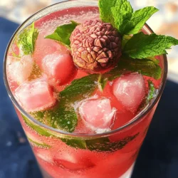 - Fresh lychee - Fresh mint leaves - Rose syrup - Lime juice - Sugar - Sparkling water - Ice cubes - Garnishes In this Lychee Rose Mojito, each ingredient brings something special. Fresh lychee adds a sweet, floral taste. You can find these in stores or markets, often in cans or jars if fresh ones are hard to get. Fresh mint leaves provide a cooling touch that brightens the drink. Rose syrup gives a lovely aroma and a hint of sweetness. Lime juice adds a zesty kick that balances the flavors. - Alternatives for fresh lychee: If you cannot find fresh lychee, canned lychee works well. Just drain and rinse them before use. You may also try fresh peaches or pears for a different twist. - Different types of mint to use: Spearmint is the classic choice, but you can use peppermint for a stronger mint flavor. If you want something unique, try chocolate mint for a fun taste. - Substitutes for rose syrup: If you cannot find rose syrup, you can use simple syrup with a few drops of rose water. Honey or agave syrup can add a sweet touch, too. For the full recipe, make sure to check the instructions above. Enjoy crafting this delightful summer drink! Muddling the Ingredients To start, take a sturdy glass or cocktail shaker. Add one cup of fresh lychee, peeled and pitted. Next, toss in half a cup of fresh mint leaves and one tablespoon of sugar. Use a muddler to press down gently on the lychee and mint. This releases their flavors and juices. You want a nice, well-combined mix, but don’t mash it into a pulp. Mixing and Serving After muddling, add two tablespoons of rose syrup and two tablespoons of freshly squeezed lime juice. Muddle the mixture gently again. This helps the mint aroma to pop. Now, fill a glass with ice cubes. Pour the lychee mixture over the ice. Then, top it off with sparkling water. Stir gently to mix everything well. Adjusting Sweetness Now it’s time to taste your drink. If you find it not sweet enough, add more sugar or lime juice. Just stir it in until you reach your preferred flavor. Ideal tools for muddling A good muddler can make a big difference. Look for one that is sturdy and fits well in your hand. You can also use a wooden spoon if you don’t have a muddler. It works just fine! Avoiding over-muddling Be careful not to over-muddle your ingredients. If you press too hard, you can break the mint leaves too much. This can make your drink taste bitter. Keep it light and gentle for the best flavors. For a complete guide on making this delightful drink, check the Full Recipe. Garnishing your Lychee Rose Mojito adds fun and flair. While mint and lychee are classic choices, think outside the box. Here are some creative ideas: - Use lemon or lime slices. They add color and a zesty kick. - Try edible flowers like pansies or nasturtiums. These look pretty and are safe to eat. - Add thin cucumber ribbons for a fresh look. This gives a crisp taste too. - Incorporate a sprig of rosemary for a unique twist. Its scent blends well with rose. These garnishes not only make your drink look beautiful but also enhance the flavor experience. To elevate your Lychee Rose Mojito, consider these flavor-enhancing techniques: - Adding extra herbs can boost the taste. Try basil or thyme for a new depth. - For a spice kick, add a pinch of ginger or cayenne. This adds warmth and excitement. - Customize sweetness by adjusting the sugar. Taste as you go to find your perfect level. - You can also swap the rose syrup for lavender syrup. This gives a floral twist that’s delightful. Experimenting with these techniques allows you to create a drink that suits your taste perfectly. For the complete recipe, check out the Full Recipe section. {{image_2}} For a fun twist, try a tropical lychee mojito. Replace mint with basil for a fruity kick. Use coconut water instead of sparkling water. This gives a smooth, creamy texture. You can taste the island vibes in every sip. Another option is the spicy lychee mojito with jalapeño. Add a few slices of fresh jalapeño when muddling. This adds heat and balance to the sweetness of lychee. The spicy and sweet combo will surprise your taste buds! In winter, make a winter-inspired lychee mojito. Use warm spices like cinnamon or nutmeg. Add a splash of apple cider for a cozy feel. This mix will warm you up during the cold months. For summer, add fruity twists to your mojito. Use fresh berries like strawberries or raspberries. Muddle them with the lychee for a burst of color and taste. You can even mix in some peach or watermelon for a refreshing touch. Explore these variations to keep your lychee rose mojito exciting all year. Check out the Full Recipe for more ideas! To keep fresh lychee tasty, store them in the fridge. Place them in a paper bag. This helps them stay fresh up to a week. Do not wash them until you are ready to eat. Washing can cause them to spoil faster. For mint leaves, place them in a glass of water. Cover the leaves with a plastic bag. This keeps them fresh for a few days. Make sure to change the water every day. If you want them to last longer, wrap them in a damp paper towel and store in the fridge. You can make the lychee and mint mixture in advance. Just muddle the fresh lychee with mint and sugar. Store this mixture in a sealed container in the fridge. It stays fresh for about two days. This way, you can whip up a drink in no time! For the final drink, it’s best to serve it right after mixing. If you have leftovers, store them in the fridge. However, the sparkling water may lose its fizz. To keep it bubbly, do not mix in the sparkling water until you are ready to serve. Enjoy your refreshing drink whenever you want! For the full recipe, check the details above. A Lychee Rose Mojito is a fresh cocktail that blends sweet and floral flavors. It uses lychee, a tropical fruit with a juicy and fragrant taste. The drink also includes mint, which adds a cool touch, and rose syrup for a sweet, floral note. Lime juice brings a zesty kick while sparkling water adds a light fizz, making this drink refreshing and fun. Yes, you can easily turn the Lychee Rose Mojito into a mocktail. Just skip the alcohol and use more sparkling water or soda. You can also add extra lychee juice for sweetness. This way, everyone can enjoy a delicious drink, even those who prefer not to have alcohol. To make a Lychee Rose Mojito for a crowd, simply multiply the ingredients by the number of servings you need. For example, if you want to serve four, use two cups of lychee, one cup of mint, and so on. Mix all the ingredients in a large pitcher. Just remember to keep the sparkling water separate until you are ready to serve. Many trendy bars and eateries serve unique cocktails like the Lychee Rose Mojito. Look for places that focus on craft cocktails or international drinks. Some Asian fusion restaurants may also have this refreshing drink on their menu. Always ask your server for their recommendations! This blog post explores the delightful Lychee Rose Mojito, highlighting key ingredients and preparation steps. We discussed ingredient substitutions, tips for muddling, and creative garnishes to enhance your drink. I shared recipes for exciting variations, from tropical twists to winter flavors. Finally, I covered storage and prep tips to make your mojito plans easier. Enjoy making your own Lychee Rose Mojito. It’s a fun drink to share with friends!