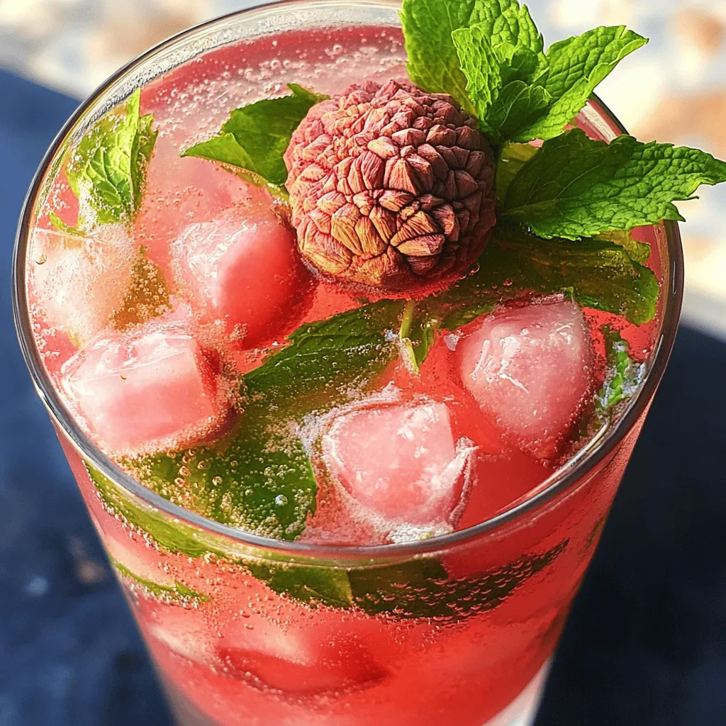 - Fresh lychee - Fresh mint leaves - Rose syrup - Lime juice - Sugar - Sparkling water - Ice cubes - Garnishes In this Lychee Rose Mojito, each ingredient brings something special. Fresh lychee adds a sweet, floral taste. You can find these in stores or markets, often in cans or jars if fresh ones are hard to get. Fresh mint leaves provide a cooling touch that brightens the drink. Rose syrup gives a lovely aroma and a hint of sweetness. Lime juice adds a zesty kick that balances the flavors. - Alternatives for fresh lychee: If you cannot find fresh lychee, canned lychee works well. Just drain and rinse them before use. You may also try fresh peaches or pears for a different twist. - Different types of mint to use: Spearmint is the classic choice, but you can use peppermint for a stronger mint flavor. If you want something unique, try chocolate mint for a fun taste. - Substitutes for rose syrup: If you cannot find rose syrup, you can use simple syrup with a few drops of rose water. Honey or agave syrup can add a sweet touch, too. For the full recipe, make sure to check the instructions above. Enjoy crafting this delightful summer drink! Muddling the Ingredients To start, take a sturdy glass or cocktail shaker. Add one cup of fresh lychee, peeled and pitted. Next, toss in half a cup of fresh mint leaves and one tablespoon of sugar. Use a muddler to press down gently on the lychee and mint. This releases their flavors and juices. You want a nice, well-combined mix, but don’t mash it into a pulp. Mixing and Serving After muddling, add two tablespoons of rose syrup and two tablespoons of freshly squeezed lime juice. Muddle the mixture gently again. This helps the mint aroma to pop. Now, fill a glass with ice cubes. Pour the lychee mixture over the ice. Then, top it off with sparkling water. Stir gently to mix everything well. Adjusting Sweetness Now it’s time to taste your drink. If you find it not sweet enough, add more sugar or lime juice. Just stir it in until you reach your preferred flavor. Ideal tools for muddling A good muddler can make a big difference. Look for one that is sturdy and fits well in your hand. You can also use a wooden spoon if you don’t have a muddler. It works just fine! Avoiding over-muddling Be careful not to over-muddle your ingredients. If you press too hard, you can break the mint leaves too much. This can make your drink taste bitter. Keep it light and gentle for the best flavors. For a complete guide on making this delightful drink, check the Full Recipe. Garnishing your Lychee Rose Mojito adds fun and flair. While mint and lychee are classic choices, think outside the box. Here are some creative ideas: - Use lemon or lime slices. They add color and a zesty kick. - Try edible flowers like pansies or nasturtiums. These look pretty and are safe to eat. - Add thin cucumber ribbons for a fresh look. This gives a crisp taste too. - Incorporate a sprig of rosemary for a unique twist. Its scent blends well with rose. These garnishes not only make your drink look beautiful but also enhance the flavor experience. To elevate your Lychee Rose Mojito, consider these flavor-enhancing techniques: - Adding extra herbs can boost the taste. Try basil or thyme for a new depth. - For a spice kick, add a pinch of ginger or cayenne. This adds warmth and excitement. - Customize sweetness by adjusting the sugar. Taste as you go to find your perfect level. - You can also swap the rose syrup for lavender syrup. This gives a floral twist that’s delightful. Experimenting with these techniques allows you to create a drink that suits your taste perfectly. For the complete recipe, check out the Full Recipe section. {{image_2}} For a fun twist, try a tropical lychee mojito. Replace mint with basil for a fruity kick. Use coconut water instead of sparkling water. This gives a smooth, creamy texture. You can taste the island vibes in every sip. Another option is the spicy lychee mojito with jalapeño. Add a few slices of fresh jalapeño when muddling. This adds heat and balance to the sweetness of lychee. The spicy and sweet combo will surprise your taste buds! In winter, make a winter-inspired lychee mojito. Use warm spices like cinnamon or nutmeg. Add a splash of apple cider for a cozy feel. This mix will warm you up during the cold months. For summer, add fruity twists to your mojito. Use fresh berries like strawberries or raspberries. Muddle them with the lychee for a burst of color and taste. You can even mix in some peach or watermelon for a refreshing touch. Explore these variations to keep your lychee rose mojito exciting all year. Check out the Full Recipe for more ideas! To keep fresh lychee tasty, store them in the fridge. Place them in a paper bag. This helps them stay fresh up to a week. Do not wash them until you are ready to eat. Washing can cause them to spoil faster. For mint leaves, place them in a glass of water. Cover the leaves with a plastic bag. This keeps them fresh for a few days. Make sure to change the water every day. If you want them to last longer, wrap them in a damp paper towel and store in the fridge. You can make the lychee and mint mixture in advance. Just muddle the fresh lychee with mint and sugar. Store this mixture in a sealed container in the fridge. It stays fresh for about two days. This way, you can whip up a drink in no time! For the final drink, it’s best to serve it right after mixing. If you have leftovers, store them in the fridge. However, the sparkling water may lose its fizz. To keep it bubbly, do not mix in the sparkling water until you are ready to serve. Enjoy your refreshing drink whenever you want! For the full recipe, check the details above. A Lychee Rose Mojito is a fresh cocktail that blends sweet and floral flavors. It uses lychee, a tropical fruit with a juicy and fragrant taste. The drink also includes mint, which adds a cool touch, and rose syrup for a sweet, floral note. Lime juice brings a zesty kick while sparkling water adds a light fizz, making this drink refreshing and fun. Yes, you can easily turn the Lychee Rose Mojito into a mocktail. Just skip the alcohol and use more sparkling water or soda. You can also add extra lychee juice for sweetness. This way, everyone can enjoy a delicious drink, even those who prefer not to have alcohol. To make a Lychee Rose Mojito for a crowd, simply multiply the ingredients by the number of servings you need. For example, if you want to serve four, use two cups of lychee, one cup of mint, and so on. Mix all the ingredients in a large pitcher. Just remember to keep the sparkling water separate until you are ready to serve. Many trendy bars and eateries serve unique cocktails like the Lychee Rose Mojito. Look for places that focus on craft cocktails or international drinks. Some Asian fusion restaurants may also have this refreshing drink on their menu. Always ask your server for their recommendations! This blog post explores the delightful Lychee Rose Mojito, highlighting key ingredients and preparation steps. We discussed ingredient substitutions, tips for muddling, and creative garnishes to enhance your drink. I shared recipes for exciting variations, from tropical twists to winter flavors. Finally, I covered storage and prep tips to make your mojito plans easier. Enjoy making your own Lychee Rose Mojito. It’s a fun drink to share with friends!