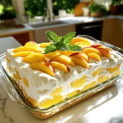 - 3 ripe peaches, sliced - 1 cup heavy whipping cream - 1/2 cup powdered sugar - 1 teaspoon vanilla extract - 1 1/2 cups graham cracker crumbs - 1 cup cream cheese, softened - 1 tablespoon lemon juice - 2 tablespoons honey - Fresh mint leaves for garnish No-Bake Peach Icebox Cake is fun to make. You start with fresh peaches. They give the cake a juicy, sweet flavor. The heavy whipping cream adds a light and fluffy texture. Powdered sugar adds sweet notes that balance the tartness of peaches. Next, you need graham cracker crumbs. They form the cake's base and add a crunchy bite. Cream cheese gives the cake a creamy richness. Mixing in vanilla extract boosts the flavor profile even more. Lemon juice adds a refreshing twist. It brightens all the flavors and lifts the dish. Honey adds more natural sweetness and a hint of floral notes. Finally, fresh mint leaves make a lovely garnish. They add color and a burst of freshness. For the full recipe, you can check the details above. This treat is perfect for warm days. It's simple, refreshing, and all about using good ingredients. First, you need to whip the heavy cream. Use a large mixing bowl and an electric mixer. Whip until soft peaks form. This step is key for a light texture. Next, gradually add the powdered sugar and vanilla extract. Continue to whip until stiff peaks form. This cream will be a big part of your cake's charm. In another bowl, mix the softened cream cheese, lemon juice, and honey until smooth. This mixture adds a rich, creamy layer. It’s best to use a spatula to get it nice and creamy. Now, gently fold this cream cheese mix into the whipped cream. Be careful not to deflate the whipped cream. This folding keeps the mixture airy. Grab a rectangular baking dish for this part. Start by spreading a thin layer of the cream mixture at the bottom. This helps keep the graham crackers from sticking. Then, place a layer of graham cracker crumbs over the cream. After that, add a layer of sliced peaches on top. Repeat this process, alternating layers of cream, crackers, and peaches. Finish with a final layer of cream on top. This layering creates a beautiful look. Cover your dish with plastic wrap. Refrigerate for at least 4 hours, or overnight if you can wait. This chilling time is vital. It lets the graham crackers soak and the flavors mix. When you are ready to serve, cut into squares. You can garnish with fresh mint leaves for a nice touch. This adds color and a fresh scent to the cake. Enjoy your No-Bake Peach Icebox Cake with friends and family. For the full recipe, check the details above. When picking peaches, look for ripe ones. They should feel soft but not mushy. Ripe peaches smell sweet and have a light color. Avoid overripe peaches as they can spoil your cake. If peaches are out of season, use canned or frozen peaches. Just drain the syrup and pat them dry before using. To whip the cream well, start with cold heavy cream. Use a chilled bowl and beaters for best results. Whip until soft peaks form, then add powdered sugar. Fold in the cream cheese mixture slowly. This keeps the cream light and fluffy. Be gentle when folding to avoid losing air. This cake pairs great with ice cream or extra whipped topping. A scoop of vanilla ice cream adds a nice touch. For a party, slice the cake into squares and arrange them on a platter. Garnish with fresh mint leaves for color and flavor. It makes the dessert look fancy and fresh. {{image_2}} You can make this peach icebox cake even more fun by adding different fruits. Try using berries like strawberries or blueberries for a burst of color and taste. Mango slices also work great for a tropical twist. You can also switch up the cream cheese. Use flavored cream cheese, like strawberry or honey, to give your cake a unique flair. If you want a lighter version, use low-fat cream for the whipped part. You can also reduce sugar by using sugar substitutes like stevia or monk fruit. These swaps can help make the dessert healthier while still tasting sweet and delicious. For a gluten-free cake, replace graham cracker crumbs with almond flour or gluten-free cookies. You can also use gluten-free vanilla wafers to keep the layers intact. When layering, be gentle, as gluten-free options may not hold up as well. These tips will help you create a tasty gluten-free peach icebox cake. For the full recipe, check out the [Full Recipe]. To keep your peach icebox cake fresh, store it in the fridge. Use an airtight container to prevent moisture loss and keep flavors intact. If you don't have a container, cover the dish with plastic wrap. This helps seal in the taste and texture. Make sure it touches the top of the cake to avoid drying out. Can you freeze the cake? Yes, you can freeze your peach icebox cake. However, it’s best to freeze it before serving. Wrap it well in plastic wrap and then in aluminum foil. This extra layer helps prevent freezer burn. For thawing after freezing, place the cake in the fridge overnight. This method keeps it cool and tasty. Avoid thawing at room temperature, as it may change the texture. How long does it last in the fridge? Your cake will last about 3 to 5 days in the fridge. Keep an eye on it. Signs the cake has gone bad include a sour smell or an off taste. If you see any mold, throw it away. Eating spoiled food can make you sick. Enjoy your delicious treat while it’s fresh! For the full recipe, check out the earlier section. An icebox cake is a no-bake dessert. It layers cookies or crackers with cream and fruit. This cake gets its name from the time when people used iceboxes to chill food. It’s simple to make and perfect for hot days. Yes, you can make this cake a day before serving. It tastes even better after chilling overnight. This gives the flavors time to blend well. Just cover it tightly in the fridge. Check if the cake is firm and chilled. The graham crackers should be soft but not mushy. You can slice it easily into squares. If it looks set and cool, it’s ready to enjoy. Yes, you can make a vegan icebox cake. Use coconut cream instead of heavy cream. Replace cream cheese with a vegan cream cheese. You can also use maple syrup in place of honey. These swaps keep the cake tasty and dairy-free. For the full recipe, check the instructions above. This blog post covered how to make a delicious peach icebox cake. We talked about the main ingredients, like ripe peaches and cream, and how to layer them. You learned tips to achieve the perfect texture and how to store your cake. Whether you want healthier options or flavor variations, there’s something for everyone. Get ready to impress your friends or family with this easy yet tasty dessert. With the right peaches and a few simple steps, your cake will be a hit at any gathering. Enjoy your baking!