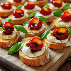 - 1 baguette, sliced into ½ inch pieces - 1 cup fresh cherries, pitted and halved - 1 tablespoon balsamic vinegar - 1 tablespoon honey - 8 ounces burrata cheese - 2 tablespoons olive oil - Salt and pepper to taste - Fresh basil leaves for garnish - Balsamic glaze for drizzling - Additional toppings (e.g., chopped nuts or microgreens) Gather these ingredients for your Cherry Balsamic Burrata Crostini. This dish is simple yet full of flavor. The baguette forms a nice base with a crunchy texture. Fresh cherries add sweetness and color. Balsamic vinegar and honey balance the dish with tang and sweetness. Burrata cheese gives a creamy richness that ties it all together. If you want to elevate your crostini, consider adding a balsamic glaze. This adds a nice shine and extra flavor. You can also get creative with toppings. Chopped nuts or microgreens can add a nice crunch or freshness. These options let you personalize your crostini experience. For the full recipe, refer to the recipe section. Enjoy making this delightful treat! - Preheat the oven to 400°F (200°C). - Brush baguette slices with olive oil. Start by preparing your baguette. Preheating the oven is key for a crispy crostini. While it heats, slice your baguette into ½ inch pieces. A sharp knife works best for this task. Next, lay the slices on a baking sheet. Brush both sides lightly with olive oil. This step adds flavor and helps achieve that perfect golden color. - Bake in the oven for 8-10 minutes until golden brown. Once your oven is ready, slide the baguette slices inside. Bake them for 8-10 minutes. Keep an eye on them. You want them golden brown and crispy but not burnt. The aroma will fill your kitchen, making your mouth water. - Combine all cherry topping ingredients in a bowl and marinate. Now, let’s make the cherry topping. In a small bowl, mix the halved cherries, balsamic vinegar, honey, salt, and pepper. Toss gently to coat the cherries. Let them marinate for 5-10 minutes. This helps the cherry flavors blend. The vinegar and honey create a sweet and tangy flavor that pairs perfectly with burrata. - Place burrata on crostini and add the cherry mixture. - Garnish with fresh basil leaves. It's time to build your crostini! Take a warm baguette slice and place a scoop of burrata on top. The creamy cheese melts slightly, making it even more delicious. Next, add a spoonful of your cherry mixture on top. Let those juicy cherries spill over the cheese. For the finishing touch, tear fresh basil leaves and sprinkle them over everything. The green basil adds a lovely pop of color and flavor. Enjoy each bite of this Cherry Balsamic Burrata Crostini. It’s a great treat for gatherings or a lovely snack for yourself. For the full recipe, check the ingredients and steps above! - How to achieve perfect crispiness on crostini: For a crunchy crostini, use a fresh baguette. Slice it into ½ inch pieces. Brush both sides with olive oil. Bake at 400°F (200°C) for 8-10 minutes. Keep an eye on them. You want them golden brown, not burnt. Let them cool slightly after baking. - Best way to handle burrata cheese: Burrata is delicate. Use a sharp knife to cut it. You want to keep its creamy center intact. Let it sit at room temperature for 30 minutes before serving. This warms it up and makes it creamy. - Suggestions for adding spices or herbs: Fresh herbs like thyme or rosemary pair well with this dish. You can sprinkle some finely chopped herbs over the cherries. A pinch of red pepper flakes adds a nice kick too. - Ideas for pairing flavors with cherries and burrata: Add a drizzle of honey for extra sweetness. A touch of black pepper on the burrata enhances its creaminess. You can also pair with nuts like walnuts for a crunchy contrast. For a twist, try adding a splash of orange juice to the cherry mixture. Feel free to get creative! Explore flavors that excite your palate. For more detailed instructions, check out the Full Recipe. {{image_2}} You can switch up the cheese! If you can't find burrata, try goat cheese. Goat cheese has a tangy flavor that pairs well with cherries. You can also use cream cheese for a richer taste. For fruits, cherries are not the only option. You can use strawberries for sweetness. Peaches add a nice twist too. Raspberries bring a tart zing to the dish. Choose fruits based on your taste or what's in season. Want more flavor? Add prosciutto on top. Its saltiness contrasts well with sweet cherries. You can also layer on some arugula for a peppery taste. For a crunchy touch, sprinkle nuts or seeds. Chopped walnuts or toasted sunflower seeds work great. These add texture and extra nutrition. You can mix and match these ideas to create your own unique crostini. Each bite can be a fun surprise! Check the Full Recipe for the basic steps. To keep your crostini fresh, store the toppings and crostini separately. Place the crostini in an airtight container at room temperature. They will stay crispy for up to a day. For the cherry topping, use a sealed container in the fridge. This will keep it fresh for about three days. Make sure to keep the burrata cheese in its original packaging in the refrigerator. It will stay good for about five days. When you're ready to enjoy your crostini again, preheat your oven to 350°F (175°C). Place the crostini on a baking sheet and heat them for about 5 minutes. This helps them regain their crispness without losing their flavor. Avoid using a microwave, as it makes them soft. After reheating, top them with the cherry mixture and burrata. Enjoy the fresh burst of flavors! For the full recipe, check out the Cherry Balsamic Burrata Crostini details above! What can I use instead of burrata cheese? If you can't find burrata, use fresh mozzarella or goat cheese. Both offer creamy textures. They pair well with cherries and balsamic. I often swap them when I need a quick fix. How long can I store leftovers? You can store leftovers in the fridge for up to two days. Keep crostini and toppings separate. This keeps the crostini crispy. The cherry topping can last longer, about three days. What drinks pair well with Cherry Balsamic Burrata Crostini? A chilled white wine works great. Try a Sauvignon Blanc or a sparkling wine. Both enhance the dish’s flavors. For non-alcoholic options, serve sparkling water with lime. Can this dish be made ahead of time? Yes, you can prepare the cherry topping a day in advance. Just store it in the fridge. Assemble the crostini right before serving. This keeps the bread crispy and fresh. Best places to find fresh cherries and burrata cheese Local farmers' markets often have fresh cherries. Look for ripe, firm ones. Burrata cheese is best found at specialty cheese shops or gourmet grocery stores. Some larger supermarkets stock it too. Recommendations for high-quality balsamic vinegar Look for balsamic vinegar labeled "Tradizionale" or "Aged." These types offer richer flavors. Brands like Modena and Aceto Balsamico di Modena are good picks. They add depth to your dish. For the full recipe, check out the detailed instructions. This blog post outlined a fresh and tasty recipe for Cherry Balsamic Burrata Crostini. We discussed all the key ingredients, from baguette slices to fresh cherries and burrata cheese. I shared step-by-step instructions to make each part come together perfectly. You learned tips for crispy crostini and fun variations to explore. In conclusion, this dish is simple to make and full of flavor. Try it for your next gathering or snack. It's sure to impress!
