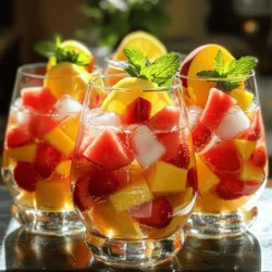 - 2 cups water - 1 cup honey or agave syrup (to taste) - 2 cups ripe fruits (e.g., watermelon, strawberries, peaches) - 1 lemon, sliced - 2 tablespoons lemon juice - 1 teaspoon ginger, finely grated (optional) - 2 cups sparkling water - Fresh mint leaves for garnish - Ice cubes as needed To make homemade Hwachae, gather these simple ingredients. Start with water and sweetener. Honey or agave syrup adds a lovely sweetness. Next, select your ripe fruits. Watermelon, strawberries, and peaches work well together. You can mix and match based on what you love. Add one sliced lemon for a zesty touch. For an extra kick, consider ginger. It gives a warm flavor that pairs nicely with the fruits. When you have everything ready, you will create a drink that bursts with color and taste. This refreshing summer punch cools you down and brings joy to gatherings. For the fizzy finish, use sparkling water. This makes the drink light and bubbly. Fresh mint leaves not only enhance flavor but also add a touch of green. Lastly, ice cubes keep your Hwachae chilled and refreshing. You can find the complete recipe in the Full Recipe section. Enjoy crafting this delightful drink! 1. Boil water and dissolve honey/agave: Start by boiling 2 cups of water in a saucepan. Once it boils, remove it from the heat. Stir in 1 cup of honey or agave syrup until it fully dissolves. This syrup is the base of your Hwachae. 2. Cool the syrup to room temperature: Let the syrup sit until it cools to room temperature. This step is important, as hot syrup can cook the fruit later. 3. Dice the selected fruits: Next, take 2 cups of ripe fruits like watermelon, strawberries, and peaches. Dice them into small, bite-sized pieces. Place these in a large pitcher. The colorful mix adds a fun touch to your drink. 4. Add sliced lemon and grated ginger (if using): Slice one lemon and add it to the pitcher. If you like a bit of spice, add 1 teaspoon of finely grated ginger. This will add a nice kick to the punch. 5. Mix syrup with fruits and lemon juice: Once your syrup is cool, pour it into the pitcher with the fruits. Add 2 tablespoons of lemon juice for extra zing. Stir gently to combine everything well. 6. Refrigerate for flavor melding: Cover the pitcher and place it in the fridge for at least 1 hour. This helps the flavors meld together. You want the fruits to soak up the sweet syrup. 7. Add sparkling water before serving: Just before serving, pour in 2 cups of sparkling water. Stir gently to mix. This adds fizz and makes your Hwachae refreshing. Serve it in clear glasses over ice cubes, and don't forget to garnish with fresh mint leaves! This is a simple way to enjoy a refreshing summer drink. For the complete recipe, check out the [Full Recipe]. To make the best Hwachae, balance is key. I recommend using about one cup of ripe fruit for every half cup of syrup. This ratio lets the fruit shine while still being sweet. You can adjust the sweetness based on your taste. If you like it sweeter, add more honey or agave. For a lighter version, use less syrup. Taste as you go, and find your perfect blend. Presentation matters! Serve your Hwachae in clear glasses. This way, everyone can see the colorful fruits inside. It’s eye-catching and fun. For a special touch, garnish each glass with a slice of lemon and a sprig of mint. This not only looks nice, but it also adds a fresh aroma. Use ice cubes to keep it cool. Everyone will love this refreshing summer drink! For the complete recipe, check out the Full Recipe section. {{image_2}} You can get creative with your Hwachae. Try using fruits like kiwi or mixed berries. They add unique flavors and colors. Seasonal fruits also make your punch fresh and fun. In summer, use peaches and nectarines. In the fall, apples and pears work well. The more colorful the fruit, the better it looks. Want to up your Hwachae game? Add fresh herbs like basil or lemongrass. These herbs give a great twist to the drink. You can also infuse your punch with flavored teas or juices. Green tea adds a subtle taste, while citrus juices give it a bright kick. Mixing different flavors keeps it exciting. The goal is to make each sip delightful. For the full recipe, check out the complete guide. Hwachae lasts about 3 to 4 days in the fridge. To keep it fresh, store it in an airtight container. This helps prevent any unwanted smells from mixing in. If you have leftover fruit, place it in a separate container. This keeps it fresh and prevents it from getting mushy. The syrup can stay with the fruit if you plan to drink it soon. Just remember, the longer it sits, the less crisp the fruit becomes. Yes, you can freeze Hwachae, but keep in mind that the texture may change. If you want to freeze it, pour the punch into ice cube trays. This makes it easy to add to future drinks. Once frozen, transfer the cubes into a zip-top bag. When you're ready to serve, just thaw the cubes in the fridge overnight. You can also add them straight to a glass. This gives you a chilled drink without watering it down. Hwachae is a traditional Korean fruit punch. It is a refreshing drink made from sweet fruits and syrup. This drink often appears in summer. You can find it at Korean festivals and special events. Yes, you can. Making Hwachae a few hours ahead is a great idea. It allows the flavors to mix well. Just remember to add the sparkling water right before serving. This keeps it fizzy and fresh. You can use many fruits for Hwachae. Some popular choices are: - Watermelon - Strawberries - Peaches - Kiwi - Berries Feel free to mix and match. The more colorful, the better! Hwachae is naturally non-alcoholic. To make it, simply follow the Full Recipe. Skip any alcoholic ingredients. Enjoy the sweet and fruity flavors without any alcohol. Hwachae offers a refreshing mix of fruit and sweet syrup. In this post, I shared how to make it step by step. You learned ingredient choices, tricks for perfecting the drink, and storage tips. Hwachae is fun to make and enjoy. Try different fruits to find your favorite flavor. This drink is sure to impress guests. Enjoy the process and share your delicious results with friends. You’ll find that this delightful drink is perfect for any occasion.