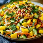 - 2 ripe mangoes, julienned - 1 medium cucumber, julienned - 1 red bell pepper, thinly sliced - ½ red onion, thinly sliced - 1 carrot, shredded - ¼ cup fresh cilantro, chopped - ¼ cup roasted peanuts, roughly chopped - 2 tablespoons fish sauce or soy sauce (vegetarian option) - 1 tablespoon lime juice - 1 tablespoon honey or agave syrup - 1 red chili, minced (adjust to taste) - Salt and pepper to taste - Choosing ripe mangoes: Look for mangoes with a slight give when you press them. They should smell sweet at the stem end. - Selecting fresh vegetables for crunch: Pick cucumbers that are firm and smooth. Bright red bell peppers should feel heavy and have tight skin. - Opting for the best peanuts: Choose roasted peanuts without salt for a rich flavor. They should be crunchy and fresh. When you gather these ingredients, you set the stage for a vibrant dish. Each component adds a unique taste and texture. The sweet mango pairs perfectly with the crisp cucumber and spicy chili. This salad bursts with flavor and color. For the full recipe, check the details above. To start, you need to peel and julienne the mangoes. Hold the mango upright and slice down along the pit on both sides. Then, use a knife to make thin cuts in the flesh. You can cut these into strips for an easy julienne. Next, for the cucumber, slice off the ends. Cut it in half lengthwise, then make thin slices. You can stack the slices and cut them into strips, just like the mango. This technique gives a nice crunch. For the red bell pepper, first remove the seeds. Cut the pepper in half, then slice it thinly. This adds a sweet crunch to your salad. In a large bowl, combine all your fresh produce. Mix the julienned mangoes, cucumber, sliced bell pepper, red onion, and shredded carrot together. This is the base of your salad. Now, let's make the dressing. In a small bowl, whisk together the fish sauce or soy sauce, lime juice, honey, and minced red chili. Taste the dressing and adjust it based on your liking. If you want it sweeter, add more honey. For more spice, add extra chili. Once your dressing is ready, pour it over the salad mixture. Toss gently so that all the ingredients are coated in the dressing. To finish, add chopped cilantro and roasted peanuts on top of the salad. Toss everything once more for an even mix. Let the salad rest for about 10 minutes. This resting time helps the flavors meld together nicely. For serving, present the salad in a large bowl or in individual lettuce cups. This makes it look beautiful and fun to eat. Enjoy your Thai Mango Salad, a refreshing and healthy delight! For more detailed steps, check the Full Recipe. To make the best Thai mango salad, you can adjust the sweetness and spice. If the salad tastes too sweet, add a bit more lime juice. If you want it spicier, add more minced chili. Always taste as you go. That way, you can find the right balance for your taste buds. Letting the flavors meld is very important. Once you mix the salad, let it sit for about 10 minutes. This gives the ingredients time to blend. The longer they sit, the better the taste. Creative ways to serve Thai mango salad can make it more fun. You can serve it in a large bowl or in individual cups. Adding bright colors makes the dish pop. Using lettuce cups is an attractive option. Simply scoop some salad into a lettuce leaf. This makes a great finger food. Plus, it adds a nice crunch! You can prepare the salad in advance. Just chop the veggies and mangoes, then store them separately. Wait to mix in the dressing until just before serving. This keeps everything fresh and crisp. For storing leftovers, keep them in an airtight container. The salad stays good in the fridge for up to two days. However, the mango may get mushy over time. If you notice any off smells or colors, it’s best to toss it. {{image_2}} You can make your Thai mango salad heartier by adding proteins. Grilled chicken, shrimp, or tofu work well. For chicken, grill it until golden. Slice it thin and toss it in. If you choose shrimp, grill or sauté it until it turns pink. Then, mix it in. For a vegan option, use cubed, firm tofu. Cook the tofu until it's crispy, then add it to the salad. This way, you make the salad filling and tasty. The dressing can change the flavor of your salad. While the original dressing is great, try different options. You might swap fish sauce for a sesame dressing or a peanut sauce. If you want a fresher taste, mix in some orange juice. To customize, adjust the sweetness and spice levels. You can add more honey or a pinch of chili to fit your taste. This flexibility makes the salad fun! Seasonal fruits can add a twist to your Thai mango salad. In summer, add diced strawberries or peaches for sweetness. In the fall, try pomegranate seeds for crunch and color. You can also change the nuts or seeds you use. Almonds or sunflower seeds can replace peanuts. This keeps the salad fresh and exciting all year long! For the full recipe, check out the Tropical Thai Mango Salad 🥭. To keep your Thai mango salad fresh, store it in the fridge. Use an airtight container to help maintain its crispness. If you plan to eat it later, keep the dressing separate. This way, the salad stays crunchy and tasty. When stored properly, this salad lasts about 2-3 days in the fridge. After that, the veggies may start to lose their crunch. Look for signs of spoilage, like a sour smell or slimy texture. If you notice these, it’s best to toss it. Reheating isn’t needed for this salad. It’s best enjoyed cold. If you want to warm it, do so gently. Heat it in a pan on low heat. This helps keep the mango soft and the other veggies crisp. If you cannot find ripe mangoes, you can use other fruits. Try using peaches or nectarines instead. They have a sweet taste and similar texture. You can even use canned mango in syrup. Just drain it well before adding to the salad. This way, you still enjoy a fruity flavor. Yes, you can easily make this salad vegan. Instead of fish sauce, use soy sauce or tamari. This change adds a nice umami flavor without animal products. You can also swap honey for agave syrup or maple syrup. These options provide sweetness while keeping it plant-based. To make this salad spicier, add more red chili. You can also use fresh jalapeños or Thai bird chilies. For a different heat, try chili flakes or sriracha in the dressing. Start with a little and taste it. You can always add more to reach your desired spice level. Thai Mango Salad is a lively mix of fresh, colorful ingredients. You learned about selecting ripe mangoes, creating a tasty dressing, and adding protein for a hearty meal. Remember, this salad is versatile and easy to prepare. Try it with seasonal fruits or different dressings to keep it new. Your choice of presentation can elevate the dish. Enjoy the bright flavors and crunch, and feel free to experiment! This salad can become a favorite in your kitchen.
