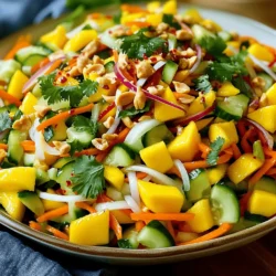 - 2 ripe mangoes, julienned - 1 medium cucumber, julienned - 1 red bell pepper, thinly sliced - 1/2 red onion, thinly sliced - 1 carrot, shredded - 1/4 cup fresh cilantro, chopped - 1/4 cup roasted peanuts, roughly chopped - 2 tablespoons fish sauce or soy sauce (vegetarian option) - 1 tablespoon lime juice - 1 tablespoon honey or agave syrup - 1 red chili, minced (adjust to taste) - Salt and pepper to taste - Choosing ripe mangoes: Look for mangoes with a slight give when you press them. They should smell sweet at the stem end. - Selecting fresh vegetables for crunch: Pick cucumbers that are firm and smooth. Bright red bell peppers should feel heavy and have tight skin. - Opting for the best peanuts: Choose roasted peanuts without salt for a rich flavor. They should be crunchy and fresh. When you gather these ingredients, you set the stage for a vibrant dish. Each component adds a unique taste and texture. The sweet mango pairs perfectly with the crisp cucumber and spicy chili. This salad bursts with flavor and color. For the full recipe, check the details above. To start, you need to peel and julienne the mangoes. Hold the mango upright and slice down along the pit on both sides. Then, use a knife to make thin cuts in the flesh. You can cut these into strips for an easy julienne. Next, for the cucumber, slice off the ends. Cut it in half lengthwise, then make thin slices. You can stack the slices and cut them into strips, just like the mango. This technique gives a nice crunch. For the red bell pepper, first remove the seeds. Cut the pepper in half, then slice it thinly. This adds a sweet crunch to your salad. In a large bowl, combine all your fresh produce. Mix the julienned mangoes, cucumber, sliced bell pepper, red onion, and shredded carrot together. This is the base of your salad. Now, let's make the dressing. In a small bowl, whisk together the fish sauce or soy sauce, lime juice, honey, and minced red chili. Taste the dressing and adjust it based on your liking. If you want it sweeter, add more honey. For more spice, add extra chili. Once your dressing is ready, pour it over the salad mixture. Toss gently so that all the ingredients are coated in the dressing. To finish, add chopped cilantro and roasted peanuts on top of the salad. Toss everything once more for an even mix. Let the salad rest for about 10 minutes. This resting time helps the flavors meld together nicely. For serving, present the salad in a large bowl or in individual lettuce cups. This makes it look beautiful and fun to eat. Enjoy your Thai Mango Salad, a refreshing and healthy delight! For more detailed steps, check the Full Recipe. To make the best Thai mango salad, you can adjust the sweetness and spice. If the salad tastes too sweet, add a bit more lime juice. If you want it spicier, add more minced chili. Always taste as you go. That way, you can find the right balance for your taste buds. Letting the flavors meld is very important. Once you mix the salad, let it sit for about 10 minutes. This gives the ingredients time to blend. The longer they sit, the better the taste. Creative ways to serve Thai mango salad can make it more fun. You can serve it in a large bowl or in individual cups. Adding bright colors makes the dish pop. Using lettuce cups is an attractive option. Simply scoop some salad into a lettuce leaf. This makes a great finger food. Plus, it adds a nice crunch! You can prepare the salad in advance. Just chop the veggies and mangoes, then store them separately. Wait to mix in the dressing until just before serving. This keeps everything fresh and crisp. For storing leftovers, keep them in an airtight container. The salad stays good in the fridge for up to two days. However, the mango may get mushy over time. If you notice any off smells or colors, it’s best to toss it. {{image_2}} You can make your Thai mango salad heartier by adding proteins. Grilled chicken, shrimp, or tofu work well. For chicken, grill it until golden. Slice it thin and toss it in. If you choose shrimp, grill or sauté it until it turns pink. Then, mix it in. For a vegan option, use cubed, firm tofu. Cook the tofu until it's crispy, then add it to the salad. This way, you make the salad filling and tasty. The dressing can change the flavor of your salad. While the original dressing is great, try different options. You might swap fish sauce for a sesame dressing or a peanut sauce. If you want a fresher taste, mix in some orange juice. To customize, adjust the sweetness and spice levels. You can add more honey or a pinch of chili to fit your taste. This flexibility makes the salad fun! Seasonal fruits can add a twist to your Thai mango salad. In summer, add diced strawberries or peaches for sweetness. In the fall, try pomegranate seeds for crunch and color. You can also change the nuts or seeds you use. Almonds or sunflower seeds can replace peanuts. This keeps the salad fresh and exciting all year long! For the full recipe, check out the Tropical Thai Mango Salad 🥭. To keep your Thai mango salad fresh, store it in the fridge. Use an airtight container to help maintain its crispness. If you plan to eat it later, keep the dressing separate. This way, the salad stays crunchy and tasty. When stored properly, this salad lasts about 2-3 days in the fridge. After that, the veggies may start to lose their crunch. Look for signs of spoilage, like a sour smell or slimy texture. If you notice these, it’s best to toss it. Reheating isn’t needed for this salad. It’s best enjoyed cold. If you want to warm it, do so gently. Heat it in a pan on low heat. This helps keep the mango soft and the other veggies crisp. If you cannot find ripe mangoes, you can use other fruits. Try using peaches or nectarines instead. They have a sweet taste and similar texture. You can even use canned mango in syrup. Just drain it well before adding to the salad. This way, you still enjoy a fruity flavor. Yes, you can easily make this salad vegan. Instead of fish sauce, use soy sauce or tamari. This change adds a nice umami flavor without animal products. You can also swap honey for agave syrup or maple syrup. These options provide sweetness while keeping it plant-based. To make this salad spicier, add more red chili. You can also use fresh jalapeños or Thai bird chilies. For a different heat, try chili flakes or sriracha in the dressing. Start with a little and taste it. You can always add more to reach your desired spice level. Thai Mango Salad is a lively mix of fresh, colorful ingredients. You learned about selecting ripe mangoes, creating a tasty dressing, and adding protein for a hearty meal. Remember, this salad is versatile and easy to prepare. Try it with seasonal fruits or different dressings to keep it new. Your choice of presentation can elevate the dish. Enjoy the bright flavors and crunch, and feel free to experiment! This salad can become a favorite in your kitchen.
