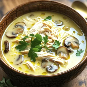 - 2 cups cooked chicken, shredded - 1 cup mushrooms, sliced (cremini or button) - 1 medium onion, diced - 2 cloves garlic, minced - 3 cups chicken broth - 1 cup heavy cream - 2 tablespoons olive oil - 1 tablespoon butter - 1 teaspoon dried thyme - Salt and pepper to taste - Fresh parsley, chopped for garnish Every ingredient plays a key role in making this creamy chicken mushroom soup tasty. The cooked chicken gives it heartiness. You can use leftover chicken or rotisserie chicken for easy prep. Mushrooms add a rich flavor and nice texture. I love using cremini or button mushrooms for this recipe. Onions and garlic boost the overall taste. They add depth and warmth. Chicken broth forms the base of the soup, making it comforting and savory. Heavy cream is what makes this soup creamy and rich. Using olive oil and butter helps sauté the veggies and adds flavor. Thyme brings a wonderful aroma and taste. Finally, season with salt and pepper to your liking. Fresh parsley adds a pop of color and freshness. For the full recipe, check out the details provided above. - Heat olive oil and butter in a large pot. - Sauté onion until translucent. To start, I heat two tablespoons of olive oil and one tablespoon of butter in a big pot. I place the pot over medium heat. Once the butter melts, I add one medium diced onion. I sauté it until it turns translucent, which usually takes about five minutes. This step builds a great base for flavor. - Add garlic and mushrooms, cooking until softened. - Stir in thyme, salt, and pepper. Next, I add two cloves of minced garlic and one cup of sliced mushrooms to the pot. I let them cook for about five minutes until the mushrooms soften and get a nice brown color. Then, I sprinkle in one teaspoon of dried thyme, salt, and pepper to taste. This brings a warm, herbal note to the soup. - Pour in chicken broth and bring to a boil. - Add shredded chicken and simmer. - Incorporate heavy cream and adjust seasoning. - Serve and garnish with parsley. After that, I pour in three cups of chicken broth. I bring the mixture to a gentle boil. Once boiling, I reduce the heat to low and stir in two cups of shredded cooked chicken. I let it simmer for about ten minutes to let the flavors blend. Now comes the creamy part! I slowly add one cup of heavy cream while stirring. This makes the soup rich and smooth. I taste it and adjust the seasoning as needed. Finally, I ladle the soup into bowls and garnish with fresh chopped parsley. For the full recipe, check out the details above. Enjoy this creamy delight! To boost flavor, use homemade chicken broth. It makes the soup richer and tastier. You can also add spices like paprika or nutmeg. These spices give a warm touch to the soup. For a creamier soup, blend a portion of it. This gives a smooth feel while keeping some chunks. Also, try a mix of mushrooms, like cremini and button. Different mushrooms add unique textures and flavors that make every bite exciting. Pair your creamy chicken mushroom soup with crusty bread. It’s perfect for dipping and adds a nice crunch. You can also enjoy it with a fresh salad for a light meal. This soup works well as an appetizer or a main dish, making it very versatile. Explore more with the Full Recipe for detailed steps. {{image_2}} You can make this creamy chicken mushroom soup fit your needs. If you want a dairy-free option, use coconut milk or almond milk. This keeps the soup creamy without dairy. For gluten-free adjustments, check your broth and seasoning. Many brands offer gluten-free products. You don’t have to stick with chicken! Try turkey or tofu instead. This adds a fun twist and makes it vegetarian. You can also mix in different veggies. Spinach or carrots work well and boost nutrition. Make it exciting by changing how you serve the soup. You could add noodles to turn it into a pasta dish. This makes it even heartier. Another fun idea is to serve it in a bread bowl. It’s interactive and delicious! For the full recipe, check out the detailed instructions. To store leftovers, let the soup cool to room temperature. Then, pour it into an airtight container. This keeps the soup fresh. Make sure to seal it well. You can store it in the fridge for up to three days. If you want to enjoy it later, freezing is a great option. If you plan to freeze the soup, first let it cool. Then, transfer it to freezer-safe containers. Leave some space at the top since soup expands when frozen. This soup can last for up to three months in the freezer. To reheat, thaw it in the fridge overnight. Then, heat it on the stove over low heat. Stir often to keep the texture smooth and creamy. For easy meal prep, you can assemble the soup ahead of time. Chop your ingredients and store them in separate containers. Keep the broth and cream separate until cooking. This keeps everything fresh. When you are ready to cook, just combine everything in a pot. It makes dinner quick and simple. This method helps you enjoy a warm meal any night of the week. For the full recipe, refer to the beginning section. How long does creamy chicken mushroom soup last in the fridge? This soup lasts about 3 to 4 days in the fridge. Store it in an airtight container. Make sure it cools down first before sealing. Can I use frozen chicken for this recipe? Yes, you can use frozen chicken. Just ensure you cook it all the way through. If using frozen, add more time to cook it properly. Is it necessary to sauté the onions and mushrooms before adding broth? Yes, sautéing the onions and mushrooms adds flavor. This step helps to release their natural sweetness. It makes the soup taste richer and more complex. Can I use other types of meat for this soup? Absolutely! You can use turkey or even shredded beef. Just adjust the cooking time as needed. Each meat will give a different taste to the soup. How many calories are in creamy chicken mushroom soup? One serving has about 350 calories. This can vary based on specific ingredients. Always check the labels for exact numbers. What are the health benefits of mushrooms in this recipe? Mushrooms are low in calories and packed with nutrients. They provide vitamins like B and D. Plus, they are a good source of antioxidants, which help keep you healthy. This article covered making a delicious creamy chicken mushroom soup from scratch. We explored key ingredients, step-by-step directions, and tips for adding flavor and texture. You can modify the recipe to suit dietary needs and even switch up ingredients. Proper storage can keep leftovers fresh, making this a perfect meal prep option. Enjoying this soup can warm any chilly day or impress at dinner. With simple steps, you can create a comforting dish that you’ll want to share again and again. Dive in and savor every bite!