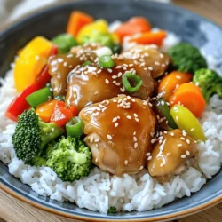 To make this dish, you'll need these simple ingredients: - 4 boneless, skinless chicken thighs - 1 cup baby carrots - 1 bell pepper (any color), sliced - 1 cup broccoli florets - 1/2 cup soy sauce (low-sodium) - 1/4 cup honey - 4 cloves garlic, minced - 1 tablespoon fresh ginger, grated - 1 teaspoon sesame oil - 1 teaspoon cornstarch (optional for thickening) - 2 tablespoons water (if using cornstarch) - Salt and pepper to taste - Sesame seeds and sliced green onions for garnish You can easily swap ingredients based on what you have. For the chicken, use chicken breast instead of thighs. If you want to skip soy sauce, try coconut aminos for a tasty twist. Any vegetables can work here. Snap peas or zucchini can replace broccoli and carrots. Choose your favorite! For a vegan option, replace chicken with firm tofu. This dish is not just tasty; it’s also healthy! Each serving is about: - Calories: 350 - Protein: 25g - Carbohydrates: 32g - Fat: 12g - Fiber: 4g This balanced meal provides protein, veggies, and a touch of sweetness. Enjoy it guilt-free knowing it fuels your body! For the full recipe, check the earlier section. To start, gather your ingredients. You need chicken thighs, veggies, and sauce items. First, place the chicken thighs at the bottom of the slow cooker. This helps keep them moist. Next, in a medium bowl, whisk together the soy sauce, honey, minced garlic, grated ginger, and sesame oil. Mix until the ingredients blend well. Pour this honey garlic sauce over the chicken. Make sure each piece is coated. Then, add the baby carrots, bell pepper slices, and broccoli florets. Toss the veggies gently to mix with the sauce. Cover the slow cooker with its lid. Cook the mixture on low for 6 to 7 hours. If you're short on time, you can cook it on high for 3 to 4 hours. Check the chicken at the end of cooking. It should be tender and cooked through. If you want a thicker sauce, mix cornstarch with water in a small bowl. Stir this into the slow cooker during the last 30 minutes. This will help thicken your sauce nicely. To check if the chicken is done, use a meat thermometer. The chicken should reach 165°F. If you don't have a thermometer, you can cut a piece open. The meat should be white, not pink. If you prefer, shred the chicken in the slow cooker. It makes it easy to serve. Taste the dish and add salt and pepper if needed. Enjoy your meal with fluffy rice or quinoa, garnished with sesame seeds and green onions for a beautiful finish. For the full recipe, click here. When using a slow cooker, keep a few things in mind. First, cut your veggies into even pieces. This helps them cook at the same rate. Place harder veggies like carrots at the bottom. They take longer to cook. Always avoid opening the lid while cooking. Each time you lift it, heat escapes, which can affect cooking time. Aim for low heat for longer cooking. This makes the flavors richer and the meat more tender. You can easily make this dish even better. Try adding a splash of rice vinegar for extra tang. A sprinkle of red pepper flakes will add heat. You can also toss in some sliced mushrooms or snap peas for more texture. Fresh herbs like cilantro or basil can brighten the dish. For a sweeter taste, mix in a bit of pineapple. It pairs well with the honey and garlic. If your chicken is dry, it may have cooked too long. Always check the time and temperature. For a watery sauce, you can thicken it with cornstarch mixed with water. Stir this in during the last 30 minutes. If your dish lacks flavor, taste it before serving. You can add a pinch of salt or a dash of soy sauce to boost the taste. Remember, balance is key! For full details on the recipe, check out the Full Recipe. {{image_2}} You can easily switch up the protein in this dish. Try beef or tofu for variety. For beef, choose tender cuts like sirloin or flank steak. Cut them into bite-sized pieces before cooking. Tofu is a great choice for a meatless meal. Use firm tofu and press it to remove extra water. This helps it absorb the sauce better during cooking. Feel free to use any veggies you have on hand. In spring, add asparagus or snap peas. Summer is perfect for zucchini or corn. In fall, consider using sweet potatoes or butternut squash. Winter calls for hearty veggies like carrots or Brussels sprouts. Always cut your veggies into similar sizes to ensure even cooking. If you want to change the flavor, use different sauces. Try teriyaki sauce for a sweet twist. BBQ sauce adds a smoky flavor. For a spicy kick, use sriracha or chili garlic sauce. You can also mix in fresh herbs like basil or cilantro for an extra layer of taste. Each of these options can bring a new life to your slow cooker honey garlic chicken and veggies. For the full recipe, check out the details above. After enjoying your Slow Cooker Honey Garlic Chicken and Veggies, you may have some leftovers. To store them, let the dish cool down first. Place the chicken and veggies in an airtight container. This helps keep them fresh. You can store them in the fridge for up to 4 days. Label the container with the date to keep track of freshness. When you're ready to enjoy your leftovers, reheating is easy. You can use a microwave or stovetop. If using a microwave, place a portion in a bowl. Cover it with a microwave-safe lid or wrap. Heat for 1 to 2 minutes, stirring halfway through. If you prefer the stovetop, heat on low in a pan. Stir often until it’s warmed through. Make sure it reaches a safe temperature of 165°F. If you want to save leftovers for later, freezing is a great option. First, cool the dish completely. Then, portion it into freezer-safe bags or containers. Remove as much air as possible to prevent freezer burn. Label each bag or container with the date and contents. You can freeze the chicken and veggies for up to 3 months. To use later, thaw them overnight in the fridge before reheating. For more details, check the Full Recipe. Yes, you can. You can use an instant pot or a regular pot on the stove. If using an instant pot, cook on high pressure for about 10 minutes. For a pot on the stove, simmer over low heat for about 30-40 minutes. Be sure to keep an eye on the chicken to avoid overcooking. The key is to let the chicken soak in the honey garlic sauce. This gives it that sweet and savory flavor. To make more servings, simply double or triple the ingredients. Use a larger slow cooker to fit the extra food. You can keep the cooking time the same, but check for doneness. If you're cooking a lot, you may need a bit more time. Always ensure the chicken reaches an internal temperature of 165°F. This keeps your meal safe and tasty. This dish goes well with many sides. Here are a few great options: - Steamed rice - Quinoa - Mashed potatoes - Garlic bread - Stir-fried greens - Asian-style noodles Each side adds a nice touch and balances the meal. The honey garlic chicken shines with these pairings! For the full recipe, check the earlier sections. Slow Cooker Honey Garlic Chicken and Veggies is simple and tasty. You learned about ingredients, cooking steps, and how to store leftovers. I shared tips for best results and many ways to switch up the dish. You can use different proteins and vegetables, making it perfect for any meal. Remember, cooking can be fun and easy. Enjoy trying new flavors and finding what you love most. This recipe is perfect for busy days. Happy cooking!