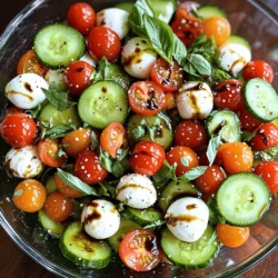 - 2 large cucumbers, sliced into thin rounds - 2 cups cherry tomatoes, halved - 8 oz fresh mozzarella balls, halved or quartered - 1/4 cup fresh basil leaves, torn - 2 tablespoons balsamic glaze - 2 tablespoons extra virgin olive oil - Salt and freshly cracked black pepper to taste What can I use instead of fresh mozzarella? You can swap fresh mozzarella for goat cheese or feta. They add a tangy flavor. What other dressings can I use? Feel free to use a lemon vinaigrette or a creamy ranch. Both can change the taste. Are there low sodium options for seasoning? Yes! Use herbs like oregano or thyme instead of salt. They add great flavor without sodium. To start, slice your cucumbers into thin, round discs. Use a sharp knife for clean cuts. Place the slices in a large bowl. Next, take your cherry tomatoes and cut them in half. Add these vibrant pieces to the bowl with the cucumbers. Now, we need to add the mozzarella. If you have mozzarella balls, cut them in half or quarters. When adding them to the bowl, be gentle. You don’t want to squish them. They should keep their nice shape. Next, grab fresh basil leaves and tear them into small pieces. Sprinkle these over your salad mix. The aroma of basil is fresh and uplifting. Now, for the dressing, drizzle balsamic glaze and olive oil over the salad. This adds rich flavor. Season the salad with salt and freshly cracked black pepper. Adjust the seasoning to your liking. Finally, gently toss everything together. We want to coat all the ingredients, but be careful not to break the mozzarella. Letting the salad rest is important. Aim for about 10 minutes. This allows the flavors to blend nicely. The salt and dressing will enhance each taste. For the best flavor melding, serve the salad soon after mixing. If you let it sit too long, the cucumbers may lose their crunch. Enjoy your fresh and vibrant dish! - Choosing the freshest ingredients Fresh ingredients make a big difference. Look for bright, firm cucumbers and ripe cherry tomatoes. The mozzarella should feel soft and moist. Fresh basil should be vibrant green and fragrant. This ensures your salad tastes great. - Slicing techniques for presentation Slice cucumbers into thin rounds for a nice look. Uniform slices create a pleasing pattern. Halve the cherry tomatoes for easy eating. Keep mozzarella pieces similar in size to the tomatoes. This makes your dish more appealing. - Balancing flavors effectively The key to a great salad is balance. Use enough salt to bring out flavors. The balsamic glaze adds sweetness and acidity. Olive oil gives richness. Taste as you mix to ensure you love the flavor. - Ideal pairings for the salad This salad pairs well with grilled chicken or fish. It's a refreshing side for a summer barbecue. Serve it with crusty bread to soak up the juices. You can also enjoy it as a light lunch. - Creative serving ideas for gatherings For parties, serve in small cups for easy grabbing. Layer the salad in a clear dish for a colorful display. Add some toasted pine nuts on top for a crunchy twist. You can also make mini skewers with the salad ingredients for fun finger food. {{image_2}} You can easily change the flavor by adding new ingredients. Avocados add creaminess and healthy fats. Simply slice ripe avocados and fold them into your salad. Greens like arugula or spinach can add a nice crunch, too. Experimenting with different cheese types can also create new tastes. Try feta or goat cheese instead of mozzarella. Both add a tangy kick that makes the salad special. You can also use vegan cheese if you prefer. Homemade dressings can mix things up. Try mixing olive oil with lemon juice or apple cider vinegar. A dash of honey or Dijon mustard can add a sweet or spicy note. Unique flavors can enhance your salad. Consider adding pesto or a yogurt-based dressing. These options provide a fresh twist that pairs well with cucumbers and tomatoes. For the best taste, always use fresh herbs in your dressings. For the full recipe, check out the details above and start creating your own version! To keep your Easy Cucumber Caprese Salad fresh, store it in the fridge right away. Use an airtight container for best results. This prevents air from drying out the salad. If you have extra dressing, store it separately. This keeps the cucumbers crunchy and the flavors bright. The salad lasts about 2 to 3 days in the fridge. To maintain the best taste, eat it within this time. After a day, check the texture. The cucumbers may start to release water. If they do, gently drain the excess liquid. This helps keep the salad fresh and enjoyable. To make this salad, follow these simple steps: 1. Slice the cucumbers into thin rounds and put them in a bowl. 2. Add the halved cherry tomatoes and mozzarella balls to the cucumbers. 3. Gently fold in the torn basil leaves, being careful not to break the mozzarella. 4. Drizzle the balsamic glaze and olive oil over the mixture. 5. Season with salt and freshly cracked black pepper to taste. 6. Toss everything gently until well combined. 7. Let the salad rest for about 10 minutes to blend the flavors. This quick process takes just 20 minutes. For the full recipe, refer to the details above. Yes, you can prepare the salad ahead of time. It tastes best when fresh, but you can make it a few hours early. Store it in the fridge and cover it tightly. If you make it too early, the cucumbers may become soggy. I recommend serving it within 2 to 4 hours after making it for the best taste and texture. This salad is packed with health benefits: - Cucumbers: They are low in calories and high in water. This helps keep you hydrated. - Tomatoes: They are rich in vitamins C and K, and they contain antioxidants. - Mozzarella: This cheese offers protein and calcium, which are great for bones. - Basil: It has anti-inflammatory properties and adds flavor without calories. - Olive oil: This healthy fat is good for heart health. Altogether, this salad is a light and nutritious choice for any meal or snack. This blog post covers how to make an Easy Cucumber Caprese Salad. You learned about the key ingredients and how to prep them. I shared tips for picking the best produce and enhancing flavors. You also discovered fun variations and storage methods. Incorporating diverse ingredients keeps it fresh. Try different dressings and add-ons to suit your taste. Enjoy your salad journey and create a dish that's vibrant and healthy!