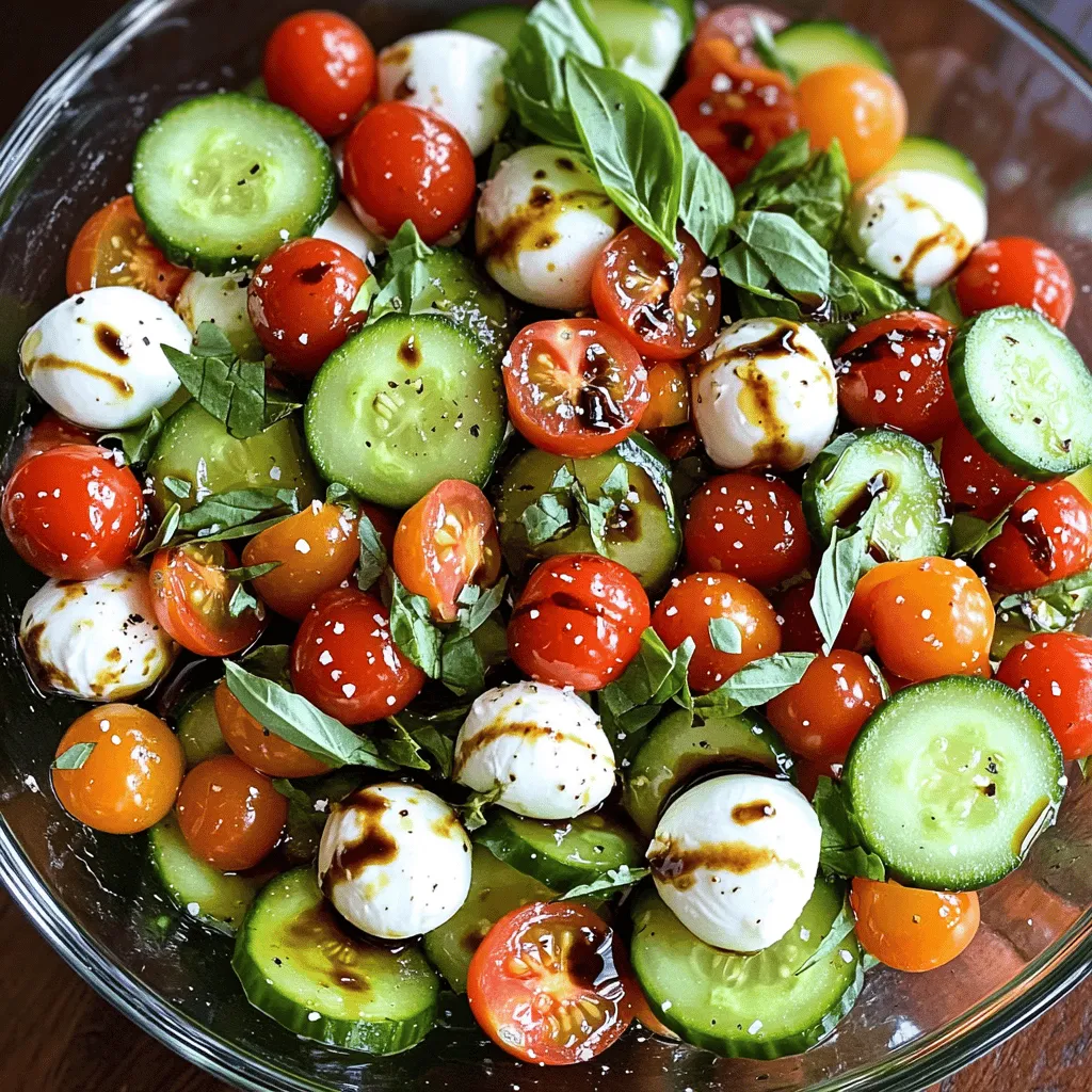 - 2 large cucumbers, sliced into thin rounds - 2 cups cherry tomatoes, halved - 8 oz fresh mozzarella balls, halved or quartered - ¼ cup fresh basil leaves, torn - 2 tablespoons balsamic glaze - 2 tablespoons extra virgin olive oil - Salt and freshly cracked black pepper to taste What can I use instead of fresh mozzarella? You can swap fresh mozzarella for goat cheese or feta. They add a tangy flavor. What other dressings can I use? Feel free to use a lemon vinaigrette or a creamy ranch. Both can change the taste. Are there low sodium options for seasoning? Yes! Use herbs like oregano or thyme instead of salt. They add great flavor without sodium. To start, slice your cucumbers into thin, round discs. Use a sharp knife for clean cuts. Place the slices in a large bowl. Next, take your cherry tomatoes and cut them in half. Add these vibrant pieces to the bowl with the cucumbers. Now, we need to add the mozzarella. If you have mozzarella balls, cut them in half or quarters. When adding them to the bowl, be gentle. You don’t want to squish them. They should keep their nice shape. Next, grab fresh basil leaves and tear them into small pieces. Sprinkle these over your salad mix. The aroma of basil is fresh and uplifting. Now, for the dressing, drizzle balsamic glaze and olive oil over the salad. This adds rich flavor. Season the salad with salt and freshly cracked black pepper. Adjust the seasoning to your liking. Finally, gently toss everything together. We want to coat all the ingredients, but be careful not to break the mozzarella. Letting the salad rest is important. Aim for about 10 minutes. This allows the flavors to blend nicely. The salt and dressing will enhance each taste. For the best flavor melding, serve the salad soon after mixing. If you let it sit too long, the cucumbers may lose their crunch. Enjoy your fresh and vibrant dish! - Choosing the freshest ingredients Fresh ingredients make a big difference. Look for bright, firm cucumbers and ripe cherry tomatoes. The mozzarella should feel soft and moist. Fresh basil should be vibrant green and fragrant. This ensures your salad tastes great. - Slicing techniques for presentation Slice cucumbers into thin rounds for a nice look. Uniform slices create a pleasing pattern. Halve the cherry tomatoes for easy eating. Keep mozzarella pieces similar in size to the tomatoes. This makes your dish more appealing. - Balancing flavors effectively The key to a great salad is balance. Use enough salt to bring out flavors. The balsamic glaze adds sweetness and acidity. Olive oil gives richness. Taste as you mix to ensure you love the flavor. - Ideal pairings for the salad This salad pairs well with grilled chicken or fish. It's a refreshing side for a summer barbecue. Serve it with crusty bread to soak up the juices. You can also enjoy it as a light lunch. - Creative serving ideas for gatherings For parties, serve in small cups for easy grabbing. Layer the salad in a clear dish for a colorful display. Add some toasted pine nuts on top for a crunchy twist. You can also make mini skewers with the salad ingredients for fun finger food. {{image_2}} You can easily change the flavor by adding new ingredients. Avocados add creaminess and healthy fats. Simply slice ripe avocados and fold them into your salad. Greens like arugula or spinach can add a nice crunch, too. Experimenting with different cheese types can also create new tastes. Try feta or goat cheese instead of mozzarella. Both add a tangy kick that makes the salad special. You can also use vegan cheese if you prefer. Homemade dressings can mix things up. Try mixing olive oil with lemon juice or apple cider vinegar. A dash of honey or Dijon mustard can add a sweet or spicy note. Unique flavors can enhance your salad. Consider adding pesto or a yogurt-based dressing. These options provide a fresh twist that pairs well with cucumbers and tomatoes. For the best taste, always use fresh herbs in your dressings. For the full recipe, check out the details above and start creating your own version! To keep your Easy Cucumber Caprese Salad fresh, store it in the fridge right away. Use an airtight container for best results. This prevents air from drying out the salad. If you have extra dressing, store it separately. This keeps the cucumbers crunchy and the flavors bright. The salad lasts about 2 to 3 days in the fridge. To maintain the best taste, eat it within this time. After a day, check the texture. The cucumbers may start to release water. If they do, gently drain the excess liquid. This helps keep the salad fresh and enjoyable. To make this salad, follow these simple steps: 1. Slice the cucumbers into thin rounds and put them in a bowl. 2. Add the halved cherry tomatoes and mozzarella balls to the cucumbers. 3. Gently fold in the torn basil leaves, being careful not to break the mozzarella. 4. Drizzle the balsamic glaze and olive oil over the mixture. 5. Season with salt and freshly cracked black pepper to taste. 6. Toss everything gently until well combined. 7. Let the salad rest for about 10 minutes to blend the flavors. This quick process takes just 20 minutes. For the full recipe, refer to the details above. Yes, you can prepare the salad ahead of time. It tastes best when fresh, but you can make it a few hours early. Store it in the fridge and cover it tightly. If you make it too early, the cucumbers may become soggy. I recommend serving it within 2 to 4 hours after making it for the best taste and texture. This salad is packed with health benefits: - Cucumbers: They are low in calories and high in water. This helps keep you hydrated. - Tomatoes: They are rich in vitamins C and K, and they contain antioxidants. - Mozzarella: This cheese offers protein and calcium, which are great for bones. - Basil: It has anti-inflammatory properties and adds flavor without calories. - Olive oil: This healthy fat is good for heart health. Altogether, this salad is a light and nutritious choice for any meal or snack. This blog post covers how to make an Easy Cucumber Caprese Salad. You learned about the key ingredients and how to prep them. I shared tips for picking the best produce and enhancing flavors. You also discovered fun variations and storage methods. Incorporating diverse ingredients keeps it fresh. Try different dressings and add-ons to suit your taste. Enjoy your salad journey and create a dish that's vibrant and healthy!