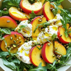 - 2 ripe peaches, sliced - 1 ball of burrata cheese, torn into pieces - 4 cups arugula or mixed greens To make the best Peach Burrata Salad, start with the freshest ingredients. Ripe peaches are key. They should be sweet and juicy. Look for peaches that give a little when you press them. This means they are ready to eat. Burrata cheese adds a rich, creamy touch. It makes the salad feel luxurious. Arugula or mixed greens serve as a fresh base. The peppery taste of arugula pairs well with the sweet peaches. - 1/2 cup olive oil - 2 tablespoons honey - 2 tablespoons apple cider vinegar - 1 tablespoon Dijon mustard These pantry staples create a tasty Champagne vinaigrette. Olive oil adds richness and depth. Honey brings sweetness to balance the tangy vinegar. Apple cider vinegar adds a bright, zesty flavor. Dijon mustard gives the dressing a little kick. Together, they form a smooth dressing that ties the salad together. - 1/4 cup toasted pistachios, roughly chopped - 1/4 cup fresh basil leaves, torn - Salt and pepper to taste To finish the salad, add toppings and garnishes. Toasted pistachios give a nice crunch. They also add a nutty flavor that complements the peaches. Fresh basil leaves bring a burst of freshness. Their aroma elevates the entire dish. Don’t forget to sprinkle salt and pepper for extra flavor. This simple step enhances all the tastes. For the full recipe, check out the details provided earlier. To make the Champagne vinaigrette, first grab a small bowl. Here, combine 2 tablespoons of honey, 2 tablespoons of apple cider vinegar, and 1 tablespoon of Dijon mustard. Whisk these ingredients together until they mix well. The honey adds a sweet touch, while the vinegar gives it a nice zing. Once combined, slowly drizzle in 1/2 cup of olive oil while whisking continuously. This helps to emulsify the dressing, making it creamy and rich. Set the vinaigrette aside for later. Now, let’s build our salad! Start with a large salad bowl. Layer 4 cups of arugula or mixed greens as the base. This will provide a fresh and peppery flavor. Next, gently arrange 2 ripe peaches, sliced, and 1 ball of burrata cheese, torn into pieces over the greens. Make sure to distribute the peaches and burrata evenly to ensure each bite is delightful. Finally, sprinkle 1/4 cup of toasted pistachios, roughly chopped, and 1/4 cup of fresh basil leaves, torn over the top for added crunch and aroma. It’s time to dress the salad! Drizzle the prepared vinaigrette over the salad, making sure to cover all the ingredients. This adds a burst of flavor to each bite. Next, season with a pinch of salt and pepper to taste. Toss the salad gently to combine everything, but be careful not to break up the burrata too much. You want those creamy pockets to stay intact! Serve immediately for a fresh and vibrant dish. For the complete recipe, check out the Full Recipe. - Look for ripe, fragrant peaches. They should feel soft but not mushy. - Buy peaches in summer for the best flavor. Local farmers’ markets often have the finest picks. Peaches are at their peak during the summer months. A ripe peach will smell sweet and have a slight give when pressed. Avoid peaches that are hard or have dark spots. Always check for a nice golden hue, which shows they are ripe and ready to enjoy. - Store burrata in the fridge and use it within a few days. - To showcase burrata, gently tear it into pieces with your hands. Burrata is a soft cheese with a creamy center. It should be used fresh for the best taste. Do not slice it with a knife; tearing it keeps its texture intact. This makes the cheese look beautiful on your salad and helps it melt into the other flavors. - Pair the salad with grilled chicken or fish for a full meal. - Enjoy a crisp white wine or sparkling water with your salad. This salad shines alongside light dishes like grilled meats or seafood. The fresh, sweet peaches balance well with savory flavors. When it comes to drinks, a chilled glass of Sauvignon Blanc or a refreshing sparkling water enhances the meal. For more detailed instructions and insights, refer to the Full Recipe. {{image_2}} You can change the cheese in this salad. Feta or goat cheese works well. Feta adds a salty kick. Goat cheese brings a creamy texture. Both options are tasty and fun. For nuts, try walnuts or sunflower seeds instead of pistachios. Walnuts offer a rich flavor. Sunflower seeds add a nice crunch. Feel free to mix and match nuts based on your taste. If you're not in the mood for Champagne vinaigrette, use balsamic vinaigrette. This dressing is sweet and tangy. It pairs well with peaches and burrata. A yogurt-based dressing is another option. It gives a creamy contrast and keeps it light. In summer, add berries for a twist. Strawberries or blueberries go great with peaches. They add color and more sweetness. You can also adapt the greens. Use spinach or kale during winter months. Each season brings new flavors and textures to enjoy. For the full recipe, check the Peach Burrata Bliss Salad section. To keep your Peach Burrata Salad fresh, store it in an airtight container. This helps prevent moisture loss and keeps the salad crisp. You can store it in the fridge for up to three days. However, the peaches may lose their texture after a day. If you want to keep the salad fresh for longer, consider adding the vinaigrette just before serving. You can prepare the salad components ahead of time. Slice the peaches and tear the burrata a few hours before serving. Store them in separate containers in the fridge. This keeps the flavors fresh and vibrant. For the vinaigrette, whisk together the honey, apple cider vinegar, and Dijon mustard. Store it in a jar and keep it in the fridge. Shake it well before use. This salad tastes best when served cold. If you have leftovers, enjoy them straight from the fridge. Avoid reheating, as it can change the texture of the burrata and greens. For a refreshing twist, add a drizzle of olive oil or honey before serving. This adds a nice touch to the leftover salad without losing its quality. For the full recipe, check out the Peach Burrata Bliss Salad instructions. This recipe yields four servings. You can easily adjust the amounts for a larger group. Just keep the ratios the same for the best results. Yes, you can make this salad vegan! Just replace the burrata cheese with a vegan cheese option. You can also try using avocado for creaminess. This salad pairs well with grilled chicken or fish. You can also serve it alongside a light pasta dish. It’s a great side for summer barbecues too! This blog post explored how to make a fresh and delicious peach salad. We covered the essential ingredients, from ripe peaches and creamy burrata to pantry staples like olive oil and honey. I shared step-by-step instructions, plus tips for choosing quality ingredients and creative variations. In my final thoughts, this salad is versatile and easy to customize. It’s a bright dish that shines in the summer months. You can enjoy it as a main or side dish. With these tips, you’ll impress your guests and enjoy a delightful meal.