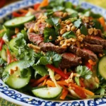 - 1 pound beef sirloin, thinly sliced - 2 tablespoons fish sauce - 1 tablespoon lime juice - 1 tablespoon palm sugar (or brown sugar) - 1 clove garlic, minced - 1 teaspoon chili flakes (adjust to taste) - 2 cups mixed salad greens (arugula, spinach, and lettuce) - 1 cucumber, thinly sliced - 1 red bell pepper, thinly sliced - 1 carrot, julienned - ¼ cup fresh cilantro, chopped - ¼ cup fresh mint leaves, chopped - 1 tablespoon roasted peanuts, crushed (for garnish) To make the Thai Beef Salad, gather these fresh ingredients. Each one plays a key role in the dish's vibrant flavor. The beef sirloin gives the salad a hearty base. Fish sauce adds depth, while lime juice brightens every bite. Palm sugar balances the salty and sour notes. Garlic and chili flakes bring warmth and aroma. The mixed greens create a crunchy backdrop. The cucumber and bell pepper add refreshing crispness. Carrots provide a sweet crunch. Fresh herbs like cilantro and mint elevate the dish with their unique tastes. Finally, crushed peanuts give a satisfying crunch. This mix of ingredients results in a colorful and tasty meal. You can find the full recipe to create this delightful dish. Enjoy the bold flavors and fresh ingredients in your Thai Beef Salad! Start by whisking together these ingredients in a bowl: - 2 tablespoons fish sauce - 1 tablespoon lime juice - 1 tablespoon palm sugar (or brown sugar) - 1 clove garlic, minced - 1 teaspoon chili flakes (adjust to taste) This mixture is your marinade. It adds a lot of flavor to the beef. Next, place the thinly sliced beef in the bowl. Make sure each piece gets coated well. Let the beef sit in the marinade for at least 15 minutes. If you have time, one hour in the fridge gives better taste. While the beef marinates, get your salad ready. In a large bowl, combine these fresh ingredients: - 2 cups mixed salad greens (arugula, spinach, and lettuce) - 1 cucumber, thinly sliced - 1 red bell pepper, thinly sliced - 1 carrot, julienned Toss the greens and veggies gently. Set the bowl aside so the flavors can blend. Now, it's time to cook the beef. Heat a grill pan or skillet over medium-high heat. Take the marinated beef out and discard the leftover marinade. Grill or sauté the beef slices for about 2-3 minutes on each side. You want them cooked but still juicy. Once done, remove the beef from the heat. Let it rest for a minute. Then, slice the beef into thin strips. Add these strips to your salad bowl along with fresh cilantro and mint. Toss everything together gently. Serve immediately. If you want, top with crushed roasted peanuts for a nice crunch. For the full recipe, refer to the above instructions. Enjoy! To make your Thai Beef Salad shine, start with the marinade. Adjust the level of chili flakes for spice. If you love heat, add more flakes. For a milder taste, use less. Letting the beef marinate longer brings out great flavors. I recommend 15 minutes at room temperature or up to an hour in the fridge. This helps the beef soak up the flavors. When cooking the beef, use high heat. This gives it a nice sear and keeps it juicy. A cast iron skillet works well for even cooking. It holds heat well, so your beef cooks perfectly. Don’t overcrowd the pan; cook the beef in batches if needed. This step is key to achieving that perfect texture. Serve your Thai Beef Salad with jasmine rice or rice noodles for a satisfying meal. These sides complement the fresh flavors of the salad. For added taste, offer toppings like sliced avocado. It adds creaminess to the crunchy salad. You can also sprinkle crushed peanuts on top for extra crunch. Enjoy the burst of flavors in every bite! For the full recipe, check the main section. {{image_2}} You can easily change the main protein in this dish. Swap beef for grilled chicken or tofu for a tasty vegetarian option. This keeps the dish light and fresh. If you want a zesty boost, add lime zest to your marinade. This small change can brighten the whole dish. For a different twist, consider adding sesame oil or soy sauce to the dressing. Both options bring a nutty flavor that pairs well with the other ingredients. You can also try using fresh herbs like basil instead of cilantro or mint. This adds a unique touch that makes the salad your own. Using seasonal vegetables can make your salad even fresher. Think about adding crisp radishes or colorful cherry tomatoes. They not only taste great but also add visual appeal. For a sweet note, toss in seasonal fruits like mango. The sweetness from the fruit balances the lime and fish sauce perfectly. For the complete recipe, check out the [Full Recipe]. Store any leftovers in an airtight container. This keeps them fresh and tasty. For the best taste, eat them within 2 days. This way, you enjoy the full flavor of your Thai Beef Salad. If you want to save some for later, freeze the beef separately from the salad. This helps keep the salad fresh. When you're ready to eat, thaw the beef in the refrigerator. This slow method keeps the taste and texture just right. To reheat the beef, use a skillet or microwave. This warms it up nicely without drying it out. Do not reheat the salad greens. They lose their crunch and freshness if heated. Enjoy your meal at its best! For the complete recipe, check out [Full Recipe]. Thai Beef Salad is a fresh, vibrant dish from Thailand. This dish features tender beef, crisp veggies, and a zesty dressing. The flavors blend sweet, sour, salty, and spicy notes. Traditionally, it's enjoyed as a light meal or appetizer. Its origins stem from Thai street food, where balance in flavors is key. To add heat, you can increase the chili flakes in the marinade. Start with a teaspoon and add more if you like. Fresh Thai bird's eye chilies can also spice things up. Slice them thinly and mix them into the salad. Yes, you can prep elements in advance. Marinate the beef a few hours before cooking for better flavor. Chop the veggies and store them in the fridge to keep them fresh. Mix everything together just before serving for the best taste. This salad pairs well with jasmine rice or rice noodles. You can also serve it alongside spring rolls or satay skewers. These options complement the salad's flavors and make a complete meal. You can swap the beef for grilled chicken or tofu for a vegetarian dish. Add fruits like mango for sweetness or use lime zest for extra flavor. Play with herbs too; basil or cilantro can give it a unique twist. This salad is packed with nutrients. Beef adds protein and iron, while veggies provide vitamins and fiber. The dressing offers healthy fats from fish sauce and fresh herbs. Overall, it's a balanced dish that is both tasty and good for you. Enjoy this dish with the full recipe for a delightful experience! In this post, we covered how to make Thai Beef Salad. You learned about the key ingredients, marinating tips, and cooking steps. Remember, feel free to adjust spice levels and swap ingredients to suit your taste. Keep your leftovers fresh by storing them properly. Whether you're serving it with rice or adding seasonal fruits, this salad is versatile. Enjoy making it your own and impressing friends and family with bold flavors.