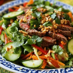 - 1 pound beef sirloin, thinly sliced - 2 tablespoons fish sauce - 1 tablespoon lime juice - 1 tablespoon palm sugar (or brown sugar) - 1 clove garlic, minced - 1 teaspoon chili flakes (adjust to taste) - 2 cups mixed salad greens (arugula, spinach, and lettuce) - 1 cucumber, thinly sliced - 1 red bell pepper, thinly sliced - 1 carrot, julienned - 1/4 cup fresh cilantro, chopped - 1/4 cup fresh mint leaves, chopped - 1 tablespoon roasted peanuts, crushed (for garnish) To make the Thai Beef Salad, gather these fresh ingredients. Each one plays a key role in the dish's vibrant flavor. The beef sirloin gives the salad a hearty base. Fish sauce adds depth, while lime juice brightens every bite. Palm sugar balances the salty and sour notes. Garlic and chili flakes bring warmth and aroma. The mixed greens create a crunchy backdrop. The cucumber and bell pepper add refreshing crispness. Carrots provide a sweet crunch. Fresh herbs like cilantro and mint elevate the dish with their unique tastes. Finally, crushed peanuts give a satisfying crunch. This mix of ingredients results in a colorful and tasty meal. You can find the full recipe to create this delightful dish. Enjoy the bold flavors and fresh ingredients in your Thai Beef Salad! Start by whisking together these ingredients in a bowl: - 2 tablespoons fish sauce - 1 tablespoon lime juice - 1 tablespoon palm sugar (or brown sugar) - 1 clove garlic, minced - 1 teaspoon chili flakes (adjust to taste) This mixture is your marinade. It adds a lot of flavor to the beef. Next, place the thinly sliced beef in the bowl. Make sure each piece gets coated well. Let the beef sit in the marinade for at least 15 minutes. If you have time, one hour in the fridge gives better taste. While the beef marinates, get your salad ready. In a large bowl, combine these fresh ingredients: - 2 cups mixed salad greens (arugula, spinach, and lettuce) - 1 cucumber, thinly sliced - 1 red bell pepper, thinly sliced - 1 carrot, julienned Toss the greens and veggies gently. Set the bowl aside so the flavors can blend. Now, it's time to cook the beef. Heat a grill pan or skillet over medium-high heat. Take the marinated beef out and discard the leftover marinade. Grill or sauté the beef slices for about 2-3 minutes on each side. You want them cooked but still juicy. Once done, remove the beef from the heat. Let it rest for a minute. Then, slice the beef into thin strips. Add these strips to your salad bowl along with fresh cilantro and mint. Toss everything together gently. Serve immediately. If you want, top with crushed roasted peanuts for a nice crunch. For the full recipe, refer to the above instructions. Enjoy! To make your Thai Beef Salad shine, start with the marinade. Adjust the level of chili flakes for spice. If you love heat, add more flakes. For a milder taste, use less. Letting the beef marinate longer brings out great flavors. I recommend 15 minutes at room temperature or up to an hour in the fridge. This helps the beef soak up the flavors. When cooking the beef, use high heat. This gives it a nice sear and keeps it juicy. A cast iron skillet works well for even cooking. It holds heat well, so your beef cooks perfectly. Don’t overcrowd the pan; cook the beef in batches if needed. This step is key to achieving that perfect texture. Serve your Thai Beef Salad with jasmine rice or rice noodles for a satisfying meal. These sides complement the fresh flavors of the salad. For added taste, offer toppings like sliced avocado. It adds creaminess to the crunchy salad. You can also sprinkle crushed peanuts on top for extra crunch. Enjoy the burst of flavors in every bite! For the full recipe, check the main section. {{image_2}} You can easily change the main protein in this dish. Swap beef for grilled chicken or tofu for a tasty vegetarian option. This keeps the dish light and fresh. If you want a zesty boost, add lime zest to your marinade. This small change can brighten the whole dish. For a different twist, consider adding sesame oil or soy sauce to the dressing. Both options bring a nutty flavor that pairs well with the other ingredients. You can also try using fresh herbs like basil instead of cilantro or mint. This adds a unique touch that makes the salad your own. Using seasonal vegetables can make your salad even fresher. Think about adding crisp radishes or colorful cherry tomatoes. They not only taste great but also add visual appeal. For a sweet note, toss in seasonal fruits like mango. The sweetness from the fruit balances the lime and fish sauce perfectly. For the complete recipe, check out the [Full Recipe]. Store any leftovers in an airtight container. This keeps them fresh and tasty. For the best taste, eat them within 2 days. This way, you enjoy the full flavor of your Thai Beef Salad. If you want to save some for later, freeze the beef separately from the salad. This helps keep the salad fresh. When you're ready to eat, thaw the beef in the refrigerator. This slow method keeps the taste and texture just right. To reheat the beef, use a skillet or microwave. This warms it up nicely without drying it out. Do not reheat the salad greens. They lose their crunch and freshness if heated. Enjoy your meal at its best! For the complete recipe, check out [Full Recipe]. Thai Beef Salad is a fresh, vibrant dish from Thailand. This dish features tender beef, crisp veggies, and a zesty dressing. The flavors blend sweet, sour, salty, and spicy notes. Traditionally, it's enjoyed as a light meal or appetizer. Its origins stem from Thai street food, where balance in flavors is key. To add heat, you can increase the chili flakes in the marinade. Start with a teaspoon and add more if you like. Fresh Thai bird's eye chilies can also spice things up. Slice them thinly and mix them into the salad. Yes, you can prep elements in advance. Marinate the beef a few hours before cooking for better flavor. Chop the veggies and store them in the fridge to keep them fresh. Mix everything together just before serving for the best taste. This salad pairs well with jasmine rice or rice noodles. You can also serve it alongside spring rolls or satay skewers. These options complement the salad's flavors and make a complete meal. You can swap the beef for grilled chicken or tofu for a vegetarian dish. Add fruits like mango for sweetness or use lime zest for extra flavor. Play with herbs too; basil or cilantro can give it a unique twist. This salad is packed with nutrients. Beef adds protein and iron, while veggies provide vitamins and fiber. The dressing offers healthy fats from fish sauce and fresh herbs. Overall, it's a balanced dish that is both tasty and good for you. Enjoy this dish with the full recipe for a delightful experience! In this post, we covered how to make Thai Beef Salad. You learned about the key ingredients, marinating tips, and cooking steps. Remember, feel free to adjust spice levels and swap ingredients to suit your taste. Keep your leftovers fresh by storing them properly. Whether you're serving it with rice or adding seasonal fruits, this salad is versatile. Enjoy making it your own and impressing friends and family with bold flavors.
