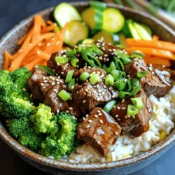 - 1 pound sirloin steak, cut into bite-sized pieces - 2 cups cooked jasmine rice - 1 tablespoon vegetable oil - 2 cloves garlic, minced - 1 teaspoon fresh ginger, grated - 1 cup broccoli florets - 1 carrot, julienned - 1 zucchini, sliced - 2 tablespoons soy sauce - 1 tablespoon teriyaki sauce - 1 teaspoon sesame oil - 2 green onions, sliced (for garnish) - Sesame seeds (for garnish) Gather these ingredients before you start cooking. The sirloin steak gives a rich flavor. It’s tender and juicy, perfect for hibachi bowls. Jasmine rice adds a nice touch with its fragrance. I like to use fresh veggies like broccoli, carrots, and zucchini. They not only taste great but also add color and nutrients. The sauces are key for flavor. Soy sauce brings saltiness, while teriyaki sauce adds sweetness. Sesame oil rounds out the dish with a nutty taste. Green onions and sesame seeds are the perfect finishing touches, giving texture and crunch. Ready to dive into the cooking? Check out the Full Recipe to see how to bring these ingredients together for a delicious meal. - Combine steak with soy sauce, teriyaki sauce, and sesame oil. - Allow to marinate for at least 15 minutes. Marinating the steak adds rich flavor. The soy sauce gives it saltiness, while teriyaki adds a sweet kick. Sesame oil brings a nutty taste. Make sure to coat every piece well. Letting it sit for 15 minutes helps the flavors sink in. You can marinate it longer if you have time. - Heat vegetable oil in a skillet or hibachi grill. - Sauté garlic and ginger until fragrant. Heat your skillet on medium-high. Add the vegetable oil. Once hot, toss in the minced garlic and grated ginger. Stir for about 30 seconds. You want them fragrant, not burnt. This step builds a great base for your veggies. - Stir-fry broccoli, carrot, and zucchini. - Cook marinated steak until browned. - Combine steak and vegetables. Add the broccoli, carrots, and zucchini to your skillet. Stir-fry for about 4 to 5 minutes. You want them tender but still crunchy. Next, add the marinated steak. Cook for about 4 to 6 minutes until browned. Once done, mix the veggies back in. This melds all the flavors together. - Add jasmine rice to serving bowls. - Top with steak and vegetable mixture. - Garnish with green onions and sesame seeds. Scoop some jasmine rice into each bowl. Then, load it up with the steak and veggie mix. Finally, sprinkle sliced green onions and sesame seeds on top. This adds color and crunch. For the full recipe, check out the [Full Recipe]. For the best hibachi steak, I recommend sirloin or ribeye. These cuts are tender and flavorful. When choosing your steak, look for good marbling. This means small white lines of fat in the meat. They make the steak juicy and tasty. To ensure perfect tenderness, let your steak sit at room temperature for about 30 minutes before cooking. This helps it cook evenly and stay soft. Preparing your veggies right makes a big difference. For carrots, peel them first. Then, slice them into thin strips, called julienne. This helps them cook quickly. For zucchini, cut off the ends, then slice it into rounds. Aim for thin slices for even cooking. Cook broccoli florets for about 4-5 minutes. Carrots and zucchini should cook for the same time. This way, they stay crunchy and vibrant. Marinating your steak boosts flavor. To make it even better, add some garlic or a splash of lime juice. Let your steak marinate for at least 15 minutes. You can go longer if time allows. This helps the flavors soak in. Just remember, don’t marinate too long, or it may become mushy. Your steak deserves that perfect balance of taste and texture. For the full recipe, check out the Hibachi Steak Bowls section above. {{image_2}} You can swap out steak for chicken or tofu. Chicken is lighter and cooks faster. Tofu is great for a plant-based meal. If you use chicken, cut it into small pieces. Cook it for about 5-7 minutes until it's no longer pink. For tofu, press it to remove water, then cut and cook for about 3-5 minutes. This way, you can enjoy a tasty bowl with your favorite protein. Feel free to use seasonal vegetables. This adds freshness and flavor to your dish. Try using bell peppers, snap peas, or asparagus. They cook quickly and add color. You can also mix in mushrooms or corn for extra texture. Just chop them into bite-size pieces, so they cook evenly. Experiment with different sauces to change the flavor. You might try spicy marinades if you like heat. Garlic sauce can add a nice kick too. You can make your own sauces or use store-bought ones for convenience. Just remember, a good sauce brings the whole dish together. Check out the Full Recipe for more details on ingredients and flavors. To keep your hibachi steak bowls fresh, store leftovers in the fridge. Use airtight containers to prevent moisture loss. Glass or BPA-free plastic works best. Make sure to let the dish cool before sealing. This helps maintain the flavor and texture. Consume leftovers within three days for the best taste. For reheating, the stovetop is the best option. It keeps the steak tender and the veggies crisp. Place the bowl in a skillet over medium heat. Stir occasionally until heated through. If using the microwave, remove the lid and cover with a damp paper towel. Heat in short bursts. Check often to avoid overcooking. To freeze hibachi steak bowls, pack them tightly in airtight containers. Leave some space for expansion. You can freeze them for up to three months. When ready to eat, thaw in the fridge overnight. To reheat, use the stovetop for the best results, or microwave if short on time. A hibachi steak bowl is a delicious dish with tender steak and fresh veggies. It often includes jasmine rice as the base. You can add a mix of flavors from soy sauce and teriyaki sauce. The dish is quick to make, so it’s great for busy nights. It's colorful and filling, perfect for any meal. To make hibachi steak bowls healthier, use lean cuts of steak. Substitute brown rice for jasmine rice for more fiber. You can also add more veggies like bell peppers or snap peas. Keep portion sizes small to avoid eating too much. Use less oil when cooking and try to grill instead. Yes, you can make hibachi steak bowls in advance! Cook the steak and veggies, then store them in the fridge. Keep the rice separate to avoid sogginess. You can prep up to three days ahead. Just reheat everything in a skillet or microwave when ready to eat. Many Japanese restaurants offer hibachi steak bowls. Look for places that specialize in hibachi or teppanyaki. Popular chains like Benihana serve similar dishes. You can also find them at food trucks or local eateries. Check online reviews to find the best spots near you. You've learned how to make tasty hibachi steak bowls from scratch. We covered key ingredients, step-by-step cooking, and tips to enhance your meal. Remember, you can switch proteins or veggies to suit your taste. Store leftovers properly, and you can enjoy this dish later. Try experimenting with the flavors based on what you like. Making hibachi steak bowls can be fun and rewarding. Enjoy your cooking!