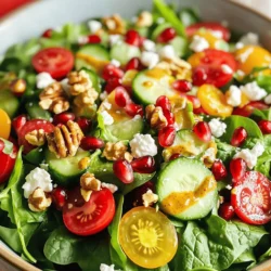 For this Christmas salad, I use 4 cups of mixed greens. A blend of spinach, arugula, and romaine works best. This mix gives the salad a crunchy texture and a bit of peppery flavor. You can adjust the greens to fit your taste, but this mix is delightful. The fun part is adding colorful ingredients. Here’s what I choose: - 1 cup cherry tomatoes, halved - 1 cup cucumber, diced - 1/2 cup pomegranate seeds - 1/2 cup walnuts, toasted and roughly chopped - 1/4 cup feta cheese, crumbled - 1/4 cup red onion, thinly sliced These add-ins bring vibrant colors and flavors. The pomegranate seeds add a sweet burst, while the walnuts give a nice crunch. Feta cheese adds creaminess, and red onion gives a sharp taste. The dressing ties everything together. For the honey mustard dressing, you need: - 1/4 cup olive oil - 2 tablespoons apple cider vinegar - 2 tablespoons honey - 1 tablespoon Dijon mustard - Salt and pepper to taste This dressing is easy to make. The honey makes it sweet, while the mustard gives it a tangy kick. Mixing these ingredients creates a smooth and tasty dressing that coats the salad perfectly. You can find the full recipe linked within this section for more details. To start, gather your ingredients. You will need 4 cups of mixed greens, like spinach, arugula, and romaine. Next, take 1 cup of cherry tomatoes and cut them in half. Dice 1 cup of cucumber, too. Slice 1/4 cup of red onion thinly. In a large salad bowl, mix the greens, tomatoes, cucumber, and red onion. This base gives the salad a fresh, crunchy feel. The colors will brighten up your holiday table. Now, let’s make the honey mustard dressing. In a small bowl, whisk together 1/4 cup of olive oil, 2 tablespoons of apple cider vinegar, 2 tablespoons of honey, and 1 tablespoon of Dijon mustard. Add salt and pepper to taste. Whisk until all ingredients blend well. The dressing should be smooth and creamy. This adds a sweet and tangy flavor to your salad. Pour the honey mustard dressing over the salad base. Toss gently to coat everything evenly. This step is key to ensure every bite is delicious. Next, add 1/2 cup of pomegranate seeds and 1/2 cup of toasted walnuts. These add crunch and color. Sprinkle 1/4 cup of crumbled feta cheese on top for a creamy finish. Serve your Christmas salad right away or chill it for 30 minutes. This lets the flavors blend well. Enjoy your beautiful, festive dish! For the full recipe, check out the details above. To make your Christmas salad shine, use fresh ingredients. Fresh greens and ripe tomatoes give the best taste. Look for bright colors and firm textures. If you buy greens, check for wilting or browning. It’s best to use them within a few days. Store greens in the fridge in a sealed bag. This keeps them crisp. For the pomegranate seeds, choose ones that are plump. They add a juicy burst of flavor to your salad. Whisking the dressing well is key to a great salad. Start with a bowl for your dressing. Add olive oil, vinegar, honey, and mustard. Use a whisk or a fork to mix them together. Whisk until the dressing looks smooth and creamy. This helps to blend the flavors well. If you want a creamier dressing, you can add a bit of Greek yogurt. This adds a nice texture and taste. To wow your guests, focus on how you serve the salad. Use a large, colorful bowl to show off the bright greens and toppings. Arrange the salad layers nicely. Start with the greens, then add the veggies, and top with walnuts and feta. For a festive touch, sprinkle extra pomegranate seeds on top. This makes the salad look vibrant. You can also serve it in individual bowls for a more personal touch. Remember, a beautiful salad is just as important as a tasty one. For the full recipe, check out the Christmas Salad with Honey Mustard. {{image_2}} You can switch up the greens in the Christmas salad. Instead of mixed greens, try kale or baby spinach. These greens add a nice texture and flavor. If you want to go lighter, use shredded cabbage or iceberg lettuce. These alternatives can make your salad crunchy and fresh. Nuts and cheese can change the taste of your salad. Walnuts give a rich flavor, but pecans or almonds work well too. Toast the nuts for extra crunch and flavor. For cheese, feta is great, but goat cheese or blue cheese can add a unique twist. Try different combos to find your favorite mix. Fruits bring sweetness and color to your salad. Pomegranate seeds add a festive touch, but you can use cranberries or mandarin oranges for variety. Sliced apples or pears also work well. For seasonal flavors, add spices like cinnamon or nutmeg to the dressing. These small changes can make your Christmas salad even more delightful. For the full recipe, check out the complete details above. To store your Christmas salad leftovers, place them in an airtight container. Make sure to keep the salad dressing separate. This helps keep the greens crisp. You can refrigerate the container for up to three days. If you mix the salad with the dressing, it may get soggy. To keep your salad ingredients fresh, store them properly. Wrap mixed greens in a damp paper towel. Place them in a plastic bag or container. Keep cucumbers and cherry tomatoes in the fridge, but not in the crisper drawer. Pomegranate seeds and walnuts should stay in airtight containers to prevent them from losing taste. Most salad ingredients taste best when fresh. Mixed greens last about three days. Cherry tomatoes and cucumbers can last up to a week. Pomegranate seeds and walnuts can stay fresh for around two weeks. Feta cheese keeps well for about a week after opening. For the best taste, enjoy your Christmas salad soon after making it. Check out the Full Recipe for more tips on creating this delightful dish! Yes, you can make the honey mustard dressing ahead. Mix it and store it in the fridge. This saves time when you want to serve the salad. The flavors will blend and taste even better after a few hours. Just shake or whisk it again before you pour it on the salad. If you want a swap for feta cheese, try goat cheese or ricotta. Both add creaminess and flavor. You can also use a dairy-free option like a nut cheese. These choices keep the salad tasty and satisfying. Yes, this salad works well for meal prep! Store the salad and dressing separately. Keep the greens fresh by adding them just before serving. This way, they stay crisp and colorful. You can enjoy this salad throughout the week without losing flavor. Try the full recipe for great results! This blog post covered how to make a fresh salad with honey mustard dressing. We started with mixed greens and explored add-ins, toppings, and dressing components. You learned step-by-step instructions for salad prep, dressing mixing, and combining everything for serving. Tips included ways to keep ingredients fresh and stylish presentation ideas. In conclusion, enjoy experimenting with flavors and ingredients. Your creativity can make each salad unique. Remember, fresh ingredients make the best taste. Happy salad-making!