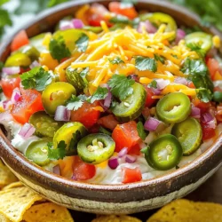 - 1 cup diced pickles (dill or sweet) - 1 medium tomato, diced - 1/2 red onion, finely chopped - 1-2 jalapeños, finely minced (adjust for heat) For this dip, I choose pickles based on my mood. Dill gives a tangy kick, while sweet adds a nice contrast. The tomatoes add juiciness and color. I love using red onions for their mild and sweet taste. Minced jalapeños can turn up the heat. If you like it spicy, add more! - 1 cup cream cheese, softened - 1 cup shredded cheddar cheese Cream cheese is the base of this dip. It makes it smooth and rich. I always let it soften at room temperature. It blends better that way. Shredded cheddar adds flavor and a nice finish. It also looks pretty on top. - 1/4 cup fresh cilantro, chopped - Juice of 1 lime - 1/2 teaspoon garlic powder - Salt and pepper to taste Fresh cilantro brings a burst of flavor. Lime juice adds brightness and balances the dip. Garlic powder gives it a nice depth. Don't forget salt and pepper; they make all the flavors pop! For the full recipe, check out the details above. Enjoy making this dip for your next gathering! To start, gather your fresh ingredients. You will need diced pickles, a tomato, red onion, jalapeños, and cilantro. In a large mixing bowl, combine the diced pickles, tomato, red onion, jalapeños, and cilantro. This mix is colorful and full of flavor. Next, squeeze the juice of one lime over the mixture. Add garlic powder, salt, and pepper. Stir well! This step is key as it ties all the flavors together. Now, let’s incorporate the cream cheese. In a separate bowl, whisk the softened cream cheese until it’s smooth. This makes mixing easier. Gradually fold the pickle mixture into the cream cheese. Mix gently until everything combines well. You want a nice, creamy dip. Once mixed, transfer your dip to a serving dish. To finish it off, sprinkle shredded cheddar cheese on top. This adds a lovely touch and extra flavor. Chill the dip in the refrigerator for at least 30 minutes. This allows the flavors to meld together. It’s worth the wait! When ready to serve, enjoy it cold. This dip pairs well with tortilla chips, crackers, or vegetable sticks. Each bite is a burst of fresh flavor! For the full recipe, check out the details above. To make your Pickle de Gallo Pico Dip shine, you can adjust the heat level easily. If you like it spicy, add more jalapeños. For a milder dip, use just one or skip them. Remember, you can always taste as you go! Fresh herbs enhance the taste too. I love using cilantro, but you can try parsley or green onions for a different twist. They add a burst of flavor that makes the dip pop. When it comes to dippers, the options are endless. Tortilla chips are a classic choice. They add crunch and flavor. You can also use crackers or veggie sticks like celery and carrots. Each dipper brings its unique taste and texture! This dip is perfect for many occasions. Serve it at parties, game nights, or barbecues. It also makes a great snack for movie nights. Any time you want a tasty treat, this dip fits right in. Preparing your dip in advance is a great idea. You can mix the ingredients a day before serving. Just keep it in the fridge. This helps the flavors blend together nicely. For storage, use an airtight container. This keeps your dip fresh. It’s best to eat it within three to four days. If you notice any changes in smell or appearance, it’s time to toss it. If you’re ready to make your own Pickle de Gallo Pico Dip, check out the [Full Recipe]. Enjoy creating this flavorful and fresh delight! {{image_2}} For those with dietary needs, there are easy changes to make. - Gluten-free adaptations: This dip is naturally gluten-free. Just ensure all ingredients, like the cream cheese, are labeled gluten-free. Most pickles and spices fit this need too. - Vegan alternatives: You can use plant-based cream cheese to make it vegan. Look for brands that taste creamy and rich. You can also try adding mashed avocado for a twist. It keeps the dip smooth and adds healthy fats. You can change the flavors in this dip to fit your taste. - Adding fruits or spices: Try mixing in some diced mango or pineapple for a sweet kick. These fruits pair well with the tangy pickles. Also, consider adding a pinch of smoked paprika or cumin. These spices will give it a warm depth. - Different cheese combinations: While cheddar adds nice flavor, you can try other cheeses too. Creamy goat cheese or spicy pepper jack can bring new tastes. Experiment and find what you like best! For more detailed steps and tips, check the Full Recipe. To keep your Pickle de Gallo Pico Dip fresh, store it in the fridge. Use an airtight container to seal in the flavors. I recommend glass or plastic containers with tight lids. This helps prevent the dip from absorbing any unwanted smells from the fridge. Make sure the dip is cool before sealing it. This way, it stays fresh for longer. To keep the dip tasting great, use it within three to five days. Always check for signs of spoilage. If you see any mold or notice an off smell, it’s best to toss it. Freshness is key, and you want to enjoy every bite. When serving, only take out what you need. This keeps the rest of the dip safe and tasty. For the best flavor, serve it chilled. If you want a non-dairy option, try using silken tofu. It has a smooth texture and is easy to blend. Another great choice is cashew cream. Just soak cashews in water, then blend until smooth. For a cream cheese substitute, consider using Greek yogurt. It adds creaminess and a slight tang. You can also try ricotta cheese for a lighter option. Both work well in the dip, keeping it tasty and rich. Yes, you can freeze Pickle de Gallo Pico Dip, but there are some tips. First, place the dip in a container that seals tightly. Leave some space at the top, as it may expand when frozen. When you thaw it, the texture may change a bit. The cream cheese can become grainy. But you can mix it well after thawing to improve the texture. The flavor will still be good, so it's worth it if you have leftovers. You can store Pickle de Gallo Pico Dip in the fridge for about 3 to 5 days. To keep it fresh, place it in an airtight container. This limits air exposure, which can lead to spoilage. If you see any changes in color or smell, it's best to toss it. Always give it a quick taste before serving again, just to make sure it's still good. Pickle de Gallo Pico Dip is a fun, tasty treat. We combined fresh pickles, tomatoes, and cream cheese for flavor. Enhancing with cilantro and lime juice adds a zesty twist. Remember to chill it before serving for the best taste. You can adjust the heat with jalapeños based on your preference. Also, try different cheeses or even fruits for new flavors. Follow these tips to store it right and keep it fresh. Enjoy making and sharing this dip at your next party or snack time!