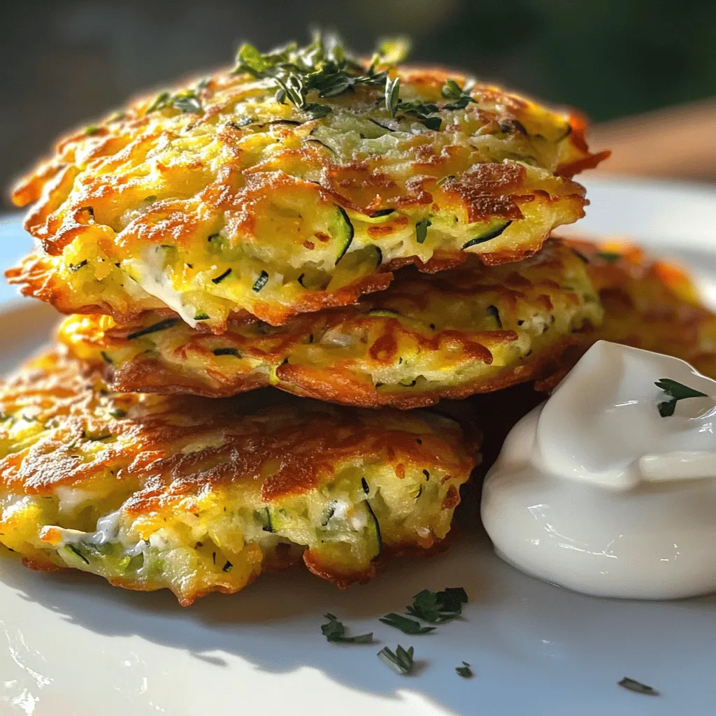 This cheesy zucchini fritters recipe is simple and fun. You will enjoy making these tasty bites. They are crispy on the outside, soft on the inside. Perfect for snacks or sides! - 2 medium zucchinis, grated - 1 teaspoon salt - ½ cup all-purpose flour - ½ cup grated Parmesan cheese - ½ cup shredded mozzarella cheese - 2 large eggs - 2 green onions, finely chopped - 2 cloves garlic, minced - ½ teaspoon black pepper - ¼ teaspoon crushed red pepper flakes (optional) - Olive oil for frying Feel free to add your favorite herbs or spices. Chopped fresh basil or parsley adds a nice touch. You can also try adding diced bell peppers for extra crunch. If you like heat, use more crushed red pepper flakes. These small changes can make a big difference in flavor! To start, we need to prep the zucchini well. First, take two medium zucchinis and grate them. This step helps to create a nice texture for the fritters. Next, place the grated zucchini in a clean kitchen towel or cheesecloth. Twist the towel and squeeze out the excess moisture. This is key for crispy fritters. If you skip this step, your fritters may turn out mushy. After squeezing, sprinkle a teaspoon of salt over the zucchini. Let it sit for about 10 minutes. This process draws out even more moisture. Once the time is up, you can move on to mixing the ingredients. In a large bowl, combine the drained zucchini with the other ingredients. Start by adding in half a cup of all-purpose flour. Then, mix in half a cup of grated Parmesan cheese and half a cup of shredded mozzarella cheese. The cheese adds great flavor and makes the fritters cheesy. Next, crack in two large eggs. This will help bind everything together. Add in two finely chopped green onions and two minced garlic cloves for extra taste. Don’t forget to season the mix with half a teaspoon of black pepper and, if you like some heat, a quarter teaspoon of crushed red pepper flakes. Mix everything well until it is thoroughly combined. Now it’s time to cook! Heat a skillet over medium heat. Drizzle a bit of olive oil to coat the bottom. You want enough oil to fry the fritters but not too much to make them greasy. Scoop a heaping tablespoon of the zucchini mixture into the skillet. Flatten it slightly with the back of the spoon to form a fritter. Be careful not to overcrowd the skillet. This allows each fritter to cook evenly. Let them cook for about 3-4 minutes on each side. You want them to turn golden brown and crispy. Once they are ready, transfer the fritters to a plate lined with paper towels. This will absorb any extra oil. Enjoy your cheesy zucchini fritters hot and fresh! For the complete recipe, check out the Full Recipe. To make sure your fritters are crispy, moisture control is key. After grating the zucchini, place it in a clean kitchen towel. Squeeze out as much water as you can. I usually let the zucchini sit with salt for ten minutes. This draws out even more moisture. The less water in the mix, the crispier your fritters will be. The right oil can make a big difference. I love using olive oil for frying these fritters. It has a nice flavor and helps them crisp up well. You can also try canola or vegetable oil. These oils have a high smoke point and are great for frying. These cheesy zucchini fritters shine when served hot. I often pair them with a dollop of sour cream or Greek yogurt. A sprinkle of fresh herbs, like parsley or dill, adds a nice touch. You can also serve them with a fresh salad on the side. For a little kick, add some hot sauce or a spicy dip. Explore the Full Recipe to get all the details! {{image_2}} You can make cheesy zucchini fritters gluten-free. Just swap out all-purpose flour for a gluten-free mix. Look for blends that include rice flour or almond flour. These work well and keep the fritters light and crispy. Always check the package to be sure it's safe for your diet. If you want to boost the flavor, try adding vegetables. Chopped spinach, shredded carrots, or diced bell peppers are great choices. You can also mix in some herbs, like parsley or basil, for extra taste. These additions make your fritters more colorful and tasty. Changing up the herbs and spices can make a big difference. Try adding fresh dill or thyme for a fresh flavor. A pinch of cumin or coriander can add warmth. If you like heat, add more crushed red pepper flakes. This turns a simple dish into something special. For the complete recipe, check out the Full Recipe section. Store your cheesy zucchini fritters in an airtight container. They stay fresh in the fridge for about three days. Make sure the fritters cool down completely before sealing them. This helps prevent moisture buildup. If you want to enjoy them later, place parchment paper between layers. This keeps them from sticking together. To freeze your fritters, let them cool completely. Lay them out on a baking sheet in a single layer. Freeze until solid, about one hour. Then, transfer the fritters to a freezer-safe bag. Make sure to remove as much air as possible. They can last in the freezer for up to three months. When you’re ready to eat, just thaw them in the fridge overnight. Reheat the fritters in a skillet over medium heat. This helps them regain their crispy texture. You can also use an oven at 375°F (190°C) for about 10-15 minutes. If you prefer the microwave, use it sparingly. It may make them soggy. For best results, serve hot right after reheating. Enjoy them with a dip or fresh herbs for extra flavor! You can serve these fritters with a variety of sides. A fresh salad works great. Try a crisp green salad with lemon dressing. You can also pair them with a dollop of sour cream. This adds creaminess and balances the flavors. For a hearty meal, serve them alongside grilled chicken or fish. They also go well with a tangy dipping sauce. A homemade garlic aioli can be a tasty choice, too. Yes, you can make these fritters ahead of time. Prepare the batter and store it in the fridge for one day. This makes it easy to cook them fresh when you need them. You can even cook the fritters and keep them warm in the oven. Just make sure to eat them within a few hours for the best taste. For longer storage, freeze cooked fritters. They can last up to three months in the freezer. To avoid soggy fritters, start by squeezing out excess moisture from the zucchini. Use a clean kitchen towel for best results. After salting the grated zucchini, let it sit for 10 minutes. This helps pull out more water. When mixing, don’t add too much flour. The right balance of ingredients keeps them crispy. Finally, cook them in hot oil. This helps form a nice crust and keeps the inside fluffy. Cheesy zucchini fritters are fun and easy to make. We covered the ingredients, preparation, tips, and storage. Each section offers ways to customize your fritters to match your taste. By following these steps, you can create crispy and delicious treats every time. Remember, you can add your favorite herbs or serve them in various ways. I hope you feel inspired to try this recipe. Enjoy your cooking adventure!
