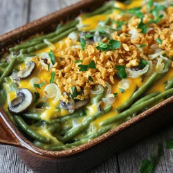 To make a classic Southern green bean casserole, you will need: - 2 (14.5 oz) cans of green beans, drained - 1 cup fresh mushrooms, sliced - 1 medium onion, finely chopped - 2 cloves garlic, minced - 1 cup heavy cream - 1 cup shredded cheddar cheese - 1 cup french fried onions - 2 tablespoons butter - 1 teaspoon Worcestershire sauce - Salt and pepper to taste These ingredients create a rich and creamy dish. The green beans provide a tender crunch. Fresh mushrooms add depth with their earthy flavor. Onions and garlic bring a sweet aroma that fills the kitchen. Heavy cream makes the casserole creamy, while cheddar cheese adds a nice cheesy texture. Lastly, french fried onions on top give a satisfying crunch. You can change this recipe to suit your taste. Try these optional ingredients: - Different types of cheese, like mozzarella or gouda, for a unique flavor - Adding protein, such as chicken or bacon, for extra heartiness - Fresh herbs like thyme or parsley for a burst of freshness These options let you customize the casserole. You can make it your own with just a few tweaks. If you need to swap out ingredients, here are some ideas: - Use dairy-free cream for a lighter option - Look for gluten-free seasoning for flavor without gluten - Frozen green beans work well if you don’t have canned ones These substitutions keep the dish accessible. You can still enjoy a tasty casserole while meeting dietary needs. For the full recipe, check out the complete details in the previous section. First, wash your green beans under cold water. If you use fresh beans, trim the ends. For canned beans, just drain them well. Next, slice your mushrooms and finely chop the onion. Don’t forget to mince the garlic. Measure out the heavy cream, cheese, and fried onions too. This will help you stay organized as you cook. Start by heating a medium skillet over medium heat. Add the butter and let it melt. Next, toss in the chopped onions. Sauté them until they turn soft and clear. This takes about 4 to 5 minutes. Now, add the sliced mushrooms and minced garlic. Cook for another 5 minutes. You want the mushrooms to soften nicely. In a large mixing bowl, combine the drained green beans, onion, and mushroom mix. Pour in the heavy cream and Worcestershire sauce. Season with salt and pepper to taste. Stir everything well until combined. Now, fold in half of your shredded cheddar cheese and half of the fried onions. This mix is the heart of the dish. With everything mixed, transfer the mixture to a greased baking dish. Spread it out evenly for even cooking. Before baking, preheat your oven to 350°F (175°C). Bake the casserole for 25 to 30 minutes. You’ll know it’s ready when it’s hot, bubbly, and the top is golden brown. This is when the magic happens! Once done, let it cool for a few minutes before serving. Enjoy this classic dish! For the full recipe, refer to the earlier section. To make your green bean casserole just right, focus on three key areas. First, ensure the right consistency. Mix the ingredients well but avoid over-mixing. The cream should coat everything, not drown it. Next, avoid overcooking the toppings. You want them crispy, not burnt. Keep an eye on the casserole while it bakes. The top should be golden brown when done. Lastly, timing is key. Serve the casserole hot, right from the oven. It stays creamy and delicious that way. If you let it sit too long, the texture will change. I see many cooks make three common mistakes. The first is using too much liquid. Your casserole should be creamy, not soupy. Stick to the heavy cream as your main liquid. Another mistake is undercooking the green beans. If they are too crunchy, they won’t blend well. Make sure they’re tender before mixing them in. Lastly, don’t forget key flavor enhancers. Worcestershire sauce adds depth. Salt and pepper bring everything together. Missing these can leave your dish flat. Pair your casserole with classic Southern dishes. Fried chicken or cornbread make great companions. They enhance the meal and create a comforting vibe. For a pretty presentation, consider garnishing. A sprinkle of fresh parsley adds color. You can also add crispy fried onions on top for extra crunch. These tips will help you create a tasty and beautiful Southern green bean casserole. For the complete recipe, check the Full Recipe section. {{image_2}} Southern green bean casserole has many fun twists. In Louisiana, folks often add a kick of Cajun spice. This gives it warmth and depth. In Texas, you might find green chilies stirred in for a zesty flavor. Each region brings its flair based on local tastes and traditions. Seasons also inspire changes. In fall, you can mix in roasted butternut squash for sweetness. During summer, fresh herbs and tomatoes can brighten the dish. Don’t be afraid to make it your own based on what's fresh and available! If you want a lighter version, use low-fat cream or Greek yogurt. This keeps the dish creamy but cuts some fat. You can also swap in veggie broth for a lighter base. For vegetarian adaptations, try using mushrooms as a main flavor. They add richness and texture. Another option is to substitute the heavy cream with unsweetened almond milk. It lightens the dish and makes it dairy-free. Plant-based cheese can also work well for a cheesy touch without dairy. Adding spices can give your casserole a fun twist. For heat, try crushed red pepper or cayenne. This adds a nice kick that balances the creamy flavors. You might also consider adding a dash of smoked paprika for depth. Incorporating seasonal vegetables can also add variety. Fresh corn, zucchini, or even kale can bring new textures and flavors. Mixing these colorful veggies into the casserole makes it vibrant and appealing. Don't hesitate to get creative with your additions! To keep your Southern green bean casserole fresh, let it cool first. Then, transfer it to an airtight container. This keeps moisture in and odors out. In the fridge, it lasts about 3 to 5 days. If you need it to last longer, freezing is a great option. To freeze your casserole, cut it into portions. Wrap each piece tightly in plastic wrap, followed by aluminum foil. This prevents freezer burn. You can store it this way for up to 3 months. When you’re ready to eat, thaw it overnight in the fridge before reheating. For the best texture, reheat in the oven. Preheat to 350°F (175°C) and cover the dish with foil. Bake for about 20-25 minutes until hot. If using a microwave, heat it in short bursts. Stir between intervals to ensure even heating. This way, you enjoy the same great taste and texture as when it was fresh. Yes, you can prepare Southern Green Bean Casserole ahead. Make it up to a day before. Assemble the casserole, cover it, and store it in the fridge. When you're ready to bake, just pop it in the oven. This makes meal prep easy, especially for gatherings. Southern Green Bean Casserole pairs well with many dishes. Here are some great options: - Roast chicken or turkey - Baked ham - Mashed potatoes - Cornbread - Collard greens These sides create a classic Southern feast. Yes, you can make a vegan version! Use these substitutions: - Swap heavy cream for coconut cream or unsweetened almond milk - Use vegan cheese instead of cheddar - Replace butter with olive oil or vegan butter - Choose a plant-based Worcestershire sauce These changes keep the rich flavor while making it vegan-friendly. Many people enjoy tweaking this recipe for variety. Here are some popular changes: - Add cooked chicken or bacon for protein - Use different cheeses like mozzarella or pepper jack - Mix in fresh herbs like thyme or rosemary These adjustments keep the dish exciting! To get that perfect crispy topping, follow these tips: - Use fresh, high-quality french fried onions - Add the onions right before baking for extra crunch - Bake at the right temperature, usually around 350°F - Check towards the end of baking to avoid burning With these steps, your topping will always be golden and crunchy. For the full recipe, check the detailed steps above. Southern green bean casserole is a beloved dish with many delicious options. We explored the main and optional ingredients, plus ways to substitute to meet your needs. I shared step-by-step cooking instructions to guide you through the process. Remember to avoid common mistakes for the perfect casserole. In the end, this recipe is versatile and easy. You can customize it for any meal or season. Enjoy making this classic dish, and let it bring smiles to your table!