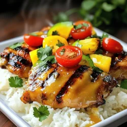 - 4 boneless chicken thighs - 1 cup pineapple juice - 2 tablespoons soy sauce - 2 tablespoons honey - 1 teaspoon grated ginger - 2 cloves garlic, minced - 1 teaspoon sesame oil - 1 bell pepper (red or yellow), sliced - 1 cup cherry tomatoes, halved - Fresh cilantro, for garnish - Salt and pepper to taste - 1 cup jasmine rice - 1 cup coconut milk - 1/2 cup water - Pinch of salt When I make Hawaiian chicken with coconut rice, I start with fresh, simple ingredients. Each one plays a big role in the dish. For the chicken, I use boneless thighs. They stay juicy and tender. Pineapple juice adds a sweet and tangy flavor. Soy sauce brings in some salty depth. Honey adds sweetness and helps caramelize the chicken. Grated ginger and minced garlic offer warmth and spice. Sesame oil gives a nutty taste. I love to add colorful bell peppers and cherry tomatoes for a fresh crunch. Finally, I always garnish with fresh cilantro for a burst of flavor. For the coconut rice, I choose jasmine rice. It has a lovely aroma and texture. The creamy coconut milk replaces water for cooking. A pinch of salt enhances the taste. This combination makes the rice rich and delicious. You can find the full recipe for Hawaiian chicken with coconut rice. I promise you will enjoy every bite! To start, gather your marinade ingredients. You will need pineapple juice, soy sauce, honey, grated ginger, minced garlic, and sesame oil. Mix these in a bowl. Once combined, add the boneless chicken thighs. Make sure the chicken is well-coated in the marinade. Cover the bowl and refrigerate it. Let it sit for at least 30 minutes. For more flavor, marinate for up to 2 hours. Now, it’s time to prepare the coconut rice. First, rinse the jasmine rice under cold water. Do this until the water runs clear. This step removes extra starch. Next, in a medium saucepan, combine coconut milk, water, and a pinch of salt. Bring this mixture to a gentle boil. After that, add the rinsed rice. Stir it once, then cover the pan. Reduce the heat to low and simmer for about 15-20 minutes. The rice should absorb all the liquid. When done, fluff the rice with a fork and let it sit. For the chicken, heat a grill pan or skillet over medium-high heat. Take the marinated chicken out of the fridge. Remove it from the marinade, but save that for later. Season the chicken with salt and pepper. Cook the chicken for about 5-7 minutes on each side. Use a meat thermometer to check that the internal temperature reaches 165°F (75°C). This ensures it is fully cooked. In the last few minutes of cooking, add sliced bell pepper and halved cherry tomatoes to the pan. Pour the reserved marinade over the chicken and veggies. This step boosts the flavor. Cook for another 2-3 minutes. The vegetables should soften slightly, and the sauce will thicken. To serve, take a plate and mound a portion of coconut rice in the center. Top it with the cooked chicken and colorful veggies. Drizzle any remaining sauce from the pan on top. Finally, garnish with fresh cilantro for a burst of flavor. Enjoy your Hawaiian Chicken with Coconut Rice! For the complete recipe, refer to the Full Recipe section. For the best flavor, marinate the chicken for at least 30 minutes. If you're in a hurry, 30 minutes works great. However, for the best taste, aim for up to 2 hours. This longer time allows the flavors to soak in deeply. You can use leftover marinade, but make sure to cook it well. Do not use it raw, as it touches raw chicken. You can grill or bake the chicken. Grilling gives it a smoky touch. Baking is a simple way too. If you grill, preheat the grill to medium-high heat. Cook the chicken for about 5-7 minutes on each side. For baking, set your oven to 375°F (190°C). Bake for 25-30 minutes. Always check the chicken's internal temperature. It should reach 165°F (75°C) for safety. To make your coconut rice light and fluffy, fluff it with a fork after cooking. This helps separate the grains. If you want creamier rice, add a bit more coconut milk. Adjust the coconut milk based on your taste. Start with 1 cup, and feel free to add a little more if you like. The balance of coconut milk and water is key to getting it just right. {{image_2}} If you want to mix things up, try different veggies. Instead of bell peppers, use zucchini or snap peas. They add great crunch and color. You can also swap cherry tomatoes for diced carrots or green beans. Seasonal veggies like asparagus or squash work well too. Just keep an eye on cooking times to ensure everything is tender. Feel free to change the protein! Tofu is a fantastic option for a vegetarian twist. Just press it to remove excess water, then cut it into cubes. Cook it for about 8-10 minutes until golden brown. Shrimp is another great choice. Add them to the pan for just 3-4 minutes until they turn pink. This keeps your meal fast and fresh! Want to add some flair? Consider spices like cumin or paprika for warmth. Fresh herbs like basil or mint can brighten the dish. For a sweet and savory twist, add mango or a drizzle of balsamic glaze. These changes can make your Hawaiian chicken with coconut rice even more exciting. Enjoy experimenting with flavors! For the full recipe, check [Full Recipe]. To keep your Hawaiian chicken and coconut rice fresh, store leftovers in the fridge. Place the chicken and rice in airtight containers. This helps keep out air and moisture. Aim to eat the leftovers within three days for the best taste. Use glass or plastic containers that seal well. If you want to save some portions for later, freezing is a great option. Divide the chicken and rice into single servings. Wrap each serving tightly with plastic wrap, then place them in freezer bags. Label each bag with the date. To thaw, move the portions to the fridge overnight. This method keeps the texture nice. When you're ready to eat, you can reheat chicken and rice easily. The best method is to use the stove. Heat a skillet over low heat and add a splash of water or broth to keep it moist. Stir the chicken and rice until warm. Avoid the microwave if you can, as it may dry out the food. Enjoy your delicious meal again! The cooking time for Hawaiian chicken is about 10 to 14 minutes. First, marinate the chicken for at least 30 minutes. After marinating, cook the chicken in a grill pan or skillet over medium-high heat for 5 to 7 minutes on each side. The chicken should reach an internal temperature of 165°F (75°C) for safety. This ensures the chicken stays juicy and flavorful. Yes, you can use brown rice instead of jasmine rice. However, brown rice takes longer to cook. You will need to increase the cooking time to about 40 to 45 minutes. Use a ratio of 1 cup of brown rice to 1 1/4 cups of coconut milk and 1/2 cup of water. This will help keep the rice moist and tasty. To make Hawaiian chicken gluten-free, substitute soy sauce with tamari or coconut aminos. Both options work well without the gluten. Check all other ingredients, like marinades and sauces, to ensure they are gluten-free. This way, you can enjoy your meal without worry. Canned coconut milk works great for this recipe. It adds rich flavor and creaminess. Just shake the can well before opening. Use it in the same amount as fresh coconut milk. For best results, choose a full-fat version for a creamier texture in your rice. For a complete meal, consider these sides: - Grilled vegetables like zucchini or asparagus - A fresh green salad with vinaigrette - Pineapple or mango salsa for a fruity kick - Steamed broccoli or green beans for color and crunch These sides complement the flavors of the Hawaiian chicken and coconut rice perfectly. For the full recipe, check out the earlier section! This blog post shares a simple and tasty Hawaiian Chicken with Coconut Rice recipe. You learned about essential ingredients, step-by-step instructions, and helpful tips for the best results. We also covered variations for flavors and how to store leftovers. By following these steps, you can create a meal that delights your taste buds. Enjoy cooking and experimenting with this dish! You’ll impress family and friends with your new skills.