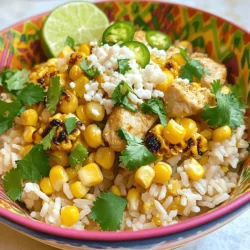 - 2 cups cooked jasmine rice - 2 medium chicken breasts, diced - 1 cup corn kernels (fresh or frozen) - 1 tablespoon chili powder - 1 teaspoon cumin - 1/2 cup cotija cheese, crumbled - Fresh cilantro and lime juice - Olive oil and butter - Salt and pepper to taste - Optional: sliced jalapeños for additional heat When you make the Chicken Rice Bowl with Street Corn, the right ingredients are key. Start with jasmine rice. It’s fragrant and fluffy, perfect for this dish. Next, use tender chicken breasts. Dice them to cook evenly and quickly. For the street corn, fresh corn kernels shine, but frozen works too. Add chili powder and cumin for a warm kick. Cotija cheese gives a creamy touch. Fresh cilantro adds a bright flavor, while lime juice brings some zest. Don’t forget cooking essentials like olive oil and butter. These fats help enhance flavors and give a nice finish. Season with salt and pepper to bring everything together. If you like heat, sliced jalapeños can add an extra punch. For the full recipe, refer to the provided details. Enjoy making this delicious meal! Start by heating 1 tablespoon of olive oil in a large skillet over medium-high heat. This oil will help the chicken cook evenly. While the oil heats, season 2 medium diced chicken breasts with salt, pepper, 1 tablespoon of chili powder, and 1 teaspoon of cumin. Once the oil is hot, add the seasoned chicken to the skillet. Cook for 6-8 minutes, stirring often. Look for the chicken to turn golden brown and be cooked all the way through. Remove it from the heat and set it aside while you cook the corn. In the same skillet, add 2 tablespoons of butter and let it melt. This will add rich flavor to the corn. Once the butter is melted, add 1 cup of corn kernels, either fresh or frozen. Cook the corn for about 5-7 minutes, stirring occasionally. You want to see some nice charred marks on the kernels. This gives the corn a great taste. Season the corn with salt, pepper, and half of a lime's juice for added zing. Now it's time to put everything together. In a serving bowl, start with a base of 2 cups of cooked jasmine rice. This rice will soak up all the flavors. Next, layer the cooked chicken on top of the rice. Follow this with the street corn mixture. For the finishing touch, sprinkle 1/2 cup of crumbled cotija cheese over the top. Add some chopped fresh cilantro for color and flavor, then drizzle the remaining lime juice over everything. If you like it spicy, feel free to add sliced jalapeños on top. This full recipe makes a wonderful meal that looks as good as it tastes! Choose the right chicken cuts for your rice bowl. I recommend using chicken breasts. They stay juicy when cooked well. To keep your chicken moist, don’t overcook it. Cook the chicken until it’s golden brown and no longer pink inside. Use a meat thermometer if you have one. Aim for 165°F for safety. Fresh herbs bring life to your dish. I love using cilantro for its bright taste. If you don’t have fresh herbs, dried spices work too. They add depth to your chicken. For extra toppings, think about sliced avocado or pickled onions. They add great color and flavor to your bowl. Pair your chicken rice bowl with a fresh salad. A simple green salad with lime dressing works great. You can also serve tortilla chips on the side for crunch. Make your meal pop by using a colorful bowl. Garnish with extra cilantro and a lime wedge for a fun touch. This gives your dish a fresh look and taste. For the full recipe, check the section above. {{image_2}} You can make this chicken rice bowl lighter by using cauliflower rice instead of jasmine rice. Cauliflower rice has fewer carbs and adds fiber. It absorbs flavors well, making it a great base. Another idea is to use grilled vegetables. Bell peppers, zucchini, and asparagus add color and nutrition. They taste great with the chicken and corn. Just toss them on the grill while you cook the other ingredients. If you need a gluten-free option, this recipe is easy to adapt. Just make sure your seasonings are gluten-free. Most spices are safe, but always check labels. For a dairy-free version, skip the cotija cheese or replace it with a dairy-free cheese. You can also use avocado for a creamy touch. If you have different protein needs, swap chicken for tofu or shrimp. Both options work well and taste amazing. To shake things up, try adding different spices. Smoked paprika or garlic powder can give your bowl a new twist. You could also add a splash of hot sauce for heat. Explore regional variations too. For a Mexican flair, drizzle with crema and sprinkle with fresh jalapeños. If you prefer Asian flavors, use soy sauce and sesame seeds. These simple changes can inspire new takes on this dish. For the full recipe, check out the Chicken Rice Bowl with Street Corn . To keep your chicken rice bowl fresh, use airtight containers. This helps stop air and moisture from getting in. Make sure to let the dish cool down first before sealing. Store in the fridge for up to three days. If you wait longer, the flavors start to fade. When you are ready to enjoy your leftovers, you can reheat them in two ways: the oven or the microwave. - Oven: Preheat your oven to 350°F (175°C). Place the bowl in an oven-safe dish. Cover it with foil to keep moisture in. Heat for about 15-20 minutes. This method helps keep the chicken juicy and the rice fluffy. - Microwave: Put the bowl in the microwave for 1-2 minutes. Stir halfway to heat it evenly. If the rice seems dry, add a splash of water to help with moisture. Both methods keep the taste and texture close to the original. Freezing is a great way to save your chicken rice bowl for later. - Freezing: First, separate the chicken, rice, and corn. This helps each part freeze better. Place them in freezer bags or containers, removing as much air as possible. Label with the date, so you remember when you froze them. They can last up to three months in the freezer. - Thawing and Reheating: To thaw, place the frozen items in the fridge overnight. You can also use the microwave on defrost mode for a quicker option. Once thawed, reheat using the methods above. This way, you can enjoy your chicken rice bowl with street corn delight anytime! To spice up your Chicken Rice Bowl, you can add sliced jalapeños. Just sprinkle them on top after you finish assembling your bowl. Another option is to use chili powder. Adjust the amount to your taste. Start with a small amount, maybe a pinch, and increase it as needed. This way, you can find the perfect heat level for you. Yes, you can use brown rice. It will change the flavor a bit. Brown rice has a nuttier taste and chewy texture. It also takes longer to cook, so plan for that. If you choose this option, just follow the cooking instructions on the package. If you don’t have cotija cheese, try feta cheese. It has a similar crumbly texture and salty taste. For a dairy-free option, use nutritional yeast. It gives a cheesy flavor without the dairy. These substitutes work well and keep your dish delicious. The total prep and cooking time is about 30 minutes. You can spend around 15 minutes getting everything ready. Cooking the chicken and corn takes another 15 minutes. It’s quick and perfect for busy days when you want a tasty meal fast. You can find Chicken Rice Bowl with Street Corn at many restaurants. Look for places that serve Mexican or Tex-Mex food. Meal delivery services may also offer this dish. Use apps or websites to check local options. It’s a great way to enjoy this bowl without cooking. Yes, you can prepare this recipe in advance. Cook the chicken and street corn, then store them in the fridge. You can also cook the rice ahead. Just reheat everything before serving. This is a smart way to save time on busy nights. This Chicken Rice Bowl with Street Corn recipe offers a tasty mix of flavors. You can easily prepare it using simple ingredients like chicken, rice, and corn. Seasonings like chili powder and cumin bring it alive. Don’t forget those toppings! Fresh cilantro and cotija cheese make it special. You can even tweak it to fit your diet. Storing leftovers is easy, and reheating takes just minutes. Enjoy making this dish for you and your loved ones! It’s a fun way to enjoy a fresh meal at home.