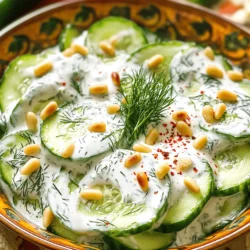- 2 large cucumbers - 1 cup plain Greek yogurt - 2 tablespoons fresh dill - 1 clove garlic - 1 tablespoon lemon juice - 1 tablespoon olive oil - Salt and pepper - Crushed red pepper flakes - Roasted pine nuts for garnish - Mixing bowl - Colander - Sharp knife for slicing Using fresh ingredients makes a big difference. For this creamy cucumber yogurt salad, I choose crisp cucumbers. When picking cucumbers, look for ones that are firm and smooth. They should feel heavy for their size. This gives you a refreshing crunch in every bite. The Greek yogurt adds creaminess and protein. I love using plain Greek yogurt because it has a rich taste. It also helps balance the flavors. Fresh dill gives a bright and aromatic touch. Don't skip the garlic, either! It adds a nice kick. You can adjust the flavors with optional ingredients. If you like heat, sprinkle in some crushed red pepper flakes. Roasted pine nuts add a lovely crunch on top. Salt and pepper are essential for bringing all the flavors together. Get ready to mix! Gather a mixing bowl, colander, and a sharp knife. The colander helps drain the cucumbers, which keeps the salad from getting soggy. You'll want to keep everything fresh and crisp. For the complete instructions and tips, check out the Full Recipe. Enjoy the process of making this salad, and let your creativity shine! First, wash the cucumbers well under cold water. This step removes dirt and any chemicals. Next, slice the cucumbers thinly. I prefer half-moon shapes, but you can choose any shape you like. After slicing, place them in a colander. Sprinkle a bit of salt over them. Let them sit for about 15 minutes. This process helps draw out excess moisture. After 15 minutes, rinse the cucumbers under cold water. Pat them dry with a paper towel. This helps keep your salad from getting watery. In a mixing bowl, add 1 cup of plain Greek yogurt. Then, chop 2 tablespoons of fresh dill and add it to the bowl. Next, mince 1 clove of garlic and mix that in as well. Add 1 tablespoon of lemon juice for a bright taste. Lastly, pour in 1 tablespoon of olive oil. Stir everything together until it becomes creamy. This dressing is the heart of your salad, bringing all the flavors together. Now it’s time to bring it all together. Gently fold the drained cucumbers into the yogurt dressing. Make sure every cucumber slice gets coated well. This step ensures each bite is full of flavor. Season the salad with salt and pepper to taste. If you like a little heat, add 1/4 teaspoon of crushed red pepper flakes. Transfer the salad to a serving bowl. For a nice touch, sprinkle some roasted pine nuts on top. They add a great crunch and flavor. To make your creamy cucumber yogurt salad even better, adjust the seasoning to your taste. Start with a little salt and pepper, then add more if needed. You can also add a splash of vinegar for a nice tang. This little trick brightens the flavors and gives it a zesty kick. Chill the salad before serving. This helps the flavors meld together and makes it refreshing. Serve it alongside grilled meats or as a light lunch option. It pairs well with chicken, fish, or even on its own as a snack. This salad is low in calories and high in protein. The Greek yogurt adds a creamy texture without too many calories. If you want a dairy-free option, just swap the yogurt for a plant-based alternative. You can still enjoy all the great flavors while keeping it healthy. {{image_2}} You can change the herbs to suit your taste. Substitute dill with fresh mint or parsley for a new twist. Mint gives a fresh and bright flavor. Parsley adds a mild, earthy touch. You can also try adding cumin. Cumin brings a warm and earthy taste to the salad. It pairs well with the coolness of the cucumbers. If you want a lighter version, use low-fat yogurt instead of regular. This keeps the salad creamy but cuts some calories. You can also add other veggies. Bell peppers add sweetness and crunch. Radishes give a peppery bite and bright color. Mixing in these veggies makes the dish more colorful and nutritious. For a vegan option, try using tahini instead of yogurt. Tahini brings a rich, nutty flavor to the salad. It makes it creamy while keeping it plant-based. If you like a bit of spice, add a splash of mustard. Mustard gives the salad a zesty kick that enhances the overall taste. To keep your creamy cucumber yogurt salad fresh, store leftovers in an airtight container. This helps maintain the taste and texture. You can keep it in the fridge for up to 3 days. However, the sooner you eat it, the better it will taste! Freezing this salad is not recommended. The yogurt will change texture when thawed. It may become watery and lose its creamy feel. Enjoy the salad fresh instead. To keep your salad fresh, keep the cucumbers separate until you are ready to serve. This prevents sogginess and helps the salad stay crisp. If you want, you can mix them right before serving for the best experience. Yes, but for best texture, add cucumbers closer to serving time. This keeps them crisp and fresh. If you mix the cucumbers too early, they may become soggy. To avoid this, prepare the yogurt dressing ahead of time. Store it in the fridge. Add cucumbers right before serving. This salad pairs well with grilled meats, fish, or as a standalone dish. It brightens up any meal. You can serve it alongside grilled chicken or fish tacos. The coolness of the salad balances the heat of grilled foods. It also works great as part of a picnic spread. Yes, all ingredients are naturally gluten-free. You can enjoy this salad worry-free. It is perfect for those with gluten sensitivities or celiac disease. Just check the yogurt label to ensure no added gluten. This salad contains healthy fats, protein, and vitamins; great for a balanced diet. Cucumbers are low in calories and high in water. Greek yogurt adds protein and probiotics, which are good for your gut. Dill also offers vitamins and antioxidants. This dish supports a healthy lifestyle. Yes, feel free to use non-dairy yogurt for a vegan version. There are many tasty plant-based options today. Almond or coconut yogurt works well too. Just ensure the flavor matches your taste. This way, everyone can enjoy this salad. Refer to the Full Recipe for detailed instructions and tips. This creamy cucumber yogurt salad is simple and quick to make. We covered the main ingredients, preparation steps, and tips to enhance flavor. You can easily customize it with herbs or veggies. Remember to chill it for the best taste. Enjoy this refreshing dish as a light lunch or alongside grilled meats. It’s nutritious and fits well in a balanced diet. Try it out and share your variations. Your taste buds will thank you!
