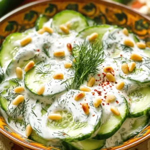 - 2 large cucumbers - 1 cup plain Greek yogurt - 2 tablespoons fresh dill - 1 clove garlic - 1 tablespoon lemon juice - 1 tablespoon olive oil - Salt and pepper - Crushed red pepper flakes - Roasted pine nuts for garnish - Mixing bowl - Colander - Sharp knife for slicing Using fresh ingredients makes a big difference. For this creamy cucumber yogurt salad, I choose crisp cucumbers. When picking cucumbers, look for ones that are firm and smooth. They should feel heavy for their size. This gives you a refreshing crunch in every bite. The Greek yogurt adds creaminess and protein. I love using plain Greek yogurt because it has a rich taste. It also helps balance the flavors. Fresh dill gives a bright and aromatic touch. Don't skip the garlic, either! It adds a nice kick. You can adjust the flavors with optional ingredients. If you like heat, sprinkle in some crushed red pepper flakes. Roasted pine nuts add a lovely crunch on top. Salt and pepper are essential for bringing all the flavors together. Get ready to mix! Gather a mixing bowl, colander, and a sharp knife. The colander helps drain the cucumbers, which keeps the salad from getting soggy. You'll want to keep everything fresh and crisp. For the complete instructions and tips, check out the Full Recipe. Enjoy the process of making this salad, and let your creativity shine! First, wash the cucumbers well under cold water. This step removes dirt and any chemicals. Next, slice the cucumbers thinly. I prefer half-moon shapes, but you can choose any shape you like. After slicing, place them in a colander. Sprinkle a bit of salt over them. Let them sit for about 15 minutes. This process helps draw out excess moisture. After 15 minutes, rinse the cucumbers under cold water. Pat them dry with a paper towel. This helps keep your salad from getting watery. In a mixing bowl, add 1 cup of plain Greek yogurt. Then, chop 2 tablespoons of fresh dill and add it to the bowl. Next, mince 1 clove of garlic and mix that in as well. Add 1 tablespoon of lemon juice for a bright taste. Lastly, pour in 1 tablespoon of olive oil. Stir everything together until it becomes creamy. This dressing is the heart of your salad, bringing all the flavors together. Now it’s time to bring it all together. Gently fold the drained cucumbers into the yogurt dressing. Make sure every cucumber slice gets coated well. This step ensures each bite is full of flavor. Season the salad with salt and pepper to taste. If you like a little heat, add 1/4 teaspoon of crushed red pepper flakes. Transfer the salad to a serving bowl. For a nice touch, sprinkle some roasted pine nuts on top. They add a great crunch and flavor. To make your creamy cucumber yogurt salad even better, adjust the seasoning to your taste. Start with a little salt and pepper, then add more if needed. You can also add a splash of vinegar for a nice tang. This little trick brightens the flavors and gives it a zesty kick. Chill the salad before serving. This helps the flavors meld together and makes it refreshing. Serve it alongside grilled meats or as a light lunch option. It pairs well with chicken, fish, or even on its own as a snack. This salad is low in calories and high in protein. The Greek yogurt adds a creamy texture without too many calories. If you want a dairy-free option, just swap the yogurt for a plant-based alternative. You can still enjoy all the great flavors while keeping it healthy. {{image_2}} You can change the herbs to suit your taste. Substitute dill with fresh mint or parsley for a new twist. Mint gives a fresh and bright flavor. Parsley adds a mild, earthy touch. You can also try adding cumin. Cumin brings a warm and earthy taste to the salad. It pairs well with the coolness of the cucumbers. If you want a lighter version, use low-fat yogurt instead of regular. This keeps the salad creamy but cuts some calories. You can also add other veggies. Bell peppers add sweetness and crunch. Radishes give a peppery bite and bright color. Mixing in these veggies makes the dish more colorful and nutritious. For a vegan option, try using tahini instead of yogurt. Tahini brings a rich, nutty flavor to the salad. It makes it creamy while keeping it plant-based. If you like a bit of spice, add a splash of mustard. Mustard gives the salad a zesty kick that enhances the overall taste. To keep your creamy cucumber yogurt salad fresh, store leftovers in an airtight container. This helps maintain the taste and texture. You can keep it in the fridge for up to 3 days. However, the sooner you eat it, the better it will taste! Freezing this salad is not recommended. The yogurt will change texture when thawed. It may become watery and lose its creamy feel. Enjoy the salad fresh instead. To keep your salad fresh, keep the cucumbers separate until you are ready to serve. This prevents sogginess and helps the salad stay crisp. If you want, you can mix them right before serving for the best experience. Yes, but for best texture, add cucumbers closer to serving time. This keeps them crisp and fresh. If you mix the cucumbers too early, they may become soggy. To avoid this, prepare the yogurt dressing ahead of time. Store it in the fridge. Add cucumbers right before serving. This salad pairs well with grilled meats, fish, or as a standalone dish. It brightens up any meal. You can serve it alongside grilled chicken or fish tacos. The coolness of the salad balances the heat of grilled foods. It also works great as part of a picnic spread. Yes, all ingredients are naturally gluten-free. You can enjoy this salad worry-free. It is perfect for those with gluten sensitivities or celiac disease. Just check the yogurt label to ensure no added gluten. This salad contains healthy fats, protein, and vitamins; great for a balanced diet. Cucumbers are low in calories and high in water. Greek yogurt adds protein and probiotics, which are good for your gut. Dill also offers vitamins and antioxidants. This dish supports a healthy lifestyle. Yes, feel free to use non-dairy yogurt for a vegan version. There are many tasty plant-based options today. Almond or coconut yogurt works well too. Just ensure the flavor matches your taste. This way, everyone can enjoy this salad. Refer to the Full Recipe for detailed instructions and tips. This creamy cucumber yogurt salad is simple and quick to make. We covered the main ingredients, preparation steps, and tips to enhance flavor. You can easily customize it with herbs or veggies. Remember to chill it for the best taste. Enjoy this refreshing dish as a light lunch or alongside grilled meats. It’s nutritious and fits well in a balanced diet. Try it out and share your variations. Your taste buds will thank you!
