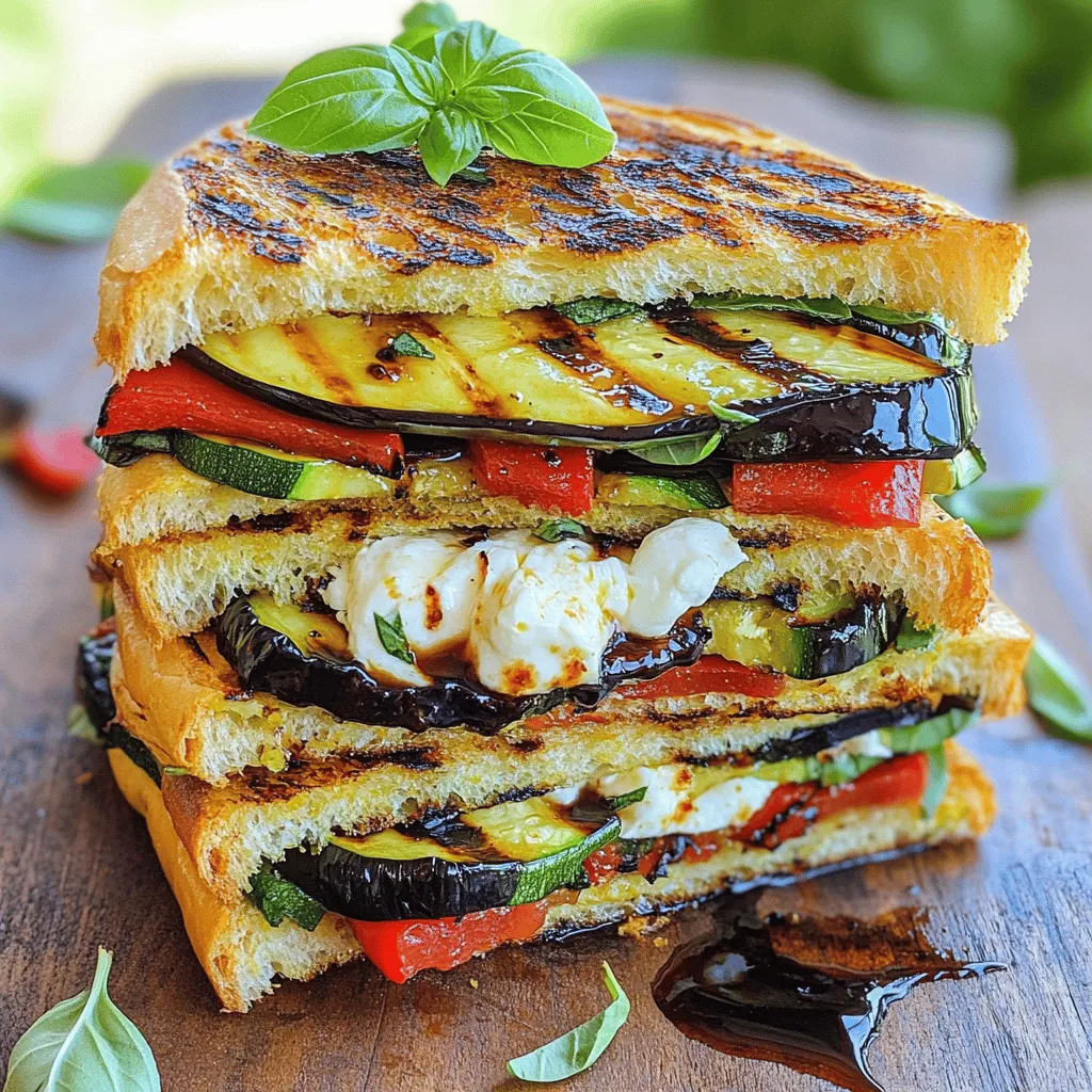 - Zucchini - Red bell pepper - Eggplant - Red onion - Ciabatta bread - Burrata cheese - Olive oil - Salt and pepper - Fresh basil leaves - Balsamic glaze - Calories: 500 - Protein: 18g - Carbs: 40g - Fats: 30g The ingredients in the Grilled Veggie Burrata Panini make it shine. Each veggie adds a unique flavor. Let’s break this down. First, the zucchini provides a soft and tender bite when grilled. It absorbs the smoky flavor well. The red bell pepper adds sweetness and color, making the dish pop. Then, there's the eggplant. It becomes creamy when cooked, adding richness. The red onion gives a slight sharpness, balancing out the flavors. Now, let's talk about the ciabatta bread. It is crusty outside and soft inside, perfect for grilling. When you bite into it, you get a nice crunch. And don’t forget the burrata cheese. This cheese is soft and creamy. It melts slightly, creating a gooey layer that ties everything together. For seasoning, we use olive oil to help the veggies grill nicely. Just a pinch of salt and pepper enhances their natural flavors. Adding fresh basil leaves gives a fragrant lift. Finally, drizzle with balsamic glaze for a sweet finish. This panini is not only tasty but also packs nutrition. With about 500 calories, it offers 18 grams of protein. You’ll also get 40 grams of carbs and 30 grams of fats. This balance makes it a filling meal. For the full recipe, check out the Full Recipe link. Enjoy cooking and savoring this fresh delight! First, we need to grill the veggies. Start by preheating your grill pan or outdoor grill over medium heat. In a large bowl, toss together the sliced zucchini, red bell pepper, eggplant, and red onion with olive oil, salt, and pepper. This will coat the veggies and help them grill nicely. Next, place the vegetables on the grill. Cook them for about 4-5 minutes on each side. You want them to be tender and have nice grill marks. This step is key for flavor and looks. Once done, remove them from the grill and set them aside. To get perfect grill marks, make sure your grill is hot enough before adding the veggies. If the heat is too low, the veggies will steam instead of grill. Avoid moving the veggies too much while they cook. Let them sit for a bit to form those beautiful lines. Now, it’s time to layer the ingredients. Take two slices of ciabatta bread. On each slice, evenly layer your grilled vegetables. Next, tear the burrata cheese into pieces and distribute it over the vegetables. Burrata adds a creamy and rich flavor. Don’t forget to add a handful of fresh basil leaves on top of the cheese. This adds freshness and aroma. Finally, place the other two slices of ciabatta on top to close the sandwiches. Let’s grill the panini for that crispy exterior. Lightly brush the outside of the sandwiches with olive oil. This helps achieve that golden-brown color. Place the paninis on the grill or use a panini press. Cook for about 3-4 minutes on each side. Keep an eye on the timing. You want perfect doneness, so check for a crispy crust. Once they are done, remove them from the heat. Slice the panini in half and drizzle with balsamic glaze before serving. For more details, check out the Full Recipe. Enjoy your flavorful and fresh Grilled Veggie Burrata Panini! Selecting fresh burrata is key. Look for burrata with a smooth outer layer and creamy inside. It should feel soft and springy. If you find burrata made the same day, grab it! Freshness matters for taste. When picking seasonal veggies, choose bright, firm produce. For this panini, zucchini, bell peppers, eggplant, and red onion work well. Visit local farmers' markets for the best picks. Seasonal veggies taste better and add nutrition. For perfect grill marks, heat your grill to medium-high. This helps achieve those nice lines. Make sure to preheat for at least 10 minutes before grilling. Common mistakes include overcrowding the grill. Give your veggies space to breathe. If you pile too many on, they won’t grill evenly. Also, avoid moving them too much. Let them sit until they get those lovely marks. Pair your panini with sides like mixed greens or chips. A fresh salad adds crunch and balance. You can also serve it with a side of balsamic glaze for dipping. For beverages, try a light white wine or sparkling water. Both go well with the fresh flavors of the panini. If you want something non-alcoholic, a lemon spritzer is refreshing. Feeling inspired? Check the Full Recipe for more details! {{image_2}} You can switch out the veggies for other tasty options. Adding spinach or arugula gives a fresh crunch. Both greens add color and flavor without overpowering the dish. Feel free to try different cheeses too. Instead of burrata, you might enjoy creamy goat cheese or sharp feta. Each choice makes the panini unique. Want to kick up the taste? Adding pesto or sun-dried tomatoes brings a burst of flavor. Both ingredients add richness and a hint of sweetness. You can also spice things up with chili flakes. Just a pinch can create a nice heat that balances the creaminess of the cheese. If you need a gluten-free choice, don't worry! You can use gluten-free bread for the panini. Look for options like almond flour bread or rice flour bread that work well. Another fun idea is to wrap your fillings in lettuce leaves. This gives you a fresh and crunchy bite without the carbs. To keep your grilled veggie burrata panini fresh, wrap it in foil or plastic wrap. Store it in the fridge within two hours of cooking. This method locks in flavors and moisture. Your panini will last for 1-2 days in the refrigerator. After that, the bread may get too soggy. When it's time to enjoy leftovers, I suggest using a skillet. Heat it over medium heat, then place the panini in it. Cook for 3-4 minutes on each side. This method keeps the outside crispy while warming the inside. Avoid the microwave; it makes the bread soggy and chewy. Yes, you can freeze the panini! Wrap it tightly in plastic wrap and then in foil. This helps prevent freezer burn. You can store it in the freezer for up to 3 months. When ready to eat, let it thaw overnight in the fridge before reheating. This keeps the flavors intact. Burrata cheese is a fresh Italian cheese. It has a soft outer shell made of mozzarella. Inside, it has a creamy, rich center. This makes it different from regular mozzarella, which is firmer and less creamy. Burrata melts beautifully when warm, adding a luxurious touch to any dish. You can enjoy burrata on its own or in salads and sandwiches. Yes, you can use other types of bread for your panini. If you can't find ciabatta, look for these options: - Focaccia - Sourdough - Whole grain bread - Baguette These breads will give you a nice crunch and absorb flavors well. Each type will add its unique taste to your grilled veggie burrata panini. You can tell your panini is done by checking a few signs: - The bread should be golden brown. - You should see grill marks on both sides. - The cheese should be oozy and slightly melted. If you see all these signs, your panini is ready to enjoy! For the best results, keep an eye on it while grilling. This blog post covered a delicious grilled vegetable panini. You learned about key ingredients like zucchini, red bell pepper, and burrata cheese. I shared the step-by-step process for preparing, assembling, and grilling your panini. You also found tips on selecting fresh ingredients and serving suggestions. In closing, enjoy creating your own veggie panini. Customize it with variations to make it yours. Share it with friends for a perfect meal. Happy grilling!
