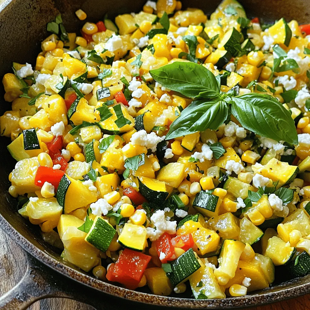- 2 medium zucchinis, diced - 1 medium yellow squash, diced - 1 cup fresh corn kernels (or frozen) - 1 red bell pepper, chopped - 1 small onion, diced - 3 cloves garlic, minced - 1 teaspoon smoked paprika - 1 teaspoon cumin - Salt and pepper to taste - 2 tablespoons olive oil - ¼ cup fresh basil, chopped (for garnish) - ¼ cup feta cheese, crumbled (optional) To make my Squash and Corn Summer Skillet, I start with fresh veggies. Zucchini and yellow squash add a sweet, mild taste. I find that fresh corn makes a big difference, but frozen works too. It’s all about what you have on hand. Next, I gather aromatics and spices. Red bell pepper adds sweetness and color. Chopped onion and minced garlic give great flavor. The smoked paprika and cumin bring warmth. I season with salt and pepper to pull it all together. I finish with a bit of olive oil. It helps cook the veggies and adds richness. Fresh basil is my go-to garnish for a refreshing touch. If you like cheese, sprinkle feta on top. You can find the Full Recipe for all the steps to create this tasty dish. - Prepare all vegetables by dicing and chopping. - Measure out spices and oil before starting cooking. Before you begin, it helps to gather everything. Chop the zucchinis and yellow squash into small pieces. Dice the onion and bell pepper. Mince the garlic. This makes cooking smooth. You won't have to stop mid-way to chop. Next, measure your spices. This includes smoked paprika, cumin, salt, and pepper. Set them aside. Having everything ready saves time. You can focus on cooking without rushing. - Heat olive oil in a skillet and sauté onions. - Add garlic, zucchini, yellow squash, bell pepper, and corn in sequence. - Season with spices and let the flavors meld. Start by heating the olive oil in a large skillet over medium heat. Once it’s hot, add the diced onion. Cook it for about 3-4 minutes until it turns soft and clear. Then, stir in the minced garlic. Cook this for one more minute until it smells great. Next, add the diced zucchini and yellow squash. Cook these for 5-6 minutes until they start to soften. Then, add the chopped bell pepper and corn. Stir everything well. Let it cook for another 4-5 minutes until all the veggies are tender. Now, it’s time for the spices. Sprinkle in the smoked paprika, cumin, and some salt and pepper. Mix it all up. Let it cook together for 2-3 more minutes. This helps all the flavors blend well. - Remove from heat and garnish with basil and feta. - Consider presentation options when serving. When everything is cooked, remove it from the heat. Garnish the dish with fresh basil and feta cheese if you like. This adds a nice touch. For serving, you can keep it rustic by placing the skillet on the table. Or, spoon the mixture onto individual plates. Drizzle a bit of olive oil on top and sprinkle extra basil or feta. This makes the dish look extra special. For the full recipe, refer to the earlier section. To get the best flavor from your vegetables, start by sautéing them properly. Heat your skillet over medium heat and add olive oil. Once the oil is hot, toss in diced onion. Sauté for about three to four minutes until it turns soft and clear. Next, add minced garlic and stir for one minute. This brings out a lovely aroma. After that, add your zucchini and yellow squash. Cook them for five to six minutes until they begin to soften. This step is key for achieving optimal tenderness. To really elevate the flavor, consider adding spices like chili powder or oregano. They can bring a delightful kick to your dish. You might also try adding a sprinkle of lemon juice before serving. This brightens the flavors nicely. For garnishing, fresh basil adds a pop of color and freshness. If you want more texture, some crumbled feta cheese creates a tasty contrast. These touches make your dish not only flavorful but also visually appealing. Choosing the right skillet is important for this dish. A large non-stick skillet works best. It helps in cooking evenly and prevents sticking. Do not forget about your knife! A good knife is vital for cutting vegetables quickly and safely. A sharp knife will make prep time shorter and easier. These tools can make your cooking process smoother and more enjoyable. {{image_2}} You can change the Squash and Corn Summer Skillet based on what vegetables you find fresh. Try adding cherry tomatoes for a sweet burst of flavor. You could also use bell peppers in different colors for a visual pop. Other summer veggies like eggplant or green beans work well too. For squash, you can switch out zucchini for pattypan or butternut squash. Each type brings its own taste and texture. Just remember to adjust the cooking time if you use a firmer squash. To make this dish vegan, skip the feta cheese. You can add nutritional yeast for a cheesy flavor. Use vegetable oil instead of olive oil if you prefer. If you need a gluten-free version, this recipe is already gluten-free as is! Just ensure your spices do not contain gluten additives. You can also throw in some beans for a protein boost. You can cook this dish in many ways besides just on the stove. Grilling adds a smoky taste. Simply toss the veggies in a grill basket and cook on medium heat until tender. Roasting in the oven is another great method. Spread the veggies on a baking sheet and roast at 400°F for about 20 minutes. If you want convenience, use a slow cooker. Place all the ingredients in the slow cooker and set it on low for 4-6 hours. This method lets the flavors blend beautifully while you enjoy your day. To keep your Squash and Corn Summer Skillet fresh, cool it to room temperature. Then, transfer it to an airtight container. This helps to seal in flavor and moisture. Store it in the fridge for up to four days. For meal prep, divide it into single-serving containers. This makes it easy to grab a portion for lunch or dinner later in the week. If you want to save some for later, freezing is a great option. Start by letting the dish cool completely. Next, scoop portions into freezer-safe containers. Leave some space at the top for expansion. You can also use freezer bags, removing as much air as possible. This helps maintain the dish’s quality. Label the containers with dates for easy tracking. It can last up to three months in the freezer. When it’s time to enjoy your skillet again, the best way to reheat it is on the stove. Place it in a skillet over low heat. Stir occasionally to avoid overcooking. You can also microwave it in a covered dish. Add a splash of water to keep it moist. If you have leftovers, think about repurposing them. You can mix it into an omelet or serve it over rice for a new meal. Can I use frozen corn instead of fresh corn? Yes, you can use frozen corn. It tastes great in this dish. Just add it straight to the skillet. How can I adjust the recipe for fewer servings? To make fewer servings, cut the ingredients in half. This keeps the flavors balanced and tasty. What is the best way to cut zucchini and squash for even cooking? I like to dice zucchini and squash into small, uniform pieces. This helps them cook evenly and look nice. How long will cooked squash and corn last in the fridge? Cooked squash and corn can last about 3 to 5 days in the fridge. Store it in an airtight container. What are the calorie counts and nutritional benefits of this dish? This dish is low in calories but high in vitamins. It has around 150 calories per serving. You get fiber and vitamin C from the veggies. Tips for making it healthier while retaining flavor. To make it healthier, use less oil or try cooking with vegetable broth. You can also add more veggies for extra nutrients. Gather your fresh ingredients for the Squash and Corn Summer Skillet. Here’s what you need: - 2 medium zucchinis, diced - 1 medium yellow squash, diced - 1 cup fresh corn kernels (can be frozen if out of season) - 1 red bell pepper, chopped - 1 small onion, diced - 3 cloves garlic, minced - 1 teaspoon smoked paprika - 1 teaspoon cumin - 2 tablespoons olive oil - Salt and pepper to taste - ¼ cup fresh basil, chopped (for garnish) - ¼ cup feta cheese, crumbled (optional) These ingredients make a colorful and tasty dish. The zucchinis and squash give a nice texture. The corn adds sweetness, while the bell pepper brings crunch. Garlic and onion create a solid base of flavor. The smoked paprika and cumin add warmth and earthiness to the dish. I love using fresh vegetables in this recipe. They not only taste better, but they also bring vibrant colors to your plate. If fresh corn is not available, frozen works just as well. Aromatics like onion and garlic are key here. They build the flavor right from the start. The spices—smoked paprika and cumin—give your skillet a unique twist. This flavor combination makes each bite exciting and comforting. Olive oil is essential for sautéing. It helps cook the vegetables evenly and adds richness. Don't forget the fresh basil! It adds a burst of freshness at the end. If you like, sprinkle feta cheese on top for a creamy finish. This dish is perfect for summer meals. It’s light, fresh, and full of flavor. You can enjoy it on its own or pair it with grilled meats or fish. For the full recipe, check out the instructions above. Happy cooking! This blog post provided a clear guide to creating a delicious squash and corn summer skillet. You learned about the right fresh veggies, spices, and cooking methods to bring out bold flavors. Remember the tips for storage and how to easily modify the recipe. Experiment with seasonal vegetables or adjust for dietary needs. Enjoy your cooking and make this dish your own. Simple steps lead to tasty meals that everyone can enjoy. Happy cooking!