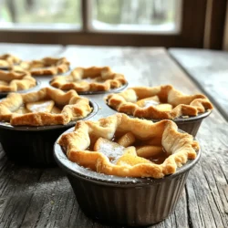 - 2 large apples, peeled, cored, and diced - 1/2 cup brown sugar - 1 teaspoon ground cinnamon - 1/4 teaspoon nutmeg - 1 tablespoon lemon juice - 1 tablespoon cornstarch - 1 package of pre-made pie crusts - 1 egg, beaten - 1 tablespoon granulated sugar For the best flavor in your mini apple pies, I suggest using Granny Smith or Honeycrisp apples. These types balance sweetness and tartness well. If you want to make your own pie crust, you can use flour, butter, and water. This gives a fresh taste. Also, feel free to swap brown sugar with maple syrup or honey for a different sweetness. You will need a muffin tin to shape the pies. Mixing bowls are great for combining ingredients. A baking sheet will catch any drips while baking. 1. Preheat the oven and prepare the filling Start by preheating your oven to 375°F (190°C). This step is key for a crispy crust. In a medium bowl, mix together 2 large apples, 1/2 cup brown sugar, 1 teaspoon ground cinnamon, 1/4 teaspoon nutmeg, 1 tablespoon lemon juice, and 1 tablespoon cornstarch. Toss everything until the apples are well coated. Let the mixture sit so the flavors blend. 2. Prepare the muffin tin and pie crusts Lightly grease a muffin tin with non-stick spray or butter. This will help prevent sticking when you bake. Roll out your pre-made pie crusts on a floured surface. Use a round cutter, about 4 inches wide, to cut out 12 circles from the dough. 3. Create the pie shells Place each dough circle into a muffin tin cup. Press it gently against the sides and bottom. This will form a small pie shell that holds your filling. 1. Fill the shells with apple mixture Spoon the apple filling into each mini pie shell. Fill them just to the top, but don’t overfill. You want to allow room for bubbling as they bake. 2. Add decorative tops Use the leftover dough to cut out smaller circles. You can also make fun shapes, like stars, to place on top. This adds a nice touch to your pies. If you prefer, you can leave them open-faced for a rustic look. 3. Bake until golden brown Brush the tops with a beaten egg for a golden finish. Sprinkle granulated sugar on top for added sweetness and crunch. Bake in your preheated oven for 20-25 minutes. Look for a golden brown crust and bubbling filling. 1. Cooling time and techniques Once baked, let the mini apple pies cool in the muffin tin for about 10 minutes. This makes them easier to remove. After that, carefully lift them out and place them on a wire rack to cool completely. 2. Presentation tips Serve these tasty treats warm. They pair wonderfully with a scoop of vanilla ice cream or a drizzle of caramel sauce. For an elegant touch, add a sprig of mint on top. This makes your mini apple pies not just delicious, but beautiful too. For the full recipe, check out the details provided earlier. Enjoy your baking! To make your muffin tin mini apple pies perfect, focus on the crust. To avoid soggy crusts, use fresh pie crusts and bake them at the right temperature. Pre-baking the crust slightly can help too. This step helps firm it up. For even baking, rotate your muffin tin halfway through baking. This ensures all pies get equal heat. Check the pies at the 20-minute mark. You want them golden brown and bubbling. Using pre-made pie crusts is a great way to save time. They help you skip the dough-making step. You can find them in any grocery store. Just roll them out and cut them into circles for your mini pies. Batch prepping is another smart move. You can prepare the apple filling ahead of time. Store it in the fridge for up to three days. This makes your baking day quick and easy. One mistake to watch for is overfilling the pies. If you fill them too high, the filling will ooze out. This can cause a mess in your oven. Aim to fill them just to the top for best results. Not cooling the pies properly before serving is also a common error. Let them cool for about 10 minutes in the tin. This makes them easier to remove and helps the filling set. Enjoy these tips to make your Muffin Tin Mini Apple Pies delicious! For the full recipe, check out the provided link. {{image_2}} You can switch up the flavor of your mini apple pies in fun ways. One great option is to make caramel apple mini pies. To do this, simply add a few tablespoons of caramel sauce to your apple filling. This adds a sweet and rich taste. Another fun twist is a cinnamon roll-inspired version. Use cinnamon roll dough instead of pie crust. Place it in the muffin tin and fill it with your apple mixture. The result is a warm, gooey treat that feels like a dessert and breakfast all in one. If you need gluten-free options, use a gluten-free pie crust. Many brands offer good choices. This way, everyone can enjoy your mini pies without worry. For vegans, you can substitute the butter in the crust with coconut oil. Use maple syrup or agave instead of brown sugar in the filling. These changes keep the flavor while making it plant-based. Serve your mini pies warm for the best taste. Pair them with a scoop of vanilla ice cream for a classic touch. The cold ice cream mixes well with the warm pie, creating a great experience. You can also drizzle the pies with caramel sauce for extra sweetness. For a creative look, arrange them on a platter and garnish with mint leaves. This adds a fresh touch that makes the dessert even more appealing. To keep your mini apple pies fresh, store them in an airtight container. Place a piece of parchment paper between layers to avoid sticking. The pies will stay good in the fridge for about 3 to 4 days. If you want to save some for later, freezing is easy. First, let the pies cool completely. Then, wrap each pie in plastic wrap and place them in a freezer bag. They can last up to 2 months in the freezer. To reheat, simply bake them at 350°F (175°C) for about 15-20 minutes. This will keep the crust nice and crispy. If you have leftover pie crusts or apple filling, you can make other tasty treats. Use extra pie crusts to make cookies or tarts. For leftover apple filling, try adding it to oatmeal or yogurt for a sweet twist. You can also make an apple crisp by layering the filling with oats and butter. These ideas let you enjoy every bit of your ingredients! To balance sweetness in the filling, choose tart apples. Granny Smith is a great choice. You can also reduce the brown sugar by a few tablespoons. Adding lemon juice brightens the flavor and cuts the sweetness. A pinch of salt can also help balance the flavors. Yes, you can use frozen apples. Thaw them first and drain excess liquid. Frozen apples might be softer than fresh ones. They work well if you want to save time. Just adjust the sugar if your frozen apples are sweetened. To reheat mini apple pies, use an oven. Preheat it to 350°F (175°C). Place the pies on a baking sheet. Heat them for about 10 minutes. This keeps the crust crispy and warms the filling. Microwave can make the crust soggy, so avoid that. These mini apple pies take about 20-25 minutes to bake. Watch for the crust to turn golden brown. The filling should bubble slightly. If you see this, your pies are done. Always check them a few minutes early to avoid overbaking. You can create delicious mini apple pies with simple ingredients and easy steps. We covered everything from ingredients to common mistakes. Remember to choose the right apple types for great flavor. Pay attention to cooling and presentation for the best results. With practice, you will impress friends and family. Enjoy making these tasty treats, and don’t forget to get creative with your variations and serving ideas! Happy baking!