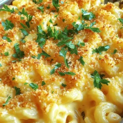 - 8 ounces elbow macaroni - 2 tablespoons unsalted butter - 2 tablespoons all-purpose flour - 2 cups whole milk - 1 cup shredded sharp cheddar cheese - 1 cup shredded Gruyère cheese - 1/2 cup grated Parmesan cheese - 2 tablespoons truffle oil (or to taste) - Salt and pepper to taste - 1/2 cup panko breadcrumbs - 2 tablespoons chopped fresh parsley (for garnish) For this baked mac and cheese, I use simple, quality ingredients. First, I choose elbow macaroni. It holds the cheese sauce well. The butter and flour create a smooth base for my cheese sauce. Whole milk makes it rich and creamy. I love using a mix of cheeses. Sharp cheddar adds sharp flavor. Gruyère gives a nutty taste. Parmesan adds depth and saltiness. Truffle oil brings a unique touch that elevates the dish. I season with salt and pepper to balance the flavors. For the topping, I sprinkle panko breadcrumbs mixed with Parmesan. This gives a crunchy texture. Fresh parsley adds a pop of color and freshness. You can find the full recipe for this creamy delight above. - Preheat the oven to 350°F (175°C). - In a large pot, bring salted water to a boil. Add 8 ounces of elbow macaroni and cook for 6-8 minutes until al dente. Drain and set aside. - In the same pot, melt 2 tablespoons of unsalted butter over medium heat. - Add 2 tablespoons of all-purpose flour and whisk continuously for 1-2 minutes to form a roux. - Gradually whisk in 2 cups of whole milk until smooth. Cook while stirring until the mixture thickens, about 5-7 minutes. - Lower the heat and mix in 1 cup of shredded sharp cheddar cheese, 1 cup of shredded Gruyère cheese, and 1/2 cup of grated Parmesan cheese until fully melted and creamy. - Stir in 2 tablespoons of truffle oil, then season with salt and pepper to taste. - Add the cooked macaroni to the cheese sauce and stir until the pasta is well coated. - Pour the macaroni and cheese into a greased 9x13 inch baking dish. - In a small bowl, combine 1/2 cup of panko breadcrumbs with the remaining Parmesan cheese. Sprinkle this mixture evenly over the macaroni and cheese. - Bake in the preheated oven for 25-30 minutes, or until the top is golden brown and crispy. For the complete recipe, check out the Full Recipe section. To get that creamy texture, I recommend using whole milk. Whole milk adds richness. A mix of cheeses also helps. Sharp cheddar brings flavor, while Gruyère adds smoothness. Always remember to not overcook the pasta before baking. Cook it just until al dente. This keeps it from getting mushy in the oven. For a crunchy topping, I suggest using panko breadcrumbs. Panko gives a light, crispy finish that regular breadcrumbs can’t match. To take it up a notch, broil briefly after baking. This will add extra crispiness to the top. Just watch it closely to avoid burning. Baked mac and cheese pairs well with a side salad or garlic bread. A fresh side balances the richness of the dish. You can also offer fun toppings like crispy bacon or fresh herbs. This adds flavor and makes your meal feel special. For a complete meal, serve it with a simple green salad. Don't forget to try the [Full Recipe] for detailed steps and proportions! {{image_2}} You can mix up your cheese choices. Try adding mozzarella for creaminess. Fontina also melts well and adds a nice flavor. You can even use flavored cheeses like smoked cheddar or pepper jack. These choices boost the taste and make your dish unique. Adding cooked vegetables can enhance your baked mac and cheese. Spinach and broccoli work great. They add color and nutrients. You can also mix in proteins like cooked chicken or crispy bacon. This makes your meal heartier and keeps everyone happy. If you need gluten-free options, use gluten-free pasta. Many great brands offer tasty choices. For a vegan version, swap regular cheese for vegan substitutes. There are many types available now, so you can still enjoy creamy comfort food. Check out the Full Recipe to see how to create this creamy delight! After enjoying your baked mac and cheese, let it cool completely before refrigerating. This step helps keep it fresh and safe. Once cooled, transfer it to an airtight container. This keeps the flavors in and prevents any fridge smells from getting in. You can freeze baked mac and cheese for later. If you freeze it before baking, cover it well with foil. If you freeze it after baking, let it cool fully first. To reheat, thaw it overnight in the fridge. Then, bake it in the oven at 350°F (175°C) until hot. This way, you keep that creamy texture we all love. In the fridge, baked mac and cheese lasts about 3 to 5 days. For the best taste, enjoy it within this time. When reheating, make sure it’s heated all the way through. This keeps it safe and tasty. Store it properly, and you can enjoy delicious leftovers for days! Yes, you can prepare baked mac and cheese ahead of time. This dish is great for meal prep! Start by cooking the pasta and making the cheese sauce. After mixing them, pour everything into a baking dish. Cover it tightly with foil and place it in the fridge. You can keep it there for up to two days. When you're ready to bake, simply remove the foil and bake it straight from the fridge. This saves time and effort when you want to enjoy creamy comfort food. Adding spice is easy! You can mix in diced jalapeños or red pepper flakes. For a smoky flavor, try adding some smoked paprika. Another great option is to use pepper jack cheese instead of regular cheese. This will give your dish a nice kick. Adjust the spice level to your taste, and enjoy the heat! To reheat baked mac and cheese, use the oven for best results. Preheat your oven to 350°F (175°C). Place the mac and cheese in an oven-safe dish. Add a splash of milk to keep it creamy. Cover the dish with foil to prevent it from drying out. Heat for about 20 minutes or until warm throughout. If you want it crispy again, remove the foil for the last few minutes. Enjoy your creamy delight from the fridge! This post covered the key ingredients and steps for baked mac and cheese. You learned how to create a creamy sauce, combine flavors, and bake to perfection. Remember to try different cheeses or add fun mix-ins to make it your own. Also, proper storage and reheating keep it tasting fresh. Enjoy crafting this comfort food and impress your friends and family with each bite. Happy cooking!