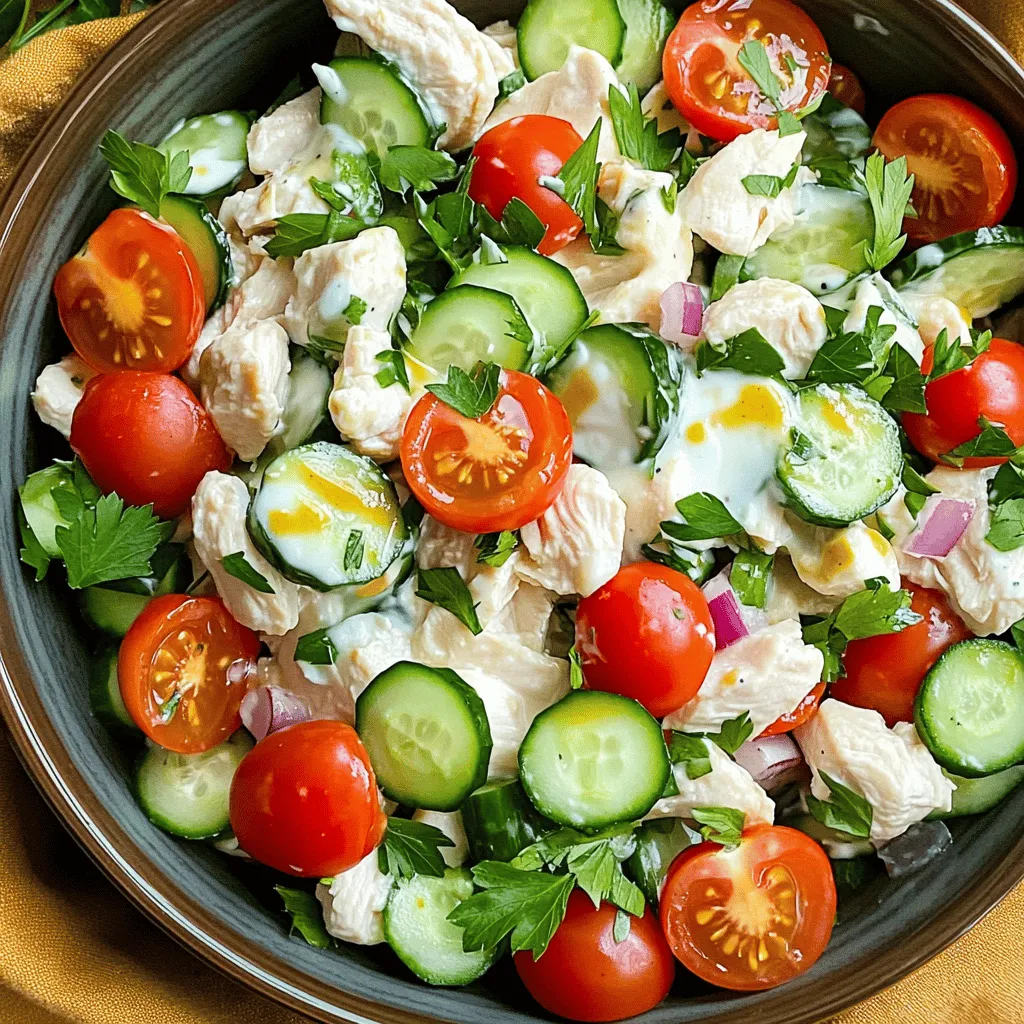 - 2 cups cooked chicken breast, diced - 1 can (15 oz) chickpeas, rinsed and drained - ½ cup Greek yogurt - ¼ cup Dijon mustard - 1 tablespoon honey - 1 cup cherry tomatoes, halved - ½ cup cucumber, diced - ¼ cup red onion, finely chopped - ¼ cup fresh parsley, chopped - Salt and pepper to taste Gathering the right ingredients is key to a great chicken salad. Start with the cooked chicken breast. You can use leftovers or cook fresh chicken. Diced pieces work best. Next, grab a can of chickpeas. Rinse them well to remove any canning liquid. Greek yogurt acts as a creamy base. It adds protein and tang. Dijon mustard gives a nice kick. Honey sweetens the mix without being overpowering. You will need cherry tomatoes for freshness. Halving them allows their juices to mix in. The cucumber adds crunch. Dicing it keeps the texture light. Red onion brings a punch of flavor. Use it finely chopped to avoid too much bite. For color and freshness, grab some parsley. It brightens up the dish. Finally, don't forget salt and pepper. They enhance all the flavors in this salad. This mix of ingredients makes a high protein chicken salad that is simple and tasty. For full details on preparing the dish, refer to the Full Recipe. - Combining chicken and chickpeas Start by taking a large mixing bowl. Add 2 cups of diced cooked chicken breast to the bowl. Then, add one can of rinsed and drained chickpeas. This mix gives you a great base packed with protein. - Making the yogurt dressing In a smaller bowl, mix together ½ cup of Greek yogurt, ¼ cup of Dijon mustard, and 1 tablespoon of honey. Use a whisk to blend these until smooth. This dressing adds creaminess and flavor to the salad. - Mixing the salad ingredients Pour the yogurt dressing over the chicken and chickpeas. Stir gently to coat everything well. Next, add 1 cup of halved cherry tomatoes, ½ cup of diced cucumber, ¼ cup of finely chopped red onion, and ¼ cup of chopped fresh parsley. Fold these in carefully to keep the salad looking nice. - Seasoning the salad Sprinkle salt and pepper to taste. This step enhances the flavors and makes the salad truly delicious. Don't be shy; seasoning is key! - Refrigeration for flavor enhancement Cover the bowl with plastic wrap or a lid. Place it in the fridge for at least 30 minutes. This cooling time allows all the flavors to meld together, making each bite better. Enjoy this high protein chicken salad as a simple, tasty meal. For the complete recipe, check out the Full Recipe section! Keeping chicken moist To keep your chicken juicy, cook it properly. Bake or grill the chicken until it reaches 165°F. Let it rest before you cut it. This helps the juices stay inside. You can also marinate the chicken in yogurt for added flavor and moisture. Ensuring balanced flavors Balance is key. Use a mix of flavors and textures. The tangy yogurt and mustard pair well with the sweetness of honey. Add salt and pepper to taste. Fresh herbs, like parsley, add a nice touch. Taste your salad as you mix. Adjust the seasonings as needed. Storing leftovers properly If you have leftovers, store them in an airtight container. Keep it in the fridge for up to three days. This salad tastes even better the next day as flavors blend. Just remember to give it a good stir before serving again. Garnishing options Garnish your chicken salad with extra parsley for color. You can also add sliced olives or diced avocado for richness. A sprinkle of paprika on top gives a nice visual touch. Accompaniments for a complete meal Serve your salad with whole-grain pita or on a bed of greens. Pair it with a side of fruit for a fresh twist. You can also enjoy it with whole-grain crackers for crunch. Explore different combinations to find what you love! For the full recipe, refer to the detailed steps above. {{image_2}} This chicken salad is high in protein. Each serving has about 30 grams of protein. Protein helps build muscle and keeps you full longer. The main ingredients, chicken and chickpeas, are great sources. - Cooked chicken breast: A lean meat packed with protein. - Chickpeas: They add fiber and protein. They also help with digestion. Using Greek yogurt in this salad has great benefits. Greek yogurt is lower in fat than sour cream. It adds creaminess without many calories. Plus, it has probiotics that help your gut. Chickpeas are not just tasty; they are also nutrient-rich. They contain vitamins and minerals like iron and magnesium. These nutrients support your overall health and energy levels. This salad has about 300 calories per serving. It is light yet filling. The macronutrient breakdown is as follows: - Protein: 30 grams - Carbohydrates: 35 grams - Fats: 7 grams These numbers can vary based on the specific ingredients you use. If you want to cut calories, go easy on the dressing. However, the balance of protein, carbs, and fats keeps it satisfying. For the full recipe, check out the details provided earlier. You might want to switch out the chicken in your salad. You can use turkey, tuna, or even shrimp. Each option keeps the protein high and adds a unique taste. If you're looking for vegetarian choices, try using cooked lentils or tempeh. Both options add protein and make the salad filling. You can also mix in beans, like black beans or kidney beans, for a hearty touch. To make your salad even more exciting, consider adding fresh herbs and spices. Chopped basil or dill can brighten up the dish. A pinch of cumin or paprika adds a warm, earthy flavor. If you want to change the dressing, try a lemon vinaigrette or a creamy avocado dressing. These dressings bring a new twist and keep the salad fresh. Experiment with different combinations to find what you love best. For the full recipe, check out the Protein-Packed Chicken Salad section above. Can I make this salad ahead of time? Yes, you can make this salad ahead of time. It tastes even better after chilling. Just mix the salad and store it in the fridge. How long will the salad last in the fridge? This salad will last about 3 to 4 days in the fridge. Always cover it well to keep it fresh. What can I serve with high protein chicken salad? You can serve this salad with whole-grain pita, crackers, or on a bed of greens. It pairs well with fruit or a light soup too. Is this recipe suitable for meal prep? Yes, this recipe is great for meal prep. You can portion it into containers for easy lunches all week. How to adjust the recipe for more servings? To adjust the recipe for more servings, simply double or triple the ingredients. Keep the same ratios for best results. Can I use canned chicken for this recipe? Yes, you can use canned chicken if you need a quick option. Just drain it well and break it up before mixing it in. This blog post covered a tasty chicken salad you can make easily. We talked about key ingredients, step-by-step instructions, and helpful tips for a great outcome. I shared the health benefits and variations to keep things exciting. My final thought is to try this recipe and customize it to your taste. Enjoy a fresh meal that is healthy and satisfying!