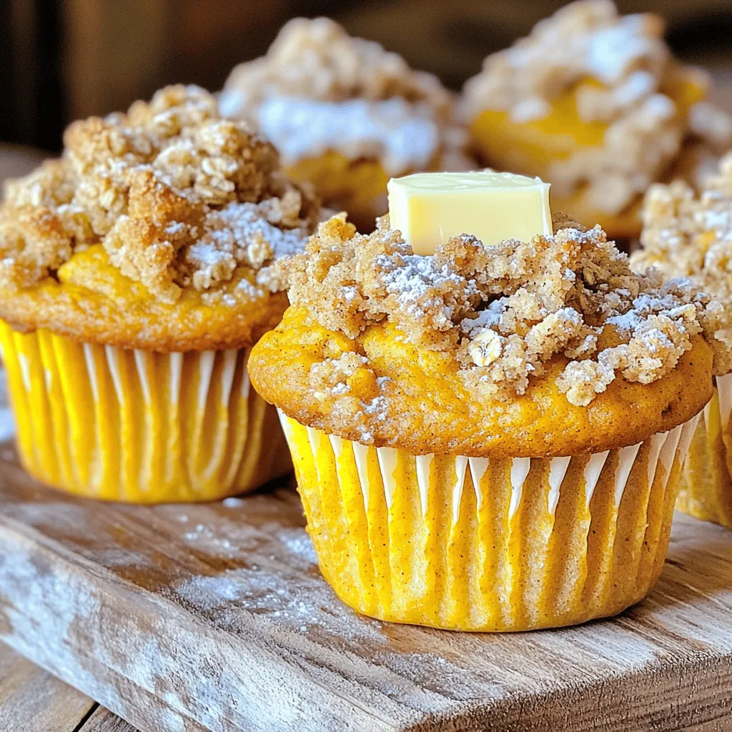 - 1 cup all-purpose flour - 1 cup whole wheat flour - 1 teaspoon baking powder - 1 teaspoon baking soda - 1 teaspoon ground cinnamon - 1/2 teaspoon ground nutmeg - 1/2 teaspoon salt - 1 cup canned pumpkin puree - 3/4 cup granulated sugar - 1/2 cup brown sugar, packed - 1/2 cup vegetable oil - 2 large eggs - 1 teaspoon vanilla extract The main ingredients for these muffins bring a lot of flavor. I use both all-purpose and whole wheat flour. This mix gives the muffins a nice texture and added nutrients. Baking powder and baking soda help the muffins rise. Spices like cinnamon and nutmeg add warmth and depth. Pumpkin puree is key here. It gives moisture and a rich flavor. The sugars blend well. Granulated and brown sugar make the muffins sweet and delicious. Eggs and oil help bind everything together. - 1/2 cup rolled oats - 1/3 cup brown sugar, packed - 1/4 cup all-purpose flour - 1 teaspoon ground cinnamon - 1/4 cup cold butter, cut into small cubes The streusel topping is what makes these muffins special. I use rolled oats for a crunchy texture. Brown sugar adds sweetness and richness. All-purpose flour gives structure to the topping. Cinnamon in the streusel gives a warm flavor that pairs well with pumpkin. Cold butter is essential. It creates that crumbly texture we love. You can find the full recipe for these delightful muffins to enjoy this fall. Preheating the Oven Start by preheating your oven to 350°F (175°C). This step is key. A hot oven helps the muffins rise well and bake evenly. Lining the Muffin Tin Next, line your muffin tin with muffin liners. This makes for easy clean-up. It also helps the muffins come out perfectly shaped. Whisking Flours and Leaveners In a large bowl, whisk together the all-purpose flour, whole wheat flour, baking powder, and baking soda. Mixing these dry ingredients well is important. It helps the muffins rise and gives them a light texture. Adding Spices and Salt Now, add ground cinnamon, nutmeg, and salt to the flour mixture. These spices bring warmth and flavor to your muffins. Stir until everything is well combined, and set this bowl aside. Mixing Pumpkin, Sugars, and Eggs In another bowl, mix the canned pumpkin puree, granulated sugar, brown sugar, vegetable oil, eggs, and vanilla extract. Blend these ingredients well. This mixture will keep your muffins moist and sweet. Combining with Dry Ingredients Slowly add the dry ingredients to the wet mixture. Stir gently until just combined. Be careful not to overmix. This keeps your muffins fluffy and light. Mixing the Topping Ingredients In a small bowl, combine rolled oats, brown sugar, all-purpose flour, and ground cinnamon. This mix adds a crunchy topping to your muffins. Crumbling the Butter into Mixture Add cold butter cut into small cubes to the topping mixture. Use a fork or your fingers to mix it. You want the mixture to be crumbly. This topping will give your muffins a nice texture. Filling Muffin Liners Fill each muffin liner about two-thirds full with the pumpkin batter. This allows room for the muffins to rise. Baking Time and Temperature Bake in the preheated oven for 18-20 minutes. Check for doneness by inserting a toothpick into the center of a muffin. If it comes out clean, they are ready! Cooling Time in the Muffin Tin Allow the muffins to cool in the tin for 5 minutes. This step helps them set and makes them easier to remove. Transferring to Wire Rack Carefully transfer the muffins to a wire rack to cool completely. This keeps them from getting soggy. For the full recipe, check the details provided earlier. Enjoy the lovely aroma filling your kitchen! Avoiding Overmixing Mixing too much can make muffins tough. Stir the wet and dry ingredients just until you see no dry flour. Lumps are okay! This will keep your muffins light and fluffy. Checking for Doneness To know when your muffins are done, use a toothpick. Insert it into the center of a muffin. If it comes out clean, they're ready! If there’s batter on it, bake for a few more minutes. Adding Nuts or Chocolate Chips For a fun twist, add nuts or chocolate chips. Chopped walnuts or pecans give crunch. Chocolate chips add sweetness. Mix in about half a cup for a tasty surprise in each bite. Adjusting Spices for Personal Preference Feel free to change the spices to match your taste. Add more cinnamon for warmth or a pinch of ginger for spice. Tailoring these flavors makes the muffins truly yours. Serving Suggestions Serve these muffins warm. A pat of butter on top melts into the muffin, adding richness. You can also enjoy them with coffee or tea for a cozy treat. Dusting Options For an extra touch, sprinkle powdered sugar on top. This makes them look fancy and adds sweetness. You can also use a light dusting of cinnamon for a lovely finish. Check out the Full Recipe for more details on making these delightful muffins! {{image_2}} To make gluten-free muffins, swap regular flour for gluten-free flour. Good options include almond flour or coconut flour. You might need to adjust the baking time. Gluten-free muffins often need a bit longer, so check for doneness at 20 minutes. For vegan muffins, replace eggs with flaxseed meal mixed with water. Use unsweetened applesauce or silken tofu as alternatives. Swap out dairy milk for plant-based milk, like almond or oat milk. For sweeteners, you can use maple syrup or agave nectar instead of sugar. Adding cranberries or diced apples gives your muffins a fun twist. These fruits add moisture and a burst of flavor. You can also try different spices, like ginger or cloves, for a unique taste. These variations keep your muffins exciting and fresh for every fall gathering. For the full recipe, check out the detailed steps provided earlier. To keep your Pumpkin Streusel Muffins fresh, follow these tips. First, let the muffins cool completely. Warm muffins can create moisture, leading to sogginess. Store them in an airtight container at room temperature. This keeps them soft and tasty. If you want to stack the muffins, place parchment paper between layers. For storage containers, use either a plastic container or a resealable bag. Both options work well. Make sure they close tightly to keep air out. Want to save some muffins for later? Freezing them is easy. First, wrap each muffin tightly in plastic wrap. This step prevents freezer burn. Then, place the wrapped muffins in a zip-top freezer bag. Remove as much air as possible before sealing. When you're ready to enjoy, thaw the muffins at room temperature for a few hours. For a quicker option, you can use the microwave. Heat on low power for 15-20 seconds to warm them up. At room temperature, these muffins last about 3-4 days. Keep an eye out for signs of spoilage. If you see mold or the muffins smell off, it’s best to toss them. Enjoying them fresh is always the best way! To make your muffins moist, you can add applesauce or yogurt. These ingredients add moisture without changing the flavor much. Another tip is to adjust your baking time. If the muffins bake too long, they can dry out. Check them a few minutes early. A toothpick should come out clean but not dry. Yes, you can use butternut squash puree instead of pumpkin puree. Sweet potato puree is another good choice. If you want a lighter option, consider using unsweetened applesauce. Just keep in mind that each substitute may change the taste a bit. These muffins pair well with warm drinks like coffee or chai tea. You can also serve them with a side of cream cheese spread. For a cozy breakfast, enjoy them with scrambled eggs or a fruit salad. They are great for brunch too! Pumpkin streusel muffins can last up to 3 days at room temperature. Store them in an airtight container to keep them fresh. If you want to keep them longer, freeze them. They can last up to 3 months in the freezer. Just thaw them at room temperature when you're ready to enjoy! In this blog post, we covered how to make delicious pumpkin streusel muffins. We discussed the key ingredients, step-by-step instructions, and tips for perfect results. Variations like gluten-free and vegan options let everyone enjoy these treats. I shared storage info to keep your muffins fresh and answered common questions. Now, you have all the tools to bake tasty muffins. Enjoy experimenting and sharing these warm treats with others!