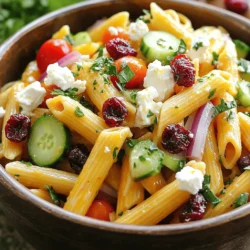 - 8 oz penne pasta - 1 cup feta cheese, crumbled - 1/2 cup dried cranberries These three main ingredients create a great base for the salad. The penne pasta gives it a nice bite. Feta cheese adds a creamy texture with a salty kick. Dried cranberries bring a sweet touch that balances the flavors. - 1/4 cup red onion, finely chopped - 1/2 cup cucumber, diced - 1/2 cup cherry tomatoes, halved Red onion adds a sharp flavor that wakes up your taste buds. Cucumber gives a refreshing crunch. Cherry tomatoes add juiciness and a pop of color. Together, they make the salad bright and vibrant. - 1/4 cup olive oil - 3 tablespoons orange juice - 1 tablespoon orange zest - 1 tablespoon apple cider vinegar - Salt and pepper to taste The dressing is key to this salad. Olive oil adds richness. Orange juice and zest bring a zesty brightness that ties everything together. Apple cider vinegar adds a hint of tang. Finally, salt and pepper help enhance all the flavors. For the full recipe, check out the main article. To boil penne pasta, bring a large pot of salted water to a rolling boil. Add the penne and stir gently. Cook it for about 8 to 10 minutes, or until it is al dente. This means it should be firm but not hard. Once done, drain the pasta in a colander and rinse it under cold water. This stops the cooking process and cools the pasta quickly. For perfect al dente pasta, keep an eye on the clock. Taste a piece before the time is up. If it feels slightly firm, it’s ready. Always remember, you can cook it a bit longer if needed, but you can't undo overcooking. For the orange vinaigrette, you will need these ingredients: - 1/4 cup olive oil - 3 tablespoons orange juice - 1 tablespoon orange zest - 1 tablespoon apple cider vinegar - Salt and pepper to taste To make the vinaigrette, whisk all these ingredients together in a small bowl. Use a fork or a whisk and mix until it looks smooth. Proper whisking helps to blend the oil and vinegar well, creating a nice emulsion. To combine the salad, take a large bowl and add the cooled penne pasta, crumbled feta cheese, dried cranberries, finely chopped red onion, diced cucumber, halved cherry tomatoes, and chopped parsley. Mix these ingredients gently. Once combined, pour the orange vinaigrette over the salad. Toss everything together until the pasta and veggies are nicely coated. Chilling the salad is key. Cover it and place it in the fridge for at least 30 minutes before serving. This allows the flavors to blend and makes the salad taste even better. To cool your pasta quickly, first, drain it in a colander. Rinse it under cold water until it's cool to the touch. This stops the cooking process and keeps the pasta from becoming mushy. You can also spread the pasta on a baking sheet to cool faster. This method helps air circulate around the pasta. Adjusting the vinaigrette is easy. Start with the basic recipe, then taste it. If it’s too tangy, add a little more olive oil. If you want more zing, add extra orange juice or zest. You can also add a pinch of salt to enhance the flavors. Each person has different tastes, so make it your own! Serving this salad can be fun and creative. Try using a large, clear bowl to show off the colorful ingredients. You can also serve it in individual glass jars for a fun twist. This makes it easy for guests to grab their own portion. For garnish, sprinkle some extra feta cheese on top. Add a few whole cranberries for a pop of color. Fresh parsley leaves also make a great touch. These small details make your salad look beautiful and inviting. For the full recipe, check out the details provided earlier. {{image_2}} You can easily change a few ingredients in this salad. For cheese, try goat cheese instead of feta. Goat cheese gives a tangy taste that works well. You can also swap dried cranberries for raisins or chopped dates. These options add sweetness and chewiness. Seasons change, so your salad can too! In spring and summer, fresh herbs like basil or mint add great flavor. You can also toss in veggies like bell peppers or zucchini for crunch. If you want to add protein, consider grilled chicken or chickpeas. They make the salad heartier and more filling. To explore more ideas and find the Full Recipe, check out the detailed instructions in the article. To store leftover salad, place it in an airtight container. This keeps the salad fresh and tasty. Always make sure the container is clean and dry before use. You can also use glass containers for better storage. They are great for keeping flavors intact. If you have extra vinaigrette, store it in a separate container. This way, your salad stays crisp and not soggy. The salad lasts about 3 to 4 days in the fridge. Always check for signs of spoilage before eating. If you see any mold, discard the salad right away. Another sign is a strange smell. If it smells off, trust your nose and throw it out. Always remember that fresh ingredients have a shorter shelf life. So, enjoy your Feta Cranberry Penne Salad with Orange Vinaigrette as soon as you can for the best taste. For the full recipe, you can refer back to the main section. Can I make the salad in advance? Yes, you can make this salad ahead of time. I often prepare it a day early. Just store it in the fridge. The flavors get better as they mingle. You can toss it again just before serving. Is this salad gluten-free? The salad is not gluten-free as it contains penne pasta. However, you can easily swap the penne for gluten-free pasta. This keeps the dish just as tasty while meeting gluten-free needs. Caloric content per serving Each serving of this salad has about 300 calories. This can vary based on the amount of dressing you use. It’s a healthy option that fills you up without weighing you down. Benefits of the key ingredients - *Penne Pasta:* A good source of carbs for energy. - *Feta Cheese:* Provides protein and calcium. - *Dried Cranberries:* Packed with antioxidants and vitamins. - *Olive Oil:* Offers healthy fats that support heart health. What to pair with Feta Cranberry Penne Salad? This salad pairs well with grilled chicken or fish. You can also serve it with fresh bread for a complete meal. A light white wine enhances the flavors nicely. Ideal occasions for serving this salad This salad is perfect for picnics, potlucks, or summer barbecues. It shines at holiday gatherings too. I love bringing it to family dinners, as it always gets rave reviews. For the full recipe, check out the detailed instructions. This blog post covers the tasty Feta Cranberry Penne Salad you can easily make. We discussed the main and additional ingredients, along with the simple dressing. I shared step-by-step cooking tips and tricks to make your salad shine. Remember to chill it well for the best flavor! Ultimately, this salad is perfect for gatherings or a light meal. You can tweak the ingredients to fit your taste. Enjoy this fresh and flavorful dish, knowing it's easy to make and share.