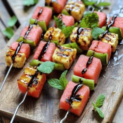 To make Grilled Watermelon Halloumi Skewers, you will need: - 1 medium watermelon, cut into 1-inch cubes - 8 ounces halloumi cheese, cut into 1-inch cubes - 1 tablespoon olive oil - 1 tablespoon balsamic glaze - Fresh mint leaves, for garnish - Salt and pepper to taste - Skewers (wooden or metal) You will need a few tools to help with this recipe: - Grill or grill pan - Knife and cutting board - Skewers (if wooden, soak them in water for 30 minutes) - Tongs for flipping skewers Feel free to get creative! Here are some fun ideas: - Add a sprinkle of chili flakes for heat. - Use lemon zest for a fresh, citrus kick. - Try adding cherry tomatoes for color and taste. - Swap in feta cheese for a different flavor profile. For the full recipe, check out the detailed steps further in the article. Enjoy your grilling! First, soak your skewers. If you use wooden skewers, soak them in water for at least 30 minutes. This step helps prevent burning on the grill. Next, cut your watermelon and halloumi cheese into 1-inch cubes. Make sure the pieces are even in size. This ensures they cook well and evenly. Now, it's time to assemble the skewers. Take a skewer and start threading the watermelon and halloumi. Alternate the pieces and leave a little space between them. This allows heat to reach each piece, enhancing the grill marks and flavors. Once you have your skewers ready, drizzle olive oil over them. Sprinkle salt and pepper to taste. This step adds flavor and helps the cheese get crispy on the grill. Now, preheat your grill to medium-high heat. If you prefer using a grill pan, heat it on your stovetop. When your grill is ready, place the skewers on it. Grill them for about 3-4 minutes on each side. You want the halloumi to turn golden and crispy. The watermelon should get nice grill marks and soften slightly. Make sure to keep an eye on them. Halloumi can cook fast, so you want to avoid burning. After grilling, carefully remove the skewers from the grill. Place them on a plate. Drizzle balsamic glaze over the skewers for a sweet finish. This adds a burst of flavor that pairs perfectly with the savory halloumi. Finally, garnish with fresh mint leaves. They add a lovely touch of color and flavor. Enjoy your grilled watermelon halloumi skewers! For the complete recipe, check out the Full Recipe section. Grilling watermelon and halloumi takes skill, but it's easy. Start with a clean grill. This helps prevent sticking. Preheat your grill to medium-high heat. This ensures a nice sear. Grill the skewers for 3-4 minutes on each side. Look for golden halloumi and nice grill marks on the watermelon. If you use a grill pan, heat it on medium too. Always keep an eye on your skewers. They can burn quickly if not watched. Good halloumi makes a big difference. Look for cheese that is firm and fresh. It should have a slight bounce when pressed. A good brand will melt just a bit, getting crispy on the outside. Avoid halloumi that seems too soft or too wet. This can lead to a messy grill. When in doubt, try a local cheese shop. They often have great options. You can add more flavor to your skewers. Try adding fresh herbs like basil or cilantro. These will brighten the dish. A sprinkle of chili flakes adds heat. If you want a sweet twist, drizzle honey on top after grilling. You can also use lime juice for a zesty kick. These small changes can make your skewers stand out. For the full recipe, check out the complete instructions above. {{image_2}} You can add colorful veggies to your skewers. Bell peppers, zucchini, and cherry tomatoes work well. They add extra flavor and nutrition. Just cut them into similar sizes for even cooking. Mix them with the watermelon and halloumi for a tasty twist. If you want to switch up the cheese, try feta or goat cheese. These cheeses have a strong flavor and pair well with sweet watermelon. You can also use a mild cheddar for a different taste. Just remember, each cheese will change the flavor profile. These skewers are naturally gluten-free, which is great! If you want to serve with a side, choose gluten-free bread or crackers. Always check labels to ensure your condiments are gluten-free, too. This keeps your meal safe and delicious for everyone. For the complete dish, check the Full Recipe. To keep your grilled watermelon halloumi skewers fresh, store them in an airtight container. Place a layer of parchment paper between the skewers to avoid sticking. Doing this helps maintain their shape and taste. If you have leftovers, they can last in the fridge for up to three days. When you want to enjoy your skewers again, reheating them is easy. Use a grill or a stovetop pan over medium heat. Cook for about 2-3 minutes, turning them once. This warms the skewers without losing flavor. You can also use a microwave for quick reheating, but they may lose some crispness. The grilled skewers are best eaten fresh. However, if you want to freeze them, wrap each skewer in plastic wrap. Then place them in a freezer-safe bag. They can last in the freezer for up to a month. When you’re ready to eat, thaw them in the fridge overnight before reheating. Yes, you can. Feta cheese works well for a different taste. You can also try goat cheese for a creamier texture. Each cheese brings its own flavor. Just remember that the grilling time may change. Check your cheese often to avoid burning. To avoid sticking, brush the grill grates with oil before cooking. You can also coat the cheese with a little olive oil. Soaking wooden skewers helps too. This will help keep everything moving smoothly on the grill. These skewers are great as a starter or side dish. You can serve them with fresh salad or pita bread. A yogurt dip adds a nice touch too. For a fun twist, pair them with a fruity salsa. This will bring out the flavors even more. Check out the Full Recipe for more ideas! This blog post covered how to create delicious grilled Halloumi skewers. We explored the key ingredients, essential equipment, and optional seasonings to enhance flavor. I shared step-by-step instructions and useful tips for perfect grilling techniques. You also learned about variations, including different cheeses and vegetables, and how to store leftovers properly. These skewers are both tasty and versatile. Now, it’s time to gather your ingredients and grill some amazing skewers. Enjoy your cooking journey!