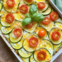 - 4 medium zucchinis, thinly sliced - 1 cup shredded mozzarella cheese - 1 cup cottage cheese - ½ cup grated Parmesan cheese - 1 large egg - 1 teaspoon garlic powder - 1 teaspoon dried oregano - 1 teaspoon salt - ½ teaspoon black pepper - 1 cup cherry tomatoes, halved (for garnish) - Fresh basil leaves, for garnish - Additional spices or herbs - Different cheese varieties You can swap mozzarella for other melting cheeses. Cheddar or gouda works well. Instead of cottage cheese, try ricotta for a creamier texture. If you want low-carb options, replace zucchini with eggplant or cauliflower. These swaps keep the dish tasty and fun. For a fresh twist, add herbs like thyme or rosemary. You can also mix in your favorite spices for a kick. If you want to make it vegan, use tofu instead of egg and a plant-based cheese. This Easy Cheesy Zucchini Bake has many options. You can make it your own with simple swaps. Check out the Full Recipe for all the details! - Preheat the oven to 375°F (190°C). - Grease a 9x13 inch baking dish with a little oil or butter. - In a large bowl, combine the thinly sliced zucchini with garlic powder, oregano, salt, and black pepper. Toss until the zucchini is well coated. - In another bowl, mix together the cottage cheese, egg, and half of the mozzarella cheese. Stir until the mixture is smooth and creamy. - Start by layering half of the seasoned zucchini slices at the bottom of the greased baking dish. - Next, spread half of the cheese mixture over the zucchini layer. Make sure it covers evenly. - Add the rest of the zucchini slices on top. Pour the remaining cheese mixture over this layer, spreading it out. - Lastly, sprinkle the grated Parmesan cheese and the remaining mozzarella cheese over the entire dish. - Bake in the preheated oven for 30-35 minutes. Watch for a golden, bubbly top. - For a perfect finish, let it cool for a few minutes before serving. This helps the layers set nicely. To keep your Easy Cheesy Zucchini Bake from being soggy, avoid excess moisture. Start by salting the zucchini slices. Place them on paper towels for about 15 minutes. This helps draw out water. Once they are dry, you can use them in your bake. Thinly slice your zucchinis for even cooking. Uniform slices ensure they cook at the same rate. This way, you get a nice texture throughout. Pairing sides with zucchini bake can enhance your meal. A simple green salad works great. You can add a light vinaigrette for a fresh taste. Garlic bread also makes a tasty side. It complements the cheesy flavors well. This dish is perfect for family dinners or casual gatherings. Serve it at parties or potlucks for a crowd-pleaser. Garnishing is key for a beautiful dish. Use halved cherry tomatoes on top for color. Fresh basil leaves add a nice touch, too. Arrange them artfully before serving. You can also serve the bake in individual ramekins. This adds a fun twist and makes it easy to serve. {{image_2}} You can easily change the taste of your Easy Cheesy Zucchini Bake. Adding herbs and spices can make it special. Fresh thyme or rosemary adds a nice touch. You can also try a bit of red pepper flakes for heat. Mix in some garlic or onion powder for extra flavor. Incorporating other vegetables is another fun option. Bell peppers, spinach, or mushrooms work well. Just remember to slice them thinly. This keeps the bake even and tasty. If you're looking for gluten-free options, this dish is simple to adapt. The main ingredients are naturally gluten-free. Just ensure your cheese brands are safe. Check labels if you're unsure. For vegan alternatives, swap out the cheese for plant-based options. Use tofu or cashew cheese instead of cottage cheese. You can also replace the egg with a flaxseed mixture. Mix one tablespoon of ground flaxseed with three tablespoons of water. Let it sit for a few minutes to thicken. You can give your bake an Italian twist. Add some marinara sauce and Italian seasoning for that flavor. Top it with fresh basil after baking for a lovely aroma. For a Southwestern flair, mix in black beans and corn. A sprinkle of taco seasoning adds zest. You can even top it with avocado after baking for a fresh finish. For the full recipe, check out the Easy Cheesy Zucchini Bake. To keep your Easy Cheesy Zucchini Bake fresh, use airtight containers. Glass or plastic containers work well. If you have a lot of leftovers, divide them into smaller portions. This helps with easy reheating later. Always let the dish cool before sealing it. This will prevent moisture build-up inside the container. You can reheat the zucchini bake in the microwave or oven. For the microwave, place a portion on a plate and cover it with a damp paper towel. Heat it for 1-2 minutes until warm. For the oven, preheat to 350°F (175°C). Place the bake in an oven-safe dish and cover with foil. Heat for about 15-20 minutes. This keeps the texture nice and creamy. If you want to save some for later, freezing is a great option. Cut the zucchini bake into portions and wrap each piece tightly in plastic wrap. Then, place them in a freezer bag. This helps prevent freezer burn. To thaw, move a portion to the fridge overnight. Reheat as mentioned above once thawed. Enjoy fresh flavors anytime with this dish! For the full recipe, be sure to check back for more details! Easy Cheesy Zucchini Bake lasts about 3-5 days in the fridge. Store it in an airtight container. This keeps it fresh and tasty. Make sure it cools down before you put it away. Yes, you can make this dish ahead of time. Prepare the layers and cover them. You can store it in the fridge for up to 24 hours. When ready, just bake it. This saves time on busy days. I love serving this dish with a fresh salad or garlic bread. You can also pair it with grilled chicken or fish. These sides add variety and balance to the meal. You can use frozen zucchini, but fresh is better. Frozen zucchini has more water, which can make the bake watery. If using frozen, thaw and drain it first. This keeps the texture nice. Yes, this recipe is great for meal prep. You can make a large batch and portion it out. Just reheating it is quick and easy. It’s perfect for lunches or quick dinners throughout the week. For the full recipe, check out the earlier section. In this post, we covered the tasty Easy Cheesy Zucchini Bake. You learned about the ingredients needed, the steps to prepare it, and essential tips for the perfect bake. We also explored variations and storage options for this dish. This recipe is simple and full of flavor. You can tweak it to fit your taste. Enjoy making this dish at home and share it with friends. It's a great meal for any occasion. Now, get cooking and enjoy the delicious results!