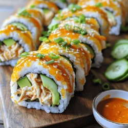 To make Tailgate Buffalo Chicken Sushi Rolls, you need a few key ingredients: - 2 cups sushi rice - 2 ½ cups water - ¼ cup rice vinegar - 1 tablespoon sugar - 1 teaspoon salt - 1 cup cooked chicken, shredded - ¼ cup buffalo sauce - 1 avocado, sliced - ½ cucumber, julienned - ¼ cup cream cheese, softened - 4 sheets nori (seaweed) These ingredients give the rolls a great taste and texture. Sushi rice is sticky, which helps hold everything together. The cooked chicken mixed with buffalo sauce adds a spicy kick. Cream cheese brings a creamy balance to the dish. Adding garnishes can elevate your sushi rolls. Here are some fun options: - Green onions - Sesame seeds These garnishes not only look nice but also add flavor. Green onions bring a fresh crunch, while sesame seeds add a nutty taste. You'll need some simple tools to make sushi rolls: - Bamboo sushi mat - Rice cooker or pot A bamboo mat helps you roll the sushi tightly. A rice cooker or pot cooks the sushi rice perfectly. Using these tools makes the process easier and more fun. For the complete guide, check the Full Recipe. To start, rinse the sushi rice. Rinse it under cold water until the water runs clear. This removes extra starch. Next, combine the rinsed rice with 2 ½ cups of water. You can use a rice cooker or a pot. Cook according to the instructions. If using a pot, bring to a boil, cover, and reduce heat. Let it cook for about 18-20 minutes until tender. Once the rice is done, make your seasoning. In a small pan, heat ¼ cup rice vinegar, 1 tablespoon sugar, and 1 teaspoon salt. Stir until the sugar dissolves. After that, transfer the cooked rice to a large bowl. Fold in the vinegar mixture gently. This adds a nice flavor. Let the rice cool to room temperature. Now, it’s time to assemble! Start with a bamboo sushi mat. Lay a sheet of nori shiny side down on the mat. With wet hands, spread about ½ cup of sushi rice evenly over the nori. Leave a 1-inch border at the top. This helps with rolling later. In the center of the rice, layer your fillings. Add the buffalo chicken first. Mix 1 cup of shredded chicken with ¼ cup of buffalo sauce before adding. Then, include some sliced avocado and julienned cucumber. Finally, add a small dollop of cream cheese. This will create a rich, creamy taste. It’s time to roll! Carefully lift the edge of the bamboo mat closest to you. Start rolling the sushi tightly away from you. Use the mat to press as you roll. Keep rolling until you reach the nori's edge. To seal the roll, wet the edge of the nori with a little water. Press lightly to keep it together. For cutting, use a sharp knife. Slice the roll into 6-8 pieces. Wipe the knife with a damp cloth after each cut for cleaner slices. Repeat this with the remaining ingredients until all rolls are made. Remember to garnish your sushi rolls with sliced green onions and a sprinkle of sesame seeds for a touch of color and flavor. You can find the full recipe for these delightful rolls above. Rinsing the rice is very important. This step removes excess starch. Too much starch makes the rice gummy. Rinse it until the water runs clear. This will help the rice become fluffy. For the rice-to-water ratio, use 1 cup of rice to 1.25 cups of water. This ratio gives you the right texture. If you want softer rice, add a little more water. Experiment to find what you like best. To boost flavor, try adding spices. A pinch of garlic powder or smoked paprika works well. You can also mix in a bit of ranch dressing with the buffalo sauce. This adds creaminess and a new twist. Pair your sushi rolls with dips. Extra buffalo sauce is great for dipping. You can also use ranch or blue cheese dressing. These add even more flavor and fun. One common mistake is rolling too loosely. This can cause the sushi to fall apart. To avoid this, use a bamboo mat. Press firmly as you roll to keep it tight. Another mistake is overfilling the sushi. Less is more when it comes to filling. If you add too much, it will be hard to roll. Stick to a small amount of each filling for better results. {{image_2}} You can switch up the chicken in your sushi rolls. Try using turkey for a leaner option. If you want something plant-based, use tofu or tempeh. Both options absorb flavors well. Just marinate them in buffalo sauce for a tasty twist. You can also use shrimp if you crave seafood. Change the filling to make your sushi rolls unique. You can add bell peppers for sweetness or shredded carrots for crunch. Cream cheese is great, but you can also try feta or goat cheese. These cheeses add a different flavor that pairs nicely with buffalo sauce. Buffalo sauce is classic, but don’t stop there. Try ranch dressing or blue cheese for a rich dip. You can also experiment with sriracha for heat. Mixing sauces can bring new life to your sushi rolls. Don’t be afraid to mix and match; it makes cooking fun! For more details on making these rolls, check out the Full Recipe. To keep your sushi rolls fresh, wrap them tightly in plastic wrap. This helps prevent air from drying them out. Store the wrapped rolls in the fridge. Use a container if you prefer. Keep them away from strong-smelling foods to avoid flavor changes. Freezing sushi rolls is a great way to save extras. First, wrap each roll in plastic wrap. Then, place them in a freezer-safe bag or container. Make sure to remove as much air as possible. To reheat, remove the wrap and let them sit at room temperature for 30 minutes. You can also warm them in the microwave for 10-15 seconds. Be careful not to overheat. Enjoy your sushi when it’s slightly warm, not hot! Sushi rolls stay fresh for about 1-2 days in the fridge. After this, their texture and taste may change. If you freeze them, they can last for about 1-2 months. Always check for any off smells or changes in color before eating. Staying safe with food is key. Yes, you can prepare these sushi rolls in advance. First, make the sushi rice and let it cool. You can shred the chicken and mix it with buffalo sauce a day before. Store the rice and chicken in airtight containers. Keep the nori sheets separate until you are ready to roll. This way, the nori stays crisp. When you're ready, just roll them up and cut them. This keeps everything fresh for your tailgate. The best buffalo sauce has a bold flavor with the right heat. I recommend brands like Frank's RedHot or Crystal. These sauces blend well with chicken. You can also try homemade versions. Mix hot sauce, butter, and a touch of garlic for a tasty twist. Adjust the heat to your liking. Remember to taste as you go. This will help you find the perfect flavor balance for your rolls. Yes, Buffalo Chicken Sushi Rolls can be gluten-free. Make sure to choose gluten-free nori. Most nori sheets are naturally gluten-free, but always check labels. For the buffalo sauce, look for brands labeled gluten-free. Some sauces may contain wheat, so read the ingredients. If you follow these tips, you can enjoy these rolls worry-free. Enjoy your tailgate feast without any gluten concerns! In this blog post, we explored how to make Tailgate Buffalo Chicken Sushi Rolls. You learned about the key ingredients like sushi rice, chicken, and nori. We detailed each step, from cooking the rice to rolling the sushi. You also discovered tips for perfect rice and ways to enhance flavor. Don't forget to try different proteins and fillings for fun variations. Whether you're tailgating or just snacking, these rolls bring excitement to any meal. Enjoy crafting your sushi rolls and impressing your friends!