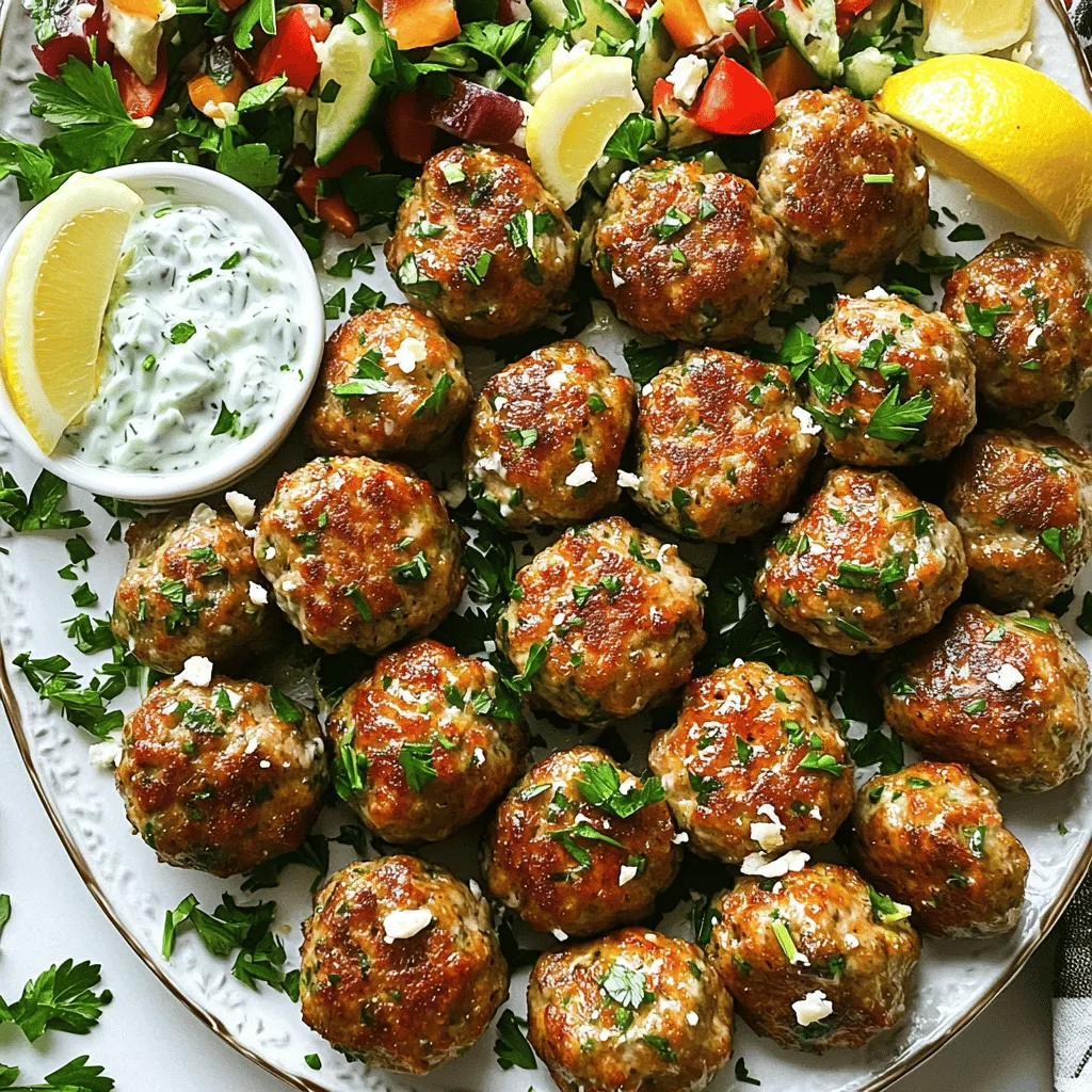 To create these tasty meatballs, you need the following main ingredients: - 1 pound ground turkey - ½ cup breadcrumbs - ¼ cup grated Parmesan cheese - 1 small onion, finely chopped - 2 cloves garlic, minced - 1 large egg - ¼ cup fresh parsley, chopped - 1 tablespoon fresh oregano, chopped (or 1 teaspoon dried) - 1 teaspoon dried thyme - ½ teaspoon salt - ¼ teaspoon black pepper - Zest of 1 lemon - 1 tablespoon olive oil (for cooking) These ingredients help give the meatballs their unique flavor. The ground turkey keeps them lean, while the egg helps bind everything together. The herbs and spices add freshness and depth. You can enhance the flavor of your meatballs by adding some optional ingredients. Consider these: - ¼ cup feta cheese, crumbled - ½ teaspoon red pepper flakes (for a spicy kick) - 1 tablespoon fresh mint, chopped Feta adds a creamy texture and tang, while mint and red pepper flakes brighten the dish. Feel free to mix and match based on your taste. These meatballs are not only delicious but also nutritious. Here's a quick overview: - Calories: About 250 per serving (5 meatballs) - Protein: Approximately 25g - Fat: Around 10g - Carbohydrates: Roughly 15g This recipe provides a good balance of protein and healthy fats. Plus, you can serve them with a side salad or tzatziki for more nutrients. For the full recipe, check out Juicy Greek Turkey Meatballs. To start, gather your ingredients. You need ground turkey, breadcrumbs, and Parmesan cheese. Also, grab a small onion, garlic, an egg, parsley, oregano, thyme, salt, and pepper. Don't forget the lemon for zest! In a large bowl, mix ground turkey, breadcrumbs, Parmesan, chopped onion, minced garlic, and lemon zest. Now, crack the egg into the bowl. Add chopped parsley, fresh oregano, dried thyme, salt, and pepper. Mix all the ingredients gently. Remember, overmixing makes the meatballs tough. Once combined, use your hands to form small balls, about 1 to 1.5 inches wide. You should have around 20 meatballs. Next, heat olive oil in a large skillet over medium heat. Once the oil is hot, add the meatballs. Make sure not to overcrowd the skillet. Cook the meatballs for 5-6 minutes on each side. They should turn golden brown and be fully cooked. Use a meat thermometer to check that the internal temperature reaches 165°F. After cooking, transfer the meatballs to a plate. Let them rest for a few minutes; this helps keep them juicy. For serving, place the meatballs on a large platter. Garnish with extra parsley and lemon wedges. Pair them with tzatziki sauce and a fresh Greek salad for a complete meal. Enjoy your delicious feast! For the full recipe, check out the details above. When mixing the meatball ingredients, start with a big bowl. Add ground turkey, breadcrumbs, and cheese first. Chop the onion and garlic finely. This helps spread their flavors well. For herbs, use fresh parsley and oregano when you can. They make a big difference! Mix everything gently. Overmixing can lead to tough meatballs. You want them soft and juicy. To cook juicy meatballs, heat olive oil in a skillet. Use medium heat, not high. High heat can burn the outside while leaving the inside raw. Place the meatballs in the skillet without crowding them. This helps them cook evenly. Cook for about 5-6 minutes on each side. Look for a golden-brown color. Always check the meatballs’ temperature. They need to reach 165°F for safety. These meatballs shine when served with tzatziki sauce. The cool sauce balances the warm, savory meatballs. You can also pair them with a Greek salad. Fresh veggies and feta cheese add a nice touch. Serve the meatballs on a large platter. Garnish with parsley and lemon wedges. This makes the dish look appealing and festive. For a full meal, include some warm pita bread too. Check out the Full Recipe for more ideas! {{image_2}} You can switch out turkey for other meats. Ground chicken works well for a lighter dish. If you crave beef, use lean ground beef. For a healthier choice, try ground lamb. Each option will bring a unique taste. Adjust the cooking time based on the meat you choose. Herbs can change the flavor of your meatballs. Try using fresh basil for a sweet note. Dill adds a fresh taste, perfect for summer meals. You can also mix in some mint for a bold twist. If you want a stronger flavor, add rosemary or thyme. Each herb brings its own special flair to the dish. Sauces can enhance your meatballs and add fun flavors. Tzatziki sauce is a classic choice, adding creaminess and coolness. A simple marinara sauce pairs well, too. For a spicy kick, try a harissa or sriracha sauce. You can even make a yogurt-based sauce with garlic and lemon. Each sauce can change your meal experience. Check the Full Recipe for more ideas on serving! To keep your leftover meatballs fresh, place them in an airtight container. Make sure the container is sealed tightly. You can store them in the fridge for up to three days. If you want to keep them longer, consider freezing them. To freeze your meatballs, first let them cool completely. Arrange them on a baking sheet in a single layer. Place the sheet in the freezer for about one hour. Once frozen, transfer the meatballs to a freezer-safe bag. Be sure to squeeze out any extra air. They can last in the freezer for up to three months. To reheat, you can use the oven or a skillet. For the oven, preheat it to 350°F. Place the meatballs on a baking tray and heat for about 15-20 minutes. If using a skillet, add a splash of water and cover it. Heat on medium until warm, about 5-7 minutes. For the best taste, do not overcook them. Enjoy your Juicy Greek Turkey Meatballs from the Full Recipe! To keep meatballs juicy, use moist ingredients like grated cheese and fresh herbs. Always mix gently; overmixing can make them tough. Adding a little olive oil helps too. Cooking at medium heat ensures they don’t cook too fast. You want them golden brown outside and moist inside. Yes, you can use ground chicken in this recipe. It works well and makes juicy meatballs. Just keep in mind that ground chicken may have less flavor than turkey. To enhance the taste, add extra herbs or spices. This way, you keep the dish exciting and fresh. These meatballs last about 3 to 4 days in the fridge. Store them in an airtight container to keep them fresh. If you want to enjoy them later, consider freezing them. Just be sure to separate layers with parchment paper so they don’t stick together. For more details, check out the Full Recipe. These Greek turkey meatballs are tasty and healthy. We covered key ingredients, cooking steps, and helpful tips. You can try different flavors or proteins to suit your taste. Storing and reheating them is easy, so you won’t waste any. In the end, these meatballs are fun to make and share. Enjoy cooking, and don't hesitate to mix things up!