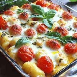 To make the Tomato Gnocchi Bake, you will need: - 1 lb (450g) potato gnocchi - 2 cups marinara sauce - 1 cup cherry tomatoes, halved - 1 cup mozzarella cheese, shredded - ½ cup Parmesan cheese, grated - 1 teaspoon dried basil - 1 teaspoon dried oregano - ½ teaspoon red pepper flakes (optional for a kick) - Salt and pepper to taste - Fresh basil leaves for garnish - 2 tablespoons olive oil These ingredients create a tasty dish that’s easy to prepare. The gnocchi gives it a soft texture. The marinara sauce adds rich flavor. The cheeses melt into a gooey topping. You will need a few simple tools: - A large pot for boiling the gnocchi - A large mixing bowl for combining ingredients - A greased baking dish for baking - A spoon for mixing - Aluminum foil to cover the dish while baking Having the right equipment makes cooking easier and more fun. You can enhance your Tomato Gnocchi Bake with these optional ingredients: - Fresh garlic, minced - Spinach or kale for greens - Sliced olives for a briny kick - Other herbs like thyme or parsley for extra freshness These options let you play with flavors and make the dish your own. Adding fresh garlic can bring out the sauce's taste. Spinach adds color and nutrition. Feel free to get creative! For the full recipe, you can check out the instructions shared above. Start by boiling water in a large pot. Add a good amount of salt to the water. Once it boils, add 1 pound of potato gnocchi. Cook for about 2 to 3 minutes. The gnocchi will float to the top when ready. This means they are done! Carefully drain the gnocchi and set them aside. You want them to be firm yet soft. In a large mixing bowl, combine the cooked gnocchi with 2 cups of marinara sauce. Next, add 1 cup of halved cherry tomatoes. Sprinkle in 1 teaspoon of dried basil and 1 teaspoon of dried oregano. If you enjoy spice, toss in ½ teaspoon of red pepper flakes. Stir gently to coat the gnocchi evenly. You want every piece to be covered with sauce and flavor. Grease your baking dish well. Spread half of the gnocchi mixture in the dish. Now, sprinkle half of the 1 cup of mozzarella cheese and ½ cup of Parmesan cheese over the top. Layer the rest of the gnocchi mixture on top. Finish with the remaining cheese. Drizzle 2 tablespoons of olive oil over everything. Season with salt and pepper to taste. Cover with foil and place in the oven at 375°F (190°C). Bake for 20 minutes, then remove the foil. Bake for another 10 to 15 minutes. Look for the cheese to be bubbly and golden brown. Once done, let it cool for a few minutes. Finally, garnish with fresh basil leaves. For the full recipe, refer to the earlier section. To make your Tomato Gnocchi Bake shine, start with fresh ingredients. Use ripe cherry tomatoes for sweetness. They burst with flavor as they cook. Choose a good quality marinara sauce. This sauce lays the base for your bake. Don't skip the cheese! Mozzarella gives it that melty texture. Parmesan adds a sharp bite. Avoid overcooking the gnocchi. They only need a few minutes in boiling water. If you let them cook too long, they become mushy. Make sure to mix the ingredients gently. Rough mixing can break the gnocchi apart. Lastly, don’t skip the foil while baking. Covering it helps the cheese melt evenly. Serve your Tomato Gnocchi Bake with a side salad for a fresh touch. A simple green salad with olive oil and lemon works well. You can also add garlic bread for a hearty meal. For a fun twist, pair it with a glass of red wine. This dish is perfect for sharing with friends. To explore more, check out the Full Recipe for extra tips! {{image_2}} You can switch up the sauce in your Tomato Gnocchi Bake. Try using pesto for a fresh twist. Alfredo sauce also works well for a creamy texture. You can blend marinara with a bit of cream for smoothness. As for cheeses, mix mozzarella with gouda or fontina for a richer flavor. You can also try mixing in some goat cheese for a tangy bite. To make this dish vegetarian, simply ensure your cheese is rennet-free. For a vegan option, use vegan gnocchi and swap cheese for a plant-based alternative. Nutritional yeast can add a cheesy flavor without dairy. You can even add extra veggies like spinach, zucchini, or bell peppers to boost nutrition and taste. Seasonal ingredients can elevate your Tomato Gnocchi Bake. In summer, use fresh basil and ripe heirloom tomatoes. In fall, swap cherry tomatoes for roasted butternut squash or pumpkin. Fresh herbs like thyme or rosemary work in winter for a hearty flavor. Use whatever is fresh and in season to make your dish shine. For the complete recipe, check out the Full Recipe section. To store leftover Tomato Gnocchi Bake, let it cool first. Then, place it in an airtight container. Keep it in the fridge. It stays good for about three days. Make sure to seal it well. This way, it won’t dry out. You can freeze the Tomato Gnocchi Bake too. First, let it cool completely. Then, cut it into serving sizes. Wrap each piece in plastic wrap. After that, put them in a freezer-safe bag. It will stay fresh for up to three months. Remember to label the bag with the date. This helps you keep track of what you have. Reheating is easy and quick. You can use the oven or microwave. For the oven, preheat it to 350°F (175°C). Place the gnocchi bake in a baking dish. Cover it with foil to keep it moist. Heat for about 20 minutes or until hot. If using a microwave, place a serving in a bowl. Heat for 2-3 minutes. Stir halfway to warm it evenly. Enjoy your leftovers just like the first time! For the full recipe, check out the section above. Yes, you can use frozen gnocchi. Just cook them straight from the freezer. Boil them for about 2-3 minutes until they float. This ensures they cook evenly and stay soft. Using frozen gnocchi saves time and makes your meal easy. Make sure to check the package for any specific cooking instructions. To make a gluten-free Tomato Gnocchi Bake, use gluten-free gnocchi. Many brands offer this type of gnocchi made from rice or corn flour. You can also make your own gnocchi using gluten-free flour. Just mix mashed potatoes with the special flour until you get a dough. This way, you enjoy the same great taste without gluten. Tomato Gnocchi Bake pairs well with salad and garlic bread. A fresh green salad adds crunch and balance to the dish. You can use mixed greens, tomatoes, and a light vinaigrette. Garlic bread is perfect for soaking up the sauce. If you want more sides, try steamed veggies or a simple soup. For the full recipe, check the detailed instructions above. This blog post covered how to make a tasty Tomato Gnocchi Bake. You learned the key ingredients, tools, and step-by-step instructions needed to create this dish. We discussed helpful tips and common mistakes, plus delicious variations to try. Lastly, we went over how to store leftovers and answered some common questions. Now, you’re ready to impress with this easy recipe. Enjoy every bite of your creation!