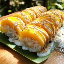 - 1 cup glutinous rice - 1 ½ cups coconut milk - 2 ripe mangoes - 2 tablespoons sugar - ¼ teaspoon salt - 2 tablespoons toasted sesame seeds - Steamer - Banana leaves or parchment paper - Saucepan For this tasty treat, the key ingredients set the foundation. Glutinous rice is a must. It gives the rolls their signature texture. The coconut milk adds a rich, creamy flavor. Ripe mangoes bring natural sweetness and a bright color. You also need some extra ingredients. Sugar enhances the sweetness. A pinch of salt balances the flavors. Finally, toasted sesame seeds add a nice crunch on top. For equipment, a steamer is essential. It cooks the rice perfectly. You will also need banana leaves or parchment paper. They help form the rolls. A simple saucepan is key for making the coconut sauce. With these ingredients and tools, you're ready to create sweet mango sticky rice rolls. Check out the Full Recipe for detailed steps to make this delightful dish! Rinse the rice Start by rinsing 1 cup of glutinous rice. Place the rice in a bowl and cover it with cold water. Swirl the rice gently with your hand. Drain the water. Repeat this process until the water runs clear. This step helps remove excess starch and keeps the rice from being too sticky. Soak the rice Next, soak the rinsed rice in clean water. You should soak it for at least 4 hours, but overnight is best. This helps the rice absorb water and cook evenly. When you’re ready, drain the rice again. Steaming instructions To cook the rice, you need a bamboo steamer or a suitable plate. Place the soaked rice in the steamer, lined with cheesecloth. Steam the rice for about 20-25 minutes. The rice should turn translucent and feel tender when done. Preparing the coconut sauce While the rice steams, make the coconut sauce. In a saucepan, mix 1 ½ cups of coconut milk, 2 tablespoons of sugar, and ¼ teaspoon of salt. Heat this mixture over medium-low heat. Stir until the sugar dissolves, but do not let it boil. Mixing rice with coconut sauce Once the rice is cooked, put it in a large bowl. Pour about 1 cup of the coconut sauce over the rice. Stir gently to combine. Let the rice sit for about 30 minutes. This helps the rice soak up the coconut flavor. Adding mango filling Now, lay out banana leaves or parchment paper. Take a handful of the sticky rice and shape it into a rectangle, about ½ inch thick, on the leaf. Place a few strips of ripe mango in the center of the rice rectangle. Rolling technique Carefully fold the banana leaf or parchment paper over the rice and mango. Roll it tightly to seal the filling inside. Repeat this for the rest of the rice and mango. When finished, place the rolls on a platter. Drizzle the remaining coconut sauce on top and sprinkle with toasted sesame seeds for garnish. For the full recipe, check the details provided above. Enjoy your delicious Sweet Mango Sticky Rice Rolls! Soaking the rice is a must. It helps the grains absorb water. I recommend soaking for at least 4 hours, but overnight is best. This step makes the rice soft and sticky. Steaming time is also key. If you steam for too long, the rice can become mushy. Aim for 20 to 25 minutes. You want the rice to be tender and slightly translucent. Adjusting sweetness can make a big difference. You can add more sugar if you like it sweeter. Taste the coconut sauce before mixing it with the rice. This way, you can get it just right for your palate. Don’t be afraid to add other toppings. Toasted sesame seeds add a nice crunch. You can also try shredded coconut or crushed nuts for extra flavor. When serving, arrange the rolls neatly on a platter. Drizzling extra coconut sauce over the top looks great. It adds a nice touch and extra flavor. For garnishing, sprinkle toasted sesame seeds or fresh mint leaves. A little color goes a long way in making your dish pop. {{image_2}} You can swap out mango for other fruits. Consider using ripe bananas, strawberries, or even kiwi. Each fruit adds a unique flavor and texture. Next, think about your coconut sauce. Sweetened coconut sauce adds a rich flavor. Unsweetened sauce offers a more subtle taste. Choose what fits your palate! If you want a vegan option, this recipe is already perfect. All ingredients are plant-based. For gluten-free needs, stick to glutinous rice. It is naturally gluten-free and safe for all diets. For a low-sugar version, reduce the sugar in the coconut sauce. You can also use sugar alternatives like agave or stevia. This keeps the sweetness without the extra sugar. Adding spices can enhance the taste. Try a pinch of cinnamon or a dash of cardamom. These spices pair well with mango and coconut. You can also play with sauces. Consider drizzling a passion fruit syrup over the rolls. This adds a tart and sweet contrast to the creamy coconut. To keep your Sweet Mango Sticky Rice Rolls fresh, store them in an airtight container. Place parchment paper between the rolls to prevent sticking. Refrigerate them for up to 3 days. When you're ready to enjoy them again, reheat the rolls in a steamer. It keeps the rice moist and soft. You can also microwave them for about 20 seconds. Just cover them with a damp paper towel to trap steam. You can freeze these rolls either before or after you assemble them. If you freeze them before, make sure to wrap each roll tightly in plastic wrap. This helps keep the flavors and textures intact. Freeze them for up to a month. When you're ready to eat, thaw them in the fridge overnight. If you freeze them after assembly, let them cool first. Then, follow the same thawing steps before reheating. In the fridge, Sweet Mango Sticky Rice Rolls last about 3 days. After that, they start to lose their fresh taste and texture. Watch for signs of spoilage, like an odd smell or color changes. If the rice feels dry or hard, it's time to toss it. Always trust your senses; if something seems off, it’s best to be safe. Sweet Mango Sticky Rice Rolls come from Thailand. This dish is part of Thai culture and is enjoyed by many. It is often served as a dessert or snack. The main ingredients are sticky rice, coconut milk, and ripe mango. These flavors blend beautifully and create a unique taste. The dish is a popular treat during festivals and celebrations. Many Thai people see it as comfort food. It reminds them of home and joyful moments. No, you cannot use regular rice instead of glutinous rice. Glutinous rice has a high starch content. This makes the rice sticky and chewy when cooked. Regular rice does not have these properties. It will not give you the same texture. This dish relies on that sticky quality for the best flavor. If you want the true taste of Sweet Mango Sticky Rice Rolls, always use glutinous rice. To make this recipe dairy-free, use almond or oat milk. These alternatives work well in place of coconut milk. You can also use a dairy-free coconut cream. Make sure to check the labels for added sugars. This helps keep the flavor balanced. The rolls will still taste great and have a nice texture. Enjoy your Sweet Mango Sticky Rice Rolls without dairy! For the full recipe, follow the steps outlined above. To wrap up, we explored how to make Sweet Mango Sticky Rice Rolls. You learned about key ingredients like glutinous rice, coconut milk, and ripe mangoes. I shared step-by-step instructions and helpful tips for perfect results. You also saw variations, storage options, and addressed common questions. Enjoy making this dish! It’s fun, tasty, and perfect for sharing with friends. Happy cooking!