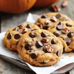 To make chocolate chip pumpkin cookies, you need a few key ingredients. Each one plays an important role in flavor and texture. Here’s what you will need: - 1 cup pumpkin puree (canned or fresh) - 1/2 cup unsalted butter, softened - 1 cup brown sugar, packed - 1/2 cup granulated sugar - 1 large egg - 1 teaspoon vanilla extract - 2 cups all-purpose flour - 1/2 teaspoon baking soda - 1/2 teaspoon baking powder - 1 teaspoon ground cinnamon - 1/2 teaspoon ground nutmeg - 1/4 teaspoon ground ginger - 1/2 teaspoon salt - 1 cup chocolate chips (semi-sweet or dark) - 1/2 cup pecans or walnuts (optional, chopped) Each ingredient adds to the delicious taste of these cookies. Pumpkin gives them moisture and flavor. The sugars add sweetness, while the butter keeps them soft and chewy. I recommend using Libby's for pumpkin puree. It has a smooth texture and rich flavor. For chocolate chips, Ghirardelli is my go-to choice. Their chips melt well and taste great in cookies. These brands help make your cookies extra special. If you need to make changes, that’s okay! Here are some easy swaps: - Use coconut oil instead of butter for a dairy-free option. - Replace brown sugar with coconut sugar for a healthier choice. - Try gluten-free flour for a gluten-free version. - You can skip nuts if you want a nut-free cookie. These substitutions will still give you tasty cookies, even if they change the flavor slightly. Enjoy exploring these options! For the full recipe, check out the details above. Start by preheating your oven to 350°F (175°C). This step ensures that your cookies bake evenly. While the oven heats, grab a large mixing bowl. Cream together 1/2 cup of softened butter, 1 cup of brown sugar, and 1/2 cup of granulated sugar. Mix until the mixture is light and fluffy. This should take about 2-3 minutes. Next, add in 1 cup of pumpkin puree, 1 large egg, and 1 teaspoon of vanilla extract. Mix these ingredients well until they blend nicely. In another bowl, whisk together the dry ingredients. You will need 2 cups of all-purpose flour, 1/2 teaspoon of baking soda, 1/2 teaspoon of baking powder, 1 teaspoon of ground cinnamon, 1/2 teaspoon of ground nutmeg, 1/4 teaspoon of ground ginger, and 1/2 teaspoon of salt. Gradually add this dry mix to your wet mixture. Stir until just combined. Be careful not to overmix, or your cookies might turn out tough. Finally, fold in 1 cup of chocolate chips and chopped nuts if you like. Once your dough is ready, use a spoon or cookie scoop to drop rounded tablespoons onto a lined baking sheet. Space them about 2 inches apart. This space helps them spread without sticking together. Place the baking sheet in the oven and bake for 12-15 minutes. Keep an eye on them. You want the edges to be golden while the centers remain soft. After baking, take the cookies out of the oven. Let them cool on the baking sheet for about 5 minutes. This time allows them to set. Then, transfer the cookies to a wire rack to cool completely. For a fun presentation, serve them on a festive plate lined with parchment paper. You can sprinkle extra chocolate chips and nuts on top for a nice touch. A glass of cold milk pairs perfectly with these tasty treats! If you want to see the full recipe, you can check it out above. To get soft and chewy cookies, use room temperature butter. Cream it well with sugars. Mix until fluffy, about three minutes. This step adds air and lightness. Don’t overmix the dough once you add dry ingredients. Overmixing leads to tough cookies. Also, chill the dough for 30 minutes before baking. Chilling helps cookies keep their shape. When baking more than one batch, keep an eye on the time. Bake the cookies on the center rack for even heat. If you have two trays, rotate them halfway through. This way, both trays bake evenly. Always use parchment paper to prevent sticking. If you have leftover dough, store it in the fridge. You can bake the next day for fresh cookies! Spices make your cookies shine. Ground cinnamon adds warmth. Try nutmeg for a sweet touch and ginger for spice. You can also add mix-ins like chopped nuts or dried fruit. For a twist, use white chocolate chips or butterscotch chips. A pinch of sea salt on top before baking boosts the flavor. Don't forget to check the Full Recipe for even more ideas! {{image_2}} You can make these cookies without nuts and dairy. For a nut-free version, skip the nuts entirely. Replace the butter with a dairy-free alternative, like coconut oil or vegan butter. This way, everyone can enjoy these tasty treats. Mix-ins can change the flavor and texture of your cookies. Try adding nuts like pecans or walnuts for a nice crunch. Dried fruits, like cranberries or raisins, can add sweetness and chewiness. You can even add white chocolate chips for a fun twist. Just remember to keep the total mix-ins to about a cup. Fall brings so many flavors to explore. You can add a dash of maple syrup for a richer taste. Consider mixing in chopped apples or pears for a fruity touch. Adding a pinch of allspice or cloves can give your cookies an even warmer flavor. These small changes can make your cookies unique and special for the season. You can find the full recipe for these delicious Chocolate Chip Pumpkin Cookies above. Enjoy experimenting with these variations! To keep your chocolate chip pumpkin cookies fresh, store them in an airtight container. Place parchment paper between layers to prevent sticking. Keep the container at room temperature. This method keeps your cookies soft and chewy. You can freeze these cookies for later. Let the cookies cool completely first. Place them in a single layer on a baking sheet and freeze for about two hours. Once frozen, transfer the cookies to a freezer bag. Be sure to label it with the date. They will stay fresh for up to three months. When stored properly, these cookies last up to one week at room temperature. If you freeze them, they can last for three months. This makes them perfect for making ahead of time or for sharing with friends. For the full recipe, check the section above. Yes, you can use fresh pumpkin. Fresh pumpkin gives a nice flavor. To prepare, cook the pumpkin until soft. Then, mash it into a smooth puree. Make sure to measure it just like you would with canned pumpkin. This swap adds a fun twist to your cookies! I recommend semi-sweet chocolate chips for balance. They melt nicely and add rich flavor. Dark chocolate chips work well too if you prefer less sweetness. Some people even mix both types for a delightful treat. Choose what you love most! To make these cookies gluten-free, swap regular flour with gluten-free flour. Look for a blend that works for baking. Keep in mind that the texture may change slightly. You might need to add more pumpkin puree to keep them moist. Enjoy your tasty cookies without worry! - Full Recipe Details: For the complete recipe, check out the Chocolate Chip Pumpkin Bliss Cookies section. In this post, I covered how to make chocolate chip pumpkin cookies. We explored essential ingredients, including top brands and substitutions. You learned step-by-step how to prepare, bake, and serve these treats. I shared tips for the best texture and ways to add flavor. We also discussed fun variations and smart storage methods. Now, you have all the tools to bake delicious cookies your friends and family will love. Enjoy the process and share these tasty cookies with others!