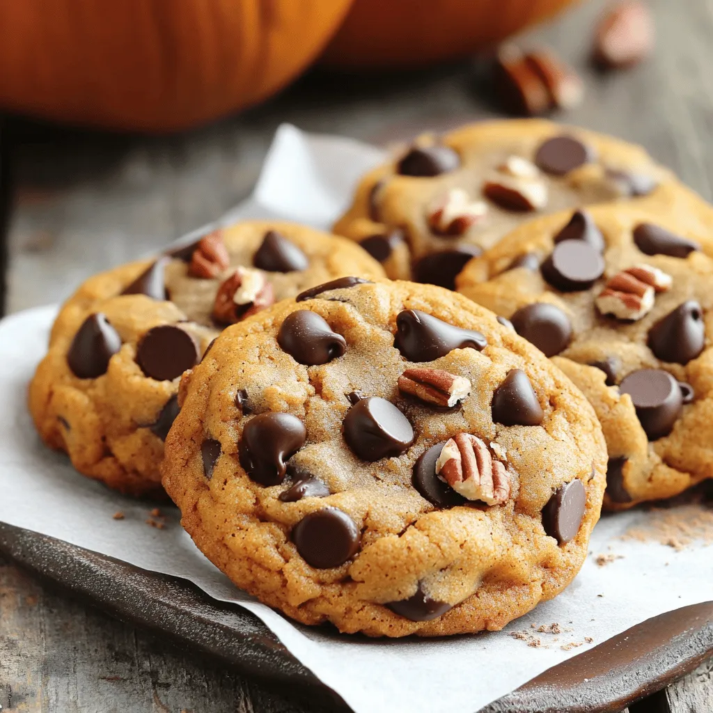 To make chocolate chip pumpkin cookies, you need a few key ingredients. Each one plays an important role in flavor and texture. Here’s what you will need: - 1 cup pumpkin puree (canned or fresh) - ½ cup unsalted butter, softened - 1 cup brown sugar, packed - ½ cup granulated sugar - 1 large egg - 1 teaspoon vanilla extract - 2 cups all-purpose flour - ½ teaspoon baking soda - ½ teaspoon baking powder - 1 teaspoon ground cinnamon - ½ teaspoon ground nutmeg - ¼ teaspoon ground ginger - ½ teaspoon salt - 1 cup chocolate chips (semi-sweet or dark) - ½ cup pecans or walnuts (optional, chopped) Each ingredient adds to the delicious taste of these cookies. Pumpkin gives them moisture and flavor. The sugars add sweetness, while the butter keeps them soft and chewy. I recommend using Libby's for pumpkin puree. It has a smooth texture and rich flavor. For chocolate chips, Ghirardelli is my go-to choice. Their chips melt well and taste great in cookies. These brands help make your cookies extra special. If you need to make changes, that’s okay! Here are some easy swaps: - Use coconut oil instead of butter for a dairy-free option. - Replace brown sugar with coconut sugar for a healthier choice. - Try gluten-free flour for a gluten-free version. - You can skip nuts if you want a nut-free cookie. These substitutions will still give you tasty cookies, even if they change the flavor slightly. Enjoy exploring these options! For the full recipe, check out the details above. Start by preheating your oven to 350°F (175°C). This step ensures that your cookies bake evenly. While the oven heats, grab a large mixing bowl. Cream together ½ cup of softened butter, 1 cup of brown sugar, and ½ cup of granulated sugar. Mix until the mixture is light and fluffy. This should take about 2-3 minutes. Next, add in 1 cup of pumpkin puree, 1 large egg, and 1 teaspoon of vanilla extract. Mix these ingredients well until they blend nicely. In another bowl, whisk together the dry ingredients. You will need 2 cups of all-purpose flour, ½ teaspoon of baking soda, ½ teaspoon of baking powder, 1 teaspoon of ground cinnamon, ½ teaspoon of ground nutmeg, ¼ teaspoon of ground ginger, and ½ teaspoon of salt. Gradually add this dry mix to your wet mixture. Stir until just combined. Be careful not to overmix, or your cookies might turn out tough. Finally, fold in 1 cup of chocolate chips and chopped nuts if you like. Once your dough is ready, use a spoon or cookie scoop to drop rounded tablespoons onto a lined baking sheet. Space them about 2 inches apart. This space helps them spread without sticking together. Place the baking sheet in the oven and bake for 12-15 minutes. Keep an eye on them. You want the edges to be golden while the centers remain soft. After baking, take the cookies out of the oven. Let them cool on the baking sheet for about 5 minutes. This time allows them to set. Then, transfer the cookies to a wire rack to cool completely. For a fun presentation, serve them on a festive plate lined with parchment paper. You can sprinkle extra chocolate chips and nuts on top for a nice touch. A glass of cold milk pairs perfectly with these tasty treats! If you want to see the full recipe, you can check it out above. To get soft and chewy cookies, use room temperature butter. Cream it well with sugars. Mix until fluffy, about three minutes. This step adds air and lightness. Don’t overmix the dough once you add dry ingredients. Overmixing leads to tough cookies. Also, chill the dough for 30 minutes before baking. Chilling helps cookies keep their shape. When baking more than one batch, keep an eye on the time. Bake the cookies on the center rack for even heat. If you have two trays, rotate them halfway through. This way, both trays bake evenly. Always use parchment paper to prevent sticking. If you have leftover dough, store it in the fridge. You can bake the next day for fresh cookies! Spices make your cookies shine. Ground cinnamon adds warmth. Try nutmeg for a sweet touch and ginger for spice. You can also add mix-ins like chopped nuts or dried fruit. For a twist, use white chocolate chips or butterscotch chips. A pinch of sea salt on top before baking boosts the flavor. Don't forget to check the Full Recipe for even more ideas! {{image_2}} You can make these cookies without nuts and dairy. For a nut-free version, skip the nuts entirely. Replace the butter with a dairy-free alternative, like coconut oil or vegan butter. This way, everyone can enjoy these tasty treats. Mix-ins can change the flavor and texture of your cookies. Try adding nuts like pecans or walnuts for a nice crunch. Dried fruits, like cranberries or raisins, can add sweetness and chewiness. You can even add white chocolate chips for a fun twist. Just remember to keep the total mix-ins to about a cup. Fall brings so many flavors to explore. You can add a dash of maple syrup for a richer taste. Consider mixing in chopped apples or pears for a fruity touch. Adding a pinch of allspice or cloves can give your cookies an even warmer flavor. These small changes can make your cookies unique and special for the season. You can find the full recipe for these delicious Chocolate Chip Pumpkin Cookies above. Enjoy experimenting with these variations! To keep your chocolate chip pumpkin cookies fresh, store them in an airtight container. Place parchment paper between layers to prevent sticking. Keep the container at room temperature. This method keeps your cookies soft and chewy. You can freeze these cookies for later. Let the cookies cool completely first. Place them in a single layer on a baking sheet and freeze for about two hours. Once frozen, transfer the cookies to a freezer bag. Be sure to label it with the date. They will stay fresh for up to three months. When stored properly, these cookies last up to one week at room temperature. If you freeze them, they can last for three months. This makes them perfect for making ahead of time or for sharing with friends. For the full recipe, check the section above. Yes, you can use fresh pumpkin. Fresh pumpkin gives a nice flavor. To prepare, cook the pumpkin until soft. Then, mash it into a smooth puree. Make sure to measure it just like you would with canned pumpkin. This swap adds a fun twist to your cookies! I recommend semi-sweet chocolate chips for balance. They melt nicely and add rich flavor. Dark chocolate chips work well too if you prefer less sweetness. Some people even mix both types for a delightful treat. Choose what you love most! To make these cookies gluten-free, swap regular flour with gluten-free flour. Look for a blend that works for baking. Keep in mind that the texture may change slightly. You might need to add more pumpkin puree to keep them moist. Enjoy your tasty cookies without worry! - Full Recipe Details: For the complete recipe, check out the Chocolate Chip Pumpkin Bliss Cookies section. In this post, I covered how to make chocolate chip pumpkin cookies. We explored essential ingredients, including top brands and substitutions. You learned step-by-step how to prepare, bake, and serve these treats. I shared tips for the best texture and ways to add flavor. We also discussed fun variations and smart storage methods. Now, you have all the tools to bake delicious cookies your friends and family will love. Enjoy the process and share these tasty cookies with others!