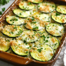 - 4 medium zucchinis, sliced into thin rounds - 4 tablespoons unsalted butter - 4 cloves garlic, minced - 1 cup shredded mozzarella cheese - 1/2 cup grated Parmesan cheese - 1 teaspoon dried oregano - 1 teaspoon dried thyme - Salt and pepper to taste - 1/2 cup breadcrumbs (preferably panko for extra crunch) - Fresh parsley, chopped (for garnish) When I make Garlic Butter Zucchini Casserole, I start with fresh zucchinis. Look for ones that are firm and shiny. The unsalted butter brings richness to the dish, while the minced garlic adds a punch of flavor. I love using mozzarella cheese for its meltiness. It makes the casserole gooey and delightful. The Parmesan cheese adds a nice salty kick that balances the dish. For seasonings, I stick to simple herbs like oregano and thyme. They elevate the dish without overpowering the fresh taste of zucchini. Salt and pepper are key for enhancing all the flavors. The breadcrumbs provide a crunchy topping. I recommend using panko for extra texture. Finally, I always add fresh parsley for color and a bit of freshness. If you want to see how to put all these ingredients together, check out the Full Recipe. - Step 1: Preheat the oven Set your oven to 375°F (190°C). This helps the casserole cook evenly. - Step 2: Sautéing garlic in butter In your large skillet, melt 4 tablespoons of unsalted butter over medium heat. Add 4 minced garlic cloves. Sauté for 1-2 minutes until it smells great. Do not let it brown. - Step 3: Adding zucchini and seasonings Slice 4 medium zucchinis into thin rounds. Add them to the skillet. Season with salt, pepper, 1 teaspoon of dried oregano, and 1 teaspoon of dried thyme. Cook for about 5-7 minutes. Stir often till the zucchinis are tender but still have a little crunch. - Step 4: Mixing in cheeses Take the skillet off the heat and let it cool for a few minutes. In a large bowl, mix the sautéed zucchini with 1 cup of shredded mozzarella cheese and 1/2 cup of grated Parmesan cheese. Stir well to spread the cheese evenly. - Step 5: Transfer to casserole dish Grease a 9x13-inch casserole dish. Pour the zucchini mixture into it, spreading it out evenly. - Step 6: Preparing breadcrumb topping In a small bowl, mix 1/2 cup of breadcrumbs with the remaining Parmesan cheese. Sprinkle this mix on top of the zucchini. - Step 7: Baking time and final touches Bake your dish in the preheated oven for 25-30 minutes. Look for a golden brown top. When it’s done, take it out and let it sit for about 5 minutes. You can garnish with fresh chopped parsley for a pop of color. For the full recipe, check the section above. Choosing the right zucchini Pick medium-sized zucchinis that feel firm. Look for shiny skin. Avoid zucchinis with soft spots or blemishes. Fresh zucchinis have a bright color and a good crunch. They should smell fresh, not bitter. Avoiding mushy texture To keep zucchini firm, cook it just until tender. Overcooking leads to mushy zucchini. Sauté it for about 5-7 minutes, stirring often. You want a slight bite in each piece. If you want to reduce moisture, slice the zucchini and sprinkle salt on it. Let it sit for 15 minutes, then rinse and pat dry. Adding spices and herbs Boost flavor with your favorite spices. I like adding dried oregano and thyme to my garlic butter zucchini casserole. Try a pinch of red pepper flakes for heat. Fresh herbs like basil or parsley can add brightness. Mix and match to find your perfect blend. Cheese alternatives and substitutes Mozzarella and Parmesan are great, but you can mix it up. Try goat cheese for a tangy kick. For a creamier texture, use ricotta. If you want a dairy-free option, choose nut-based cheeses. These are tasty and add a new twist to your dish. Serving options: individual plates or family style You can serve your casserole in a large dish for family style. Just spoon out portions at the table. For a more elegant touch, serve in individual ramekins. This makes each guest feel special and looks great on the table. Garnishing techniques Garnish with fresh parsley for a pop of color. A sprinkle of extra Parmesan adds a nice touch too. For a fancy flair, drizzle a bit of olive oil over the top. This not only looks beautiful but also enhances the flavor. {{image_2}} For a dairy-free version, use non-dairy cheese. Brands like Daiya or Violife work well. They melt nicely and keep the dish creamy. You can also swap butter with olive oil or a non-dairy butter alternative. This keeps the garlic flavor strong while ensuring it fits your diet. Want to make the casserole heartier? Add some protein! You can mix in cooked chicken or turkey for extra flavor. If you prefer plant-based options, try adding black beans or chickpeas. They add protein and fiber while keeping the dish healthy. Just fold them in with the zucchini and cheese before baking. Zucchini is a great base, but you can mix in other veggies. Consider adding bell peppers or tomatoes for a pop of color and taste. You can also use spinach or kale for added nutrients. Take advantage of what's fresh in your garden or local market to keep this dish exciting. Just chop and toss them in with the main ingredients before baking. For the complete Garlic Butter Zucchini Casserole recipe, check the Full Recipe section. To store leftovers of your Garlic Butter Zucchini Casserole, let it cool first. Once cool, cover it tightly with plastic wrap or foil. You can also place it in an airtight container. Store it in the fridge for up to three days. This way, you keep the flavors fresh and tasty. If you want to freeze your casserole, first let it cool completely. Then, cut it into portions. Wrap each piece in plastic wrap, then place all the pieces in a freezer bag. Squeeze out the air before sealing. You can freeze it for up to two months. To reheat, thaw it in the fridge overnight. Bake it at 350°F (175°C) until hot, about 20-30 minutes. Your Garlic Butter Zucchini Casserole stays fresh for about three days in the fridge. If frozen, it can last up to two months. Always check for signs of spoilage, like off smells or changes in texture. Enjoy this dish with confidence, knowing it will taste great for days! Yes, you can use other vegetables. Bell peppers, mushrooms, or spinach work well. These veggies add color and flavor. Just slice them thinly like the zucchini. Cook them for a few minutes to soften before mixing. This makes your casserole even more tasty and colorful. To make this dish gluten-free, swap breadcrumbs for gluten-free options. You can use crushed gluten-free crackers or oats. Ensure all other ingredients are gluten-free too. This way, everyone can enjoy the casserole without worry. It still tastes great, and no one will miss the regular breadcrumbs! This casserole pairs well with many dishes. Try serving it with grilled chicken or fish. A fresh salad on the side is also nice. You can even serve it with rice or quinoa. These add some healthy carbs and round out your meal. Yes, you can make this dish ahead. Prepare the casserole, but do not bake it. Cover it and store it in the fridge for up to 24 hours. When ready, just pop it in the oven. This makes meal prep easy and saves time later. No, you do not need to peel the zucchini. The skin adds color and nutrition. Just wash the zucchini well before slicing. If you prefer a softer texture, you can peel it. But keeping the skin gives more flavor and crunch in the casserole. For the Full Recipe, check the ingredients and steps above to start cooking! This blog post covered a delicious Garlic Butter Zucchini Casserole. You learned about the main ingredients, step-by-step cooking instructions, and useful tips. I shared variations, storage methods, and answered common questions. This dish is tasty, easy to make, and perfect for any meal. Try it with your favorite sides or customize it to your taste. Enjoy cooking and sharing this delightful recipe with friends and family!